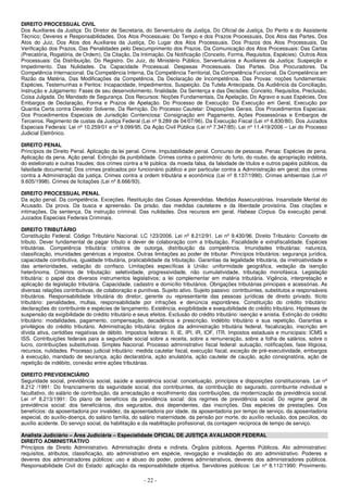 - 22 -
DIREITO PROCESSUAL CIVIL
Dos Auxiliares da Justiça: Do Diretor de Secretaria, do Serventuário da Justiça, Do Oficial de Justiça, Do Perito e do Assistente
Técnico; Deveres e Responsabilidades. Dos Atos Processuais: Do Tempo e dos Prazos Processuais, Dos Atos das Partes, Dos
Atos do Juiz, Dos Atos dos Auxiliares da Justiça, Do Lugar dos Atos Processuais. Dos Prazos dos Atos Processuais, Da
Verificação dos Prazos, Das Penalidades pelo Descumprimento dos Prazos. Da Comunicação dos Atos Processuais: Das Cartas
(Precatória, Rogatória, de Ordem), Da Citação, Da Intimação, Da Notificação (Conceito, Forma, Requisitos, Espécies). Outros Atos
Processuais: Da Distribuição, Do Registro. Do Juiz, do Ministério Público, Serventuários e Auxiliares da Justiça: Suspeição e
Impedimento. Das Nulidades. Da Capacidade Processual. Despesas Processuais. Das Partes. Dos Procuradores. Da
Competência Internacional. Da Competência Interna, Da Competência Territorial, Da Competência Funcional, Da Competência em
Razão da Matéria, Das Modificações da Competência, Da Declaração de Incompetência. Das Provas: noções fundamentais:
Espécies, Testemunhas e Peritos: Incapacidade, Impedimentos, Suspeição. Da Tutela Antecipada. Da Audiência da Conciliação,
Instrução e Julgamento: Fases de seu desenvolvimento, finalidade. Da Sentença e das Decisões: Conceito, Requisitos, Preclusão,
Coisa Julgada. Do Mandado de Segurança. Dos Recursos: Noções Fundamentais, Da Apelação, Do Agravo e suas Espécies, Dos
Embargos de Declaração, Forma e Prazos de Apelação. Do Processo de Execução: Da Execução em Geral, Execução por
Quantia Certa contra Devedor Solvente, Da Remição. Do Processo Cautelar: Disposições Gerais. Dos Procedimentos Especiais:
Dos Procedimentos Especiais de Jurisdição Contenciosa: Consignação em Pagamento, Ações Possessórias e Embargos de
Terceiros. Regimento de custas da Justiça Federal (Lei nº 9.289 de 04/07/96). Da Execução Fiscal (Lei nº 6.830/80). Dos Juizados
Especiais Federais: Lei nº 10.259/01 e nº 9.099/95. Da Ação Civil Pública (Lei nº 7.347/85). Lei nº 11.419/2006 – Lei do Processo
Judicial Eletrônico.
DIREITO PENAL
Princípios de Direito Penal. Aplicação da lei penal. Crime. Imputabilidade penal. Concurso de pessoas. Penas: Espécies de pena.
Aplicação da pena. Ação penal. Extinção da punibilidade. Crimes contra o patrimônio: do furto, do roubo, da apropriação indébita,
do estelionato e outras fraudes; dos crimes contra a fé pública: da moeda falsa, da falsidade de títulos e outros papéis públicos, da
falsidade documental; Dos crimes praticados por funcionário público e por particular contra a Administração em geral; dos crimes
contra a Administração da justiça. Crimes contra a ordem tributária e econômica (Lei nº 8.137/1990). Crimes ambientais (Lei nº
9.605/1998). Crimes de licitações (Lei nº 8.666/93).
DIREITO PROCESSUAL PENAL
Da ação penal. Da competência. Exceções. Restituição das Coisas Apreendidas. Medidas Assecuratórias. Insanidade Mental do
Acusado. Da prova. Da busca e apreensão. Da prisão, das medidas cautelares e da liberdade provisória. Das citações e
intimações. Da sentença. Da instrução criminal. Das nulidades. Dos recursos em geral. Habeas Corpus. Da execução penal.
Juizados Especiais Federais Criminais.
DIREITO TRIBUTÁRIO
Constituição Federal. Código Tributário Nacional. LC 123/2006. Lei nº 8.212/91. Lei nº 9.430/96. Direito Tributário: Conceito de
tributo. Dever fundamental de pagar tributo e dever de colaboração com a tributação. Fiscalidade e extrafiscalidade. Espécies
tributárias. Competência tributária: critérios de outorga, distribuição da competência. Imunidades tributárias: natureza,
classificação, imunidades genéricas a impostos. Outras limitações ao poder de tributar. Princípios tributários: segurança jurídica,
capacidade contributiva, igualdade tributária, praticabilidade da tributação. Garantias da legalidade tributária, da irretroatividade e
das anterioridades, vedação do confisco. Limitações específicas à União: uniformidade geográfica, vedação da isenção
heterônoma. Critérios de tributação: seletividade, progressividade, não cumulatividade, tributação monofásica. Legislação
tributária: o papel dos diversos instrumentos legislativos; a lei complementar em matéria tributária. Vigência, interpretação e
aplicação da legislação tributária. Capacidade, cadastro e domicílio tributários. Obrigações tributárias principais e acessórias. As
diversas relações contributivas, de colaboração e punitivas. Sujeito ativo. Sujeito passivo: contribuintes, substitutos e responsáveis
tributários. Responsabilidade tributária do diretor, gerente ou representante das pessoas jurídicas de direito privado. Ilícito
tributário: penalidades, multas, responsabilidade por infrações e denúncia espontânea. Constituição do crédito tributário:
declarações do contribuinte e espécies de lançamento. Existência, exigibilidade e exequibilidade do crédito tributário. Hipóteses de
suspensão da exigibilidade do crédito tributário e seus efeitos. Exclusão do crédito tributário: isenção e anistia. Extinção do crédito
tributário: modalidades, pagamento, compensação, decadência e prescrição. Indébito tributário e sua repetição. Garantias e
privilégios do crédito tributário. Administração tributária: órgãos da administração tributária federal, fiscalização, inscrição em
dívida ativa, certidões negativas de débito. Impostos federais: II, IE, IPI, IR, IOF, ITR. Impostos estaduais e municipais: ICMS e
ISS. Contribuições federais para a seguridade social sobre a receita, sobre a remuneração, sobre a folha de salários, sobre o
lucro, contribuições substitutivas. Simples Nacional. Processo administrativo fiscal federal: autuação, notificações, fase litigiosa,
recursos, nulidades. Processo judicial tributário: medida cautelar fiscal, execução fiscal, exceção de pré-executividade, embargos
à execução, mandado de seurança, ação declaratória, ação anulatória, ação cautelar de caução, ação consignatória, ação de
repetição de indébito, conexão entre ações tributárias.
DIREITO PREVIDENCIÁRIO
Seguridade social, previdência social, saúde e assistência social: conceituação, princípios e disposições constitucionais. Lei nº
8.212 /1991: Do financiamento da seguridade social, dos contribuintes, da contribuição do segurado, contribuinte individual e
facultativo, do salário de contribuição, da arrecadação e recolhimento das contribuições, da modernização da previdência social.
Lei nº 8.213/1991: Do plano de benefícios da previdência social: dos regimes de previdência social. Do regime geral de
previdência social: dos beneficiários, dos segurados, dos dependentes, das inscrições. Das espécies de prestações. Dos
benefícios: da aposentadoria por invalidez, da aposentadoria por idade, da aposentadoria por tempo de serviço, da aposentadoria
especial, do auxílio-doença, do salário família, do salário maternidade, da pensão por morte, do auxílio reclusão, dos pecúlios, do
auxílio acidente. Do serviço social, da habilitação e da reabilitação profissional, da contagem recíproca de tempo de serviço.
Analista Judiciário – Área Judiciária – Especialidade OFICIAL DE JUSTIÇA AVALIADOR FEDERAL
DIREITO ADMINISTRATIVO
Princípios de Direito Administrativo. Administração direta e indireta. Órgãos públicos. Agentes Públicos. Ato administrativo:
requisitos, atributos, classificação, ato administrativo em espécie, revogação e invalidação do ato administrativo. Poderes e
deveres dos administradores públicos: uso e abuso do poder, poderes administrativos, deveres dos administradores públicos.
Responsabilidade Civil do Estado: aplicação da responsabilidade objetiva. Servidores públicos: Lei nº 8.112/1990: Provimento.
 