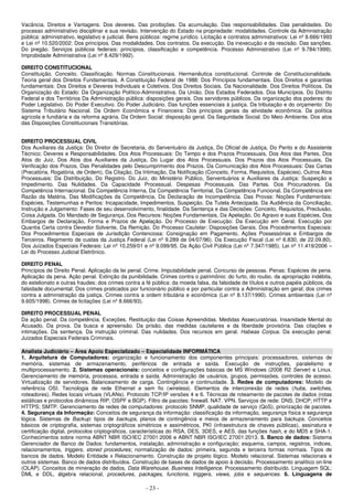 - 23 -
Vacância. Direitos e Vantagens. Dos deveres. Das proibições. Da acumulação. Das responsabilidades. Das penalidades. Do
processo administrativo disciplinar e sua revisão. Intervenção do Estado na propriedade: modalidades. Controle da Administração
pública: administrativo, legislativo e judicial. Bens públicos: regime jurídico. Licitação e contratos administrativos: Lei nº 8.666/1993
e Lei nº 10.520/2002: Dos princípios. Das modalidades. Dos contratos. Da execução. Da inexecução e da rescisão. Das sanções.
Do pregão. Serviços públicos federais: princípios, classificação e competência. Processo Administrativo (Lei nº 9.784/1999).
Improbidade Administrativa (Lei nº 8.429/1992).
DIREITO CONSTITUCIONAL
Constituição. Conceito. Classificação. Normas Constitucionais. Hermenêutica constitucional. Controle de Constitucionalidade.
Teoria geral dos Direitos Fundamentais. A Constituição Federal de 1988: Dos Princípios fundamentais. Dos Direitos e garantias
fundamentais: Dos Direitos e Deveres Individuais e Coletivos. Dos Direitos Sociais. Da Nacionalidade. Dos Direitos Políticos. Da
Organização do Estado: Da Organização Político-Administrativa. Da União. Dos Estados Federados. Dos Municípios. Do Distrito
Federal e dos Territórios Da Administração pública: disposições gerais. Dos servidores públicos. Da organização dos poderes: do
Poder Legislativo. Do Poder Executivo. Do Poder Judiciário. Das funções essenciais à justiça. Da tributação e do orçamento: Do
Sistema Tributário Nacional. Da Ordem Econômica e Financeira: Dos princípios gerais da atividade econômica. Da política
agrícola e fundiária e da reforma agrária. Da Ordem Social: disposição geral. Da Seguridade Social. Do Meio Ambiente. Dos atos
das Disposições Constitucionais Transitórias.
DIREITO PROCESSUAL CIVIL
Dos Auxiliares da Justiça: Do Diretor de Secretaria, do Serventuário da Justiça, Do Oficial de Justiça, Do Perito e do Assistente
Técnico; Deveres e Responsabilidades. Dos Atos Processuais: Do Tempo e dos Prazos Processuais, Dos Atos das Partes, Dos
Atos do Juiz, Dos Atos dos Auxiliares da Justiça, Do Lugar dos Atos Processuais. Dos Prazos dos Atos Processuais, Da
Verificação dos Prazos, Das Penalidades pelo Descumprimento dos Prazos. Da Comunicação dos Atos Processuais: Das Cartas
(Precatória, Rogatória, de Ordem), Da Citação, Da Intimação, Da Notificação (Conceito, Forma, Requisitos, Espécies). Outros Atos
Processuais: Da Distribuição, Do Registro. Do Juiz, do Ministério Público, Serventuários e Auxiliares da Justiça: Suspeição e
Impedimento. Das Nulidades. Da Capacidade Processual. Despesas Processuais. Das Partes. Dos Procuradores. Da
Competência Internacional. Da Competência Interna, Da Competência Territorial, Da Competência Funcional, Da Competência em
Razão da Matéria, Das Modificações da Competência, Da Declaração de Incompetência. Das Provas: Noções Fundamentais:
Espécies, Testemunhas e Peritos: Incapacidade, Impedimentos, Suspeição. Da Tutela Antecipada. Da Audiência da Conciliação,
Instrução e Julgamento: Fases de seu desenvolvimento, finalidade. Da Sentença e das Decisões: Conceito, Requisitos, Preclusão,
Coisa Julgada. Do Mandado de Segurança. Dos Recursos: Noções Fundamentais, Da Apelação, Do Agravo e suas Espécies, Dos
Embargos de Declaração, Forma e Prazos de Apelação. Do Processo de Execução: Da Execução em Geral, Execução por
Quantia Certa contra Devedor Solvente, Da Remição. Do Processo Cautelar: Disposições Gerais. Dos Procedimentos Especiais:
Dos Procedimentos Especiais de Jurisdição Contenciosa: Consignação em Pagamento, Ações Possessórias e Embargos de
Terceiros. Regimento de custas da Justiça Federal (Lei nº 9.289 de 04/07/96). Da Execução Fiscal (Lei nº 6.830, de 22.09.80).
Dos Juizados Especiais Federais: Lei nº 10.259/01 e nº 9.099/95. Da Ação Civil Pública (Lei nº 7.347/1985). Lei nº 11.419/2006 –
Lei do Processo Judicial Eletrônico.
DIREITO PENAL
Princípios de Direito Penal. Aplicação da lei penal. Crime. Imputabilidade penal. Concurso de pessoas. Penas: Espécies de pena.
Aplicação da pena. Ação penal. Extinção da punibilidade. Crimes contra o patrimônio: do furto, do roubo, da apropriação indébita,
do estelionato e outras fraudes; dos crimes contra a fé pública: da moeda falsa, da falsidade de títulos e outros papéis públicos, da
falsidade documental; Dos crimes praticados por funcionário público e por particular contra a Administração em geral; dos crimes
contra a administração da justiça. Crimes contra a ordem tributária e econômica (Lei nº 8.137/1990). Crimes ambientais (Lei nº
9.605/1998). Crimes de licitações (Lei nº 8.666/93).
DIREITO PROCESSUAL PENAL
Da ação penal. Da competência. Exceções. Restituição das Coisas Apreendidas. Medidas Assecuratórias. Insanidade Mental do
Acusado. Da prova. Da busca e apreensão. Da prisão, das medidas cautelares e da liberdade provisória. Das citações e
intimações. Da sentença. Da instrução criminal. Das nulidades. Dos recursos em geral. Habeas Corpus. Da execução penal.
Juizados Especiais Federais Criminais.
Analista Judiciário – Área Apoio Especializado – Especialidade INFORMÁTICA
1. Arquitetura de Computadores: organização e funcionamento dos componentes principais: processadores, sistemas de
memória, sistemas de armazenamento, periféricos de entrada e saída. Execução de instruções, paralelismo e
multiprocessamento. 2. Sistemas operacionais: conceitos e configurações básicas de MS Windows (2008 R2 Server) e Linux.
Gerenciamento de memória, processos, entrada e saída. Administração de usuários, grupos, permissões, controles de acesso.
Virtualização de servidores. Balanceamento de carga. Contingência e continuidade. 3. Redes de computadores: Modelo de
referência OSI. Tecnologia de rede Ethernet e sem fio (wireless). Elementos de interconexão de redes (hubs, switches,
roteadores). Redes locais virtuais (VLANs). Protocolo TCP/IP versões 4 e 6. Técnicas de roteamento de pacotes de dados (rotas
estáticas e protocolos dinâmicos RIP, OSPF e BGP). Filtro de pacotes: firewall. NAT. VPN. Serviços de rede: DNS; DHCP; HTTP e
HTTPS; SMTP. Gerenciamento de redes de computadores: protocolo SNMP, qualidade de serviço (QoS), priorização de pacotes.
4. Segurança da Informação: Conceitos de segurança da informação: classificação da informação, segurança física e segurança
lógica. Sistemas de Backup: tipos de backups, planos de contingência e meios de armazenamento para backups. Conceitos
básicos de criptografia, sistemas criptográficos simétricos e assimétricos, PKI (infraestrutura de chaves públicas), assinatura e
certificação digital, protocolos criptográficos, características do RSA, DES, 3DES, e AES, das funções hash, e do MD5 e SHA-1.
Conhecimentos sobre norma ABNT NBR ISO/IEC 27001:2006 e ABNT NBR ISO/IEC 27001:2013. 5. Banco de dados: Sistema
Gerenciador de Banco de Dados: fundamentos, instalação, administração e configuração; esquema, campos, registros, índices,
relacionamentos, triggers, stored procedures; normalização de dados: primeira, segunda e terceira formas normais. Tipos de
bancos de dados. Modelo Entidade x Relacionamento. Construção de projeto lógico. Modelo relacional. Sistemas relacionais e
outros sistemas. Banco de dados distribuídos. Construção de bases de dados de apoio à decisão. Processamento analítico on-line
(OLAP). Conceitos de mineração de dados, Data Warehouse, Business Intelligence. Processamento distribuído. Linguagem SQL:
DML e DDL, álgebra relacional, procedures, packages, functions, triggers, views, jobs e sequences. 6. Linguagens de
 