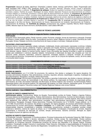 - 24 -
Programação: estrutura de dados, algoritmos. Orientação a objetos: classe, herança, polimorfismo, objeto. Programação para
Web: linguagem PHP, HTML5, CSS, JavaScript, jQuery. XML: conceitos, definição, utilização, escrita: criação e declaração,
definição de elementos e atributos. 7. Engenharia de software: Análise de requisitos funcionais e não-funcionais. Modelagem
orientada a objetos. Padrões de projeto. Modelagem de dados. Modelo relacional. Processos de desenvolvimento de software.
Processo interativo e incremental. Processos e práticas ágeis de desenvolvimento de software. 8. Arquitetura de Aplicações:
conceitos de Web Services e SOAP; conceitos sobre desenvolvimento Web e cliente/servidor. 9. Governança de TI: Cobit 4 .1:
aspectos gerais, estrutura, conceitos, finalidade, modelo de maturidade, objetivos de controle, objetivos de negócios e objetivos de
TI, domínios e processos. 10. Gerenciamento de Projetos de TI: PMBoK quarta edição: conceitos de gerenciamento de projetos,
ciclo de vida de projeto, conceitos básicos e estrutura. 11. Fundamentos ITIL v3 atualizado em 2011: Gerenciamento da
Configuração e de Ativo de Serviço, Gerenciamento de Evento, Gerenciamento de Incidente, Gerenciamento de Problema ,
Gerenciamento de Mudança. 12. Qualidade de software: Conhecimento dos modelos Capability Maturity Model Integration
(CMMI), Métodos Ágeis de Desenvolvimento (SCRUM) ISO/IEC 12207:2008 e MPS.BR.
CARGO DE TÉCNICO JUDICIÁRIO
CONHECIMENTOS GERAIS para Todos os cargos de Técnico – todas as áreas
PORTUGUÊS
Ortografia oficial. Acentuação gráfica. Flexão nominal e verbal. Pronomes: emprego, formas de tratamento e colocação. Emprego
de tempos e modos verbais. Vozes do verbo. Concordância nominal e verbal. Regência nominal e verbal. Ocorrência de crase.
Pontuação. Sintaxe. Redação (confronto e reconhecimento de frases corretas e incorretas). Intelecção de texto.
RACIOCÍNIO LÓGICO-MATEMÁTICO
Números inteiros e racionais: operações (adição, subtração, multiplicação, divisão, potenciação); expressões numéricas; múltiplos
e divisores de números naturais; problemas. Frações e operações com frações. Números e grandezas proporcionais: razões e
proporções; divisão em partes proporcionais; regra de três; porcentagem e problemas. Estrutura lógica de relações arbitrárias
entre pessoas, lugares, objetos ou eventos fictícios; deduzir novas informações das relações fornecidas e avaliar as condições
usadas para estabelecer a estrutura daquelas relações. Compreensão e elaboração da lógica das situações por meio de:
raciocínio verbal, raciocínio matemático, raciocínio sequencial, orientação espacial e temporal, formação de conceitos,
discriminação de elementos. Compreensão do processo lógico que, a partir de um conjunto de hipóteses, conduz, de forma válida,
a conclusões determinadas.
CONHECIMENTOS GERAIS Somente para os cargos:
Técnico Judiciário – Área Administrativa – Especialidade SEGURANÇA E TRANSPORTE,
Técnico Judiciário – Área Apoio Especializado – Especialidade CONTABILIDADE e
Técnico Judiciário – Área Apoio Especializado – Especialidade TECNOLOGIA DA INFORMAÇÃO
NOÇÕES DE DIREITO
Direito Administrativo: Lei nº 8.112/90: Do provimento; Da vacância; Dos direitos e vantagens; Do regime disciplinar; Do
processo administrativo disciplinar. Atos administrativos: conceitos, requisitos, atributos, classificação e espécies. Invalidação dos
atos administrativos. Revogação e anulação. Efeitos decorrentes.
Direito Constitucional: Dos princípios fundamentais. Dos direitos e garantias fundamentais: dos direitos e deveres individuais e
coletivos, dos direitos sociais, da nacionalidade e dos direitos políticos. Da organização do Estado: da organização político-
administrativa, da União, dos Estados Federados, dos Municípios, do Distrito Federal e dos Territórios. Da Administração Pública:
disposições gerais e dos servidores públicos. Da organização dos poderes: do Poder Judiciário: disposições gerais, do Supremo
Tribunal Federal, do Superior Tribunal de Justiça, dos Tribunais Regionais Federais e dos Juízes Federais.
CONHECIMENTOS ESPECÍFICOS
Técnico Judiciário – Área ADMINISTRATIVA
NOÇÕES DE DIREITO ADMINISTRATIVO
Administração pública. Características. Modos de Atuação. Personalidade Jurídica do Estado. Órgãos e Agentes Públicos.
Princípios básicos da Administração pública. Poderes Administrativos. Atos Administrativos. Controle da Administração. Controle
Administrativo, judicial e legislativo. Meios de controle administrativos. Controle comum. Controle especial. Atos interna corporis.
Atos legislativos. Atos políticos. Atos administrativos vinculados. Atos administrativos discricionários. Invalidação dos atos
administrativos. Revogação. Anulação. Efeitos decorrentes. Processo Administrativo (Lei nº 9.784/99). Cargos públicos. Lei nº
8.112/1990: Do provimento. Da vacância. Dos direitos e vantagens. Do regime disciplinar. Do processo administrativo disciplinar.
Características do contrato administrativo. Licitações e Contratos: Lei nº 8.666/1993: Conceito, finalidade, princípios, objeto,
obrigatoriedade, dispensa, inexigibilidade e vedações, modalidades, procedimentos, anulação e revogação, sanções, pregão
presencial e eletrônico, sistema de registro de preços. Lei nº 10.520/2002. Formalização e fiscalização do contrato. Aspectos
orçamentários e financeiros da execução do contrato. Sanção administrativa. Garantia contratual. Alteração do objeto.
Prorrogação do prazo de vigência e de execução.
NOÇÕES DE DIREITO CONSTITUCIONAL
A Constituição. Conceito. Classificação. O Constitucionalismo. Princípios fundamentais da Constituição Federal de 1988. Direitos e
Garantias Fundamentais. Direitos e deveres individuais e coletivos. Direitos sociais. Da nacionalidade. Direitos políticos.
Organização do Estado. Administração pública. Servidores públicos civis e militares. Organização dos Poderes. Atribuições e
competência do Congresso Nacional. Competências privativas da Câmara dos Deputados e do Senado Federal. Processo
Legislativo. Fiscalização contábil, financeira e orçamentária. Poder Executivo. Atribuições e responsabilidades do Presidente da
República. Poder Judiciário. Órgãos. Garantia dos Magistrados. Competência dos Tribunais. Dos Tribunais Regionais Federais e
dos Juizes Federais.
 