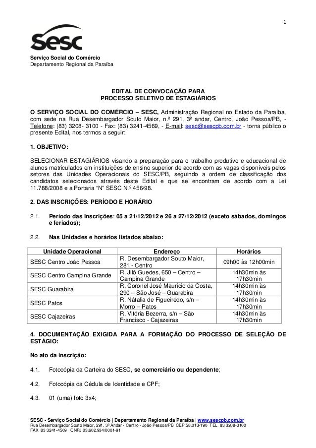 Edital de estagio 2013 sesc pb