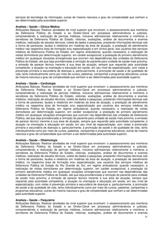 serviços de tecnologia da informação; outras de mesma natureza e grau de complexidade que venham a
ser determinadas pela autoridade superior.

Analista – Saúde – Clínica Médica
Atribuições Básicas: Realizar atividades de nível superior que envolvam: o assessoramento aos membros
da Defensoria Pública do Estado e ao Diretor-Geral em processos administrativos e judiciais,
compreendendo a realização de perícias médicas, inclusive admissionais relativamente a membros e
servidores da Defensoria Pública do Estado, vistorias, avaliações, análise de documentos e exames
médicos, realização de estudos técnicos, coleta de dados e pesquisas, prestando informações técnicas sob
a forma de pareceres, laudos e relatórios em matérias da área de atuação, a prestação de atendimento
médico nas respectiva área de formação e/ou especialização e em clínica geral, aos usuários dos serviços
médicos da Defensoria Pública do Estado, em regime ambulatorial, quando necessário; a realização de
visitas domiciliares por determinação superior, em caráter excepcional; a prestação do primeiro atendimento
médico em quaisquer situações emergenciais que ocorram nas dependências das unidades da Defensoria
Pública do Estado, até que seja providenciada a remoção do paciente para unidade de saúde mais próxima;
a emissão de parecer técnico inerente à sua área de atuação, sempre que requerido pela autoridade
competente; a atuação na orientação e educação em saúde, em seu nível de especialização, com vistas à
prevenção primária e secundária de doenças e, particularmente, à promoção de saúde e de qualidade de
vida, tanto individualmente como por meio de cursos, palestras, campanhas e programas educativos; outras
de mesma natureza e grau de complexidade que venham a ser determinadas pela autoridade superior.

Analista – Saúde – Cardiologia
Atribuições Básicas: Realizar atividades de nível superior que envolvam: o assessoramento aos membros
da Defensoria Pública do Estado e ao Diretor-Geral em processos administrativos e judiciais,
compreendendo a realização de perícias médicas, inclusive admissionais relativamente a membros e
servidores da Defensoria Pública do Estado, vistorias, avaliações, análise de documentos e exames
médicos, realização de estudos técnicos, coleta de dados e pesquisas, prestando informações técnicas sob
a forma de pareceres, laudos e relatórios em matérias da área de atuação, a prestação de atendimento
médico na respectiva área de formação e/ou especialização aos usuários dos serviços médicos da
Defensoria Pública do Estado, em regime ambulatorial, quando necessário; a realização de visitas
domiciliares por determinação superior, em caráter excepcional; a prestação do primeiro atendimento
médico em quaisquer situações emergenciais que ocorram nas dependências das unidades da Defensoria
Pública, até que seja providenciada a remoção do paciente para unidade de saúde mais próxima; a emissão
de parecer técnico inerente à sua área de atuação, sempre que requerido pela autoridade competente; a
atuação na orientação e educação em saúde, em seu nível de especialização, com vistas à prevenção
primária e secundária de doenças e, particularmente, à promoção de saúde e de qualidade de vida, tanto
individualmente como por meio de cursos, palestras, campanhas e programas educativos; outras de mesma
natureza e grau de complexidade que venham a ser determinadas pela autoridade superior.

Analista – Saúde – Oftalmologia
Atribuições Básicas: Realizar atividades de nível superior que envolvam: o assessoramento aos membros
da Defensoria Pública do Estado e ao Diretor-Geral em processos administrativos e judiciais,
compreendendo a realização de perícias médicas, inclusive admissionais relativamente a membros e
servidores da Defensoria Pública do Estado, vistorias, avaliações, análise de documentos e exames
médicos, realização de estudos técnicos, coleta de dados e pesquisas, prestando informações técnicas sob
a forma de pareceres, laudos e relatórios em matérias da área de atuação, a prestação de atendimento
médico, na respectiva área de formação e/ou especialização, aos usuários dos serviços médicos da
Defensoria Pública do Estado do Rio Grande do Sul, em regime ambulatorial, quando necessário; a
realização de visitas domiciliares por determinação superior, em caráter excepcional; a prestação do
primeiro atendimento médico em quaisquer situações emergenciais que ocorram nas dependências das
unidades da Defensoria Pública do Estado, até que seja providenciada a remoção do paciente para unidade
de saúde mais próxima; a emissão de parecer técnico inerente à sua área de atuação, sempre que
requerido pela autoridade competente; a atuação na orientação e educação em saúde, em seu nível de
especialização, com vistas à prevenção primária e secundária de doenças e, particularmente, à promoção
de saúde e de qualidade de vida, tanto individualmente como por meio de cursos, palestras, campanhas e
programas educativos; outras de mesma natureza e grau de complexidade que venham a ser determinadas
pela autoridade superior.

Analista – Saúde – Psiquiatria
Atribuições Básicas: Realizar atividades de nível superior que envolvam: o assessoramento aos membros
da Defensoria Pública do Estado e ao Diretor-Geral em processos administrativos e judiciais,
compreendendo a realização de perícias médicas, inclusive admissionais relativamente a membros e
servidores da Defensoria Pública do Estado, vistorias, avaliações, análise de documentos e exames
                                                                                                        31
 