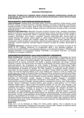 ANEXO III

                                        CONTEÚDO PROGRAMÁTICO

Observação: Considerar-se-á a legislação vigente, incluindo legislações complementares, súmulas e/ou
jurisprudências, até a data da publicação do Aviso de Abertura de Inscrições no Diário Oficial do Estado
do Rio Grande do Sul.

PROVA OBJETIVA – PARA TODOS OS CARGOS DE ANALISTA
Língua Portuguesa: Ortografia oficial. Acentuação gráfica. Homônimos e parônimos. Flexão nominal e verbal.
Pronomes: emprego, formas de tratamento e colocação. Advérbios. Conjunções coordenativas e subordinativas.
Emprego de tempos e modos verbais. Vozes do verbo. Concordância nominal e verbal. Regência nominal e
verbal. Ocorrência de crase. Pontuação. Redação (confronto e reconhecimento de frases corretas e incorretas).
Intelecção de texto.
Raciocínio Lógico-Matemático: Matemática: Conjuntos numéricos: racionais e reais - operações, propriedades,
problemas envolvendo as quatro operações nas formas fracionária e decimal. Conjuntos numéricos complexos.
Números e grandezas proporcionais. Razão e proporção. Divisão proporcional. Regra de três (simples e
composta). Porcentagem. Juros simples e compostos. Raciocínio Lógico-Matemático: estrutura lógica de
relações arbitrárias entre pessoas, lugares, objetos ou eventos fictícios; dedução de novas informações das
relações fornecidas e avaliação das condições usadas para estabelecer a estrutura daquelas relações.
Compreensão e análise da lógica de uma situação, utilizando as funções intelectuais: raciocínio verbal, raciocínio
matemático, raciocínio sequencial, orientação espacial e temporal, formação de conceitos, discriminação de
elementos.
Legislação Institucional: A Defensoria Pública na Constituição Federal e na Constituição do Estado do Rio
Grande do Sul. Legislação Institucional: Lei Complementar 80/94 e suas alterações posteriores, Lei
Complementar estadual 9.230/91 e suas alterações posteriores, Lei Complementar Estadual 11.795/2002 e suas
alterações posteriores, Lei Complementar Estadual 13.087/2008, a Lei Estadual 13.821/2011, Lei Estadual
13.536/2010 e Lei Estadual 13.484/2010.

CONHECIMENTOS ESPECÍFICOS – para o cargo de ANALISTA – PROCESSUAL
Direito Constitucional: Constituição: princípios fundamentais. Da aplicabilidade e interpretação das normas
constitucionais; vigência e eficácia das normas constitucionais. Controle de constitucionalidade: sistemas difuso e
concentrado; ação direta de inconstitucionalidade; ação declaratória de constitucionalidade e arguição de
descumprimento de preceito fundamental. Dos direitos e garantias fundamentais: dos direitos e deveres
individuais e coletivos; dos direitos sociais; dos direitos de nacionalidade; dos direitos políticos. Da organização
político-administrativa: das competências da União, Estados e Municípios. Da Administração Pública:
disposições gerais; dos servidores públicos. Da organização dos Poderes. Do Poder Executivo: das atribuições e
responsabilidades do presidente da república. Do Poder Legislativo: da fiscalização contábil, financeira e
orçamentária. Do Poder Judiciário: disposições gerais; do Supremo Tribunal Federal; do Superior Tribunal de
Justiça; dos Tribunais Regionais Federais e dos Juízes Federais; dos Tribunais e Juízes do Trabalho. Das
funções essenciais à Justiça: do Ministério Público; da Advocacia Pública; da Advocacia e da Defensoria Pública.
Direito Administrativo: Poderes administrativos: poder hierárquico; poder disciplinar; poder regulamentar; poder
de polícia; uso e abuso do poder. Serviços Públicos: conceito e princípios; delegação: concessão, permissão e
autorização. Ato administrativo: conceito, requisitos e atributos; anulação, revogação e convalidação;
discricionariedade e vinculação. Organização administrativa: administração direta e indireta; centralizada e
descentralizada; autarquias, fundações, empresas públicas e sociedades de economia mista. Órgãos públicos:
conceito, natureza e classificação. Servidores públicos: cargo, emprego e função públicos. Lei n.º 8.112/90 e
alterações (Dispõe sobre o regime jurídico dos servidores públicos civis da União, das autarquias e das
fundações públicas federais): Das disposições preliminares; Do provimento, vacância, remoção, redistribuição e
substituição. Dos direitos e vantagens: do vencimento e da remuneração; das vantagens; das férias; das
licenças; dos afastamentos; do direito de petição. Do regime disciplinar: dos deveres e proibições; da
acumulação; das responsabilidades; das penalidades. Lei nº 9.784/99 e alterações (Regula o processo
administrativo no âmbito da Administração Pública Federal): das disposições gerais; dos direitos e deveres dos
administrados. Controle e responsabilização da administração: controle administrativo; controle judicial; controle
legislativo; responsabilidade civil do Estado. Lei n.º 8.429/92 e alterações (Dispõe sobre as sanções aplicáveis
aos agentes públicos nos casos de enriquecimento ilícito no exercício de mandato, cargo, emprego ou função na
administração pública direta, indireta ou fundacional e dá outras providências): das disposições gerais; dos atos
de improbidade administrativa.
Direito Civil:
Código Civil e Lei de Introdução ao Código Civil. Norma jurídica: vigência, início e cessação de sua
obrigatoriedade. Interpretação e integração da norma jurídica. Fontes do direito. Espécies normativas do sistema
jurídico: valores, princípios, regras e postulados normativos aplicativos.

                                                                                                                 36
 