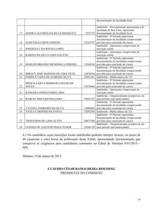 documentação de faculdade local.

                                                              Indeferido - Documentação apresentada é de
                                                              faculdade de Boa Vista. Apresentar
15     JESSIKA ALCINDA DA SILVA MESQUITA            3221733   documentação de faculdade local.
                                                              Indeferido - 9º Período (apresentar
                                                              documentação da faculdade comprovando
16     JOAO PAULO REIS GARZON                      22347577   previsão para conclusão do curso)
                                                              Indeferido - Apresentar comprovante da
17     JOSEKELLY DA ROCHA LOPES                               inscrição online
                                                              Indeferido - Apresentar comprovante da
18     KARINA DA SILVA LIMA GALVÃO                            inscrição online
                                                              Indeferido - 9º Período (apresentar
                                                              documentação da faculdade comprovando
19     MARLON BRANDO MENDONÇA PEREIRA              13568744   previsão para conclusão do curso)
                                                              Indeferido - 9º Período (apresentar
                                                              documentação da faculdade comprovando
20     MIRACY JOSÉ MARTINS DE LIMA NETO            16470354   previsão para conclusão do curso)
21     PAMELA TAINA DE ALMEIDA SILVA               24441201   Indeferido - Média abaixo de 7,0
                                                              Indeferido - 9º Período (apresentar
       PRISCILA KRYS MORROW COELHO DE                         documentação da faculdade comprovando
22     SOUZA                                       23676469   previsão para conclusão do curso)
                                                              Indeferido - Apresentar comprovante da
23     RAIMARA CONEGUNDES LIMA                                inscrição online
                                                              Indeferido - Desperiodizado (comprovar em
24     RAQUEL DOS SANTOS GAMA                      19647727   qual período está matriculado)
                                                              Indeferido - 9º Período (apresentar
                                                              documentação da faculdade comprovando
25     TATIANA FERREIRA DA SILVA                   13084062   previsão para conclusão do curso)
26     TAYLA CARDOSO DA COSTA                      24292303   Indeferido - Média abaixo de 7,0
                                                              Indeferido - 9º Período (apresentar
                                                              documentação da faculdade comprovando
27     THAYLISON DE LIMA ALVES                     20471580   previsão para conclusão do curso)
                                                              Indeferido - Desperiodizado (comprovar em
28     ULISSES DE AZEVEDO MAIA JUNIOR              24266728   qual período está matriculado)

     4.1 Os candidatos cujas inscrições foram indeferidas poderão interpor recurso, no prazo de
     48 (quarenta e oito) horas da publicação deste Edital, apresentando documentação que
     comprove as exigências para candidatura constantes no Edital de Abertura nº01/2013 –
     SPE.

     Manaus, 19 de março de 2013.


                        CLÁUDIO CÉSAR RAMALHEIRA ROESSING
                              PRESIDENTE DA COMISSÃO




                                                                                                  19
 