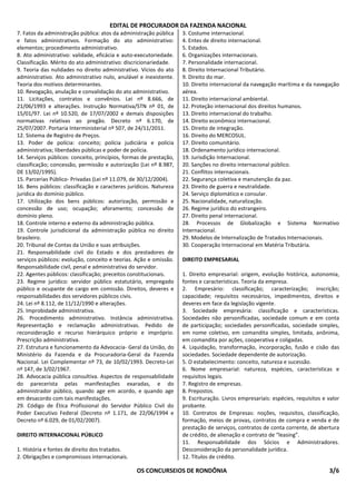 EDITAL DE PROCURADOR DA FAZENDA NACIONAL
7. Fatos da administração pública: atos da administração pública    3. Costume internacional.
e fatos administrativos. Formação do ato administrativo:            4. Entes de direito internacional.
elementos; procedimento administrativo.                             5. Estados.
8. Ato administrativo: validade, eficácia e auto-executoriedade.    6. Organizações internacionais.
Classificação. Mérito do ato administrativo: discricionariedade.    7. Personalidade internacional.
9. Teoria das nulidades no direito administrativo. Vícios do ato    8. Direito Internacional Tributário.
administrativo. Ato administrativo nulo, anulável e inexistente.    9. Direito do mar.
Teoria dos motivos determinantes.                                   10. Direito internacional da navegação marítima e da navegação
10. Revogação, anulação e convalidação do ato administrativo.       aérea.
11. Licitações, contratos e convênios. Lei nº 8.666, de             11. Direito internacional ambiental.
21/06/1993 e alterações. Instrução Normativa/STN nº 01, de          12. Proteção internacional dos direitos humanos.
15/01/97. Lei nº 10.520, de 17/07/2002 e demais disposições         13. Direito internacional do trabalho.
normativas relativas ao pregão. Decreto nº 6.170, de                14. Direito econômico internacional.
25/07/2007. Portaria Interministerial nº 507, de 24/11/2011.        15. Direito de integração.
12. Sistema de Registro de Preços.                                  16. Direito do MERCOSUL.
13. Poder de polícia: conceito; polícia judiciária e polícia        17. Direito comunitário.
administrativa; liberdades públicas e poder de polícia.             18. Ordenamento jurídico internacional.
14. Serviços públicos: conceito, princípios, formas de prestação,   19. Jurisdição Internacional.
classificação; concessão, permissão e autorização (Lei nº 8.987,    20. Sanções no direito internacional público.
DE 13/02/1995).                                                     21. Conflitos internacionais.
15. Parcerias Público- Privadas (Lei nº 11.079, de 30/12/2004).     22. Segurança coletiva e manutenção da paz.
16. Bens públicos: classificação e caracteres jurídicos. Natureza   23. Direito de guerra e neutralidade.
jurídica do domínio público.                                        24. Serviço diplomático e consular.
17. Utilização dos bens públicos: autorização, permissão e          25. Nacionalidade, naturalização.
concessão de uso; ocupação; aforamento; concessão de                26. Regime jurídico do estrangeiro.
domínio pleno.                                                      27. Direito penal internacional.
18. Controle interno e externo da administração pública.            28. Processos de Globalização e Sistema Normativo
19. Controle jurisdicional da administração pública no direito      Internacional.
brasileiro.                                                         29. Modelos de Internalização de Tratados Internacionais.
20. Tribunal de Contas da União e suas atribuições.                 30. Cooperação Internacional em Matéria Tributária.
21. Responsabilidade civil do Estado e dos prestadores de
serviços públicos: evolução, conceito e teorias. Ação e omissão.    DIREITO EMPRESARIAL
Responsabilidade civil, penal e administrativa do servidor.
22. Agentes públicos: classificação; preceitos constitucionais.     1. Direito empresarial: origem, evolução histórica, autonomia,
23. Regime jurídico: servidor público estatutário, empregado        fontes e características. Teoria da empresa.
público e ocupante de cargo em comissão. Direitos, deveres e        2. Empresário: classificação; caracterização; inscrição;
responsabilidades dos servidores públicos civis.                    capacidade; requisitos necessários, impedimentos, direitos e
24. Lei nº 8.112, de 11/12/1990 e alterações.                       deveres em face da legislação vigente.
25. Improbidade administrativa.                                     3. Sociedade empresária: classificação e características.
26. Procedimento administrativo. Instância administrativa.          Sociedades não personificadas, sociedade comum e em conta
Representação e reclamação administrativas. Pedido de               de participação; sociedades personificadas, sociedade simples,
reconsideração e recurso hierárquico próprio e impróprio.           em nome coletivo, em comandita simples, limitada, anônima,
Prescrição administrativa.                                          em comandita por ações, cooperativa e coligadas.
27. Estrutura e funcionamento da Advocacia- Geral da União, do      4. Liquidação, transformação, incorporação, fusão e cisão das
Ministério da Fazenda e da Procuradoria-Geral da Fazenda            sociedades. Sociedade dependente de autorização.
Nacional. Lei Complementar nº 73, de 10/02/1993. Decreto-Lei        5. O estabelecimento: conceito, natureza e sucessão.
nº 147, de 3/02/1967.                                               6. Nome empresarial: natureza, espécies, características e
28. Advocacia pública consultiva. Aspectos de responsabilidade      requisitos legais.
do parecerista pelas manifestações exaradas, e do                   7. Registro de empresas.
administrador público, quando age em acordo, e quando age           8. Prepostos.
em desacordo com tais manifestações.                                9. Escrituração. Livros empresariais: espécies, requisitos e valor
29. Código de Ética Profissional do Servidor Público Civil do       probante.
Poder Executivo Federal (Decreto nº 1.171, de 22/06/1994 e          10. Contratos de Empresas: noções, requisitos, classificação,
Decreto nº 6.029, de 01/02/2007).                                   formação, meios de provas, contratos de compra e venda e de
                                                                    prestação de serviços, contratos de conta corrente, de abertura
DIREITO INTERNACIONAL PÚBLICO                                       de crédito, de alienação e contrato de “leasing”.
                                                                    11. Responsabilidade dos Sócios e Administradores.
1. História e fontes de direito dos tratados.                       Desconsideração da personalidade jurídica.
2. Obrigações e compromissos internacionais.                        12. Títulos de crédito.

                                                 OS CONCURSEIOS DE RONDÔNIA                                                      3 /6
 