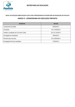 SECRETARIA DE EDUCAÇÃO




   EDITAL DE SELEÇÃO SIMPLIFICADA 01/2013 PARA PROFISSIONAIS DA SECRETARIA DE EDUCAÇÃO DO PAULISTA

                           ANEXO VI - CRONOGRAMA DE EXECUÇÃO PREVISTO


                            EVENTOS                                       DATAS

Lançamento do Edital                                                     09/02/2013

Inscrições                                                             18 a 19/02/2013

Análise e avaliação do Currículum Vitae                               20 e 21/ 02/2013

Divulgação de resultados                                                 22/02/2013

Período para recursos                                                  25 e 26/02/2013

Divulgação final dos resultados                                          27/02/2013
 