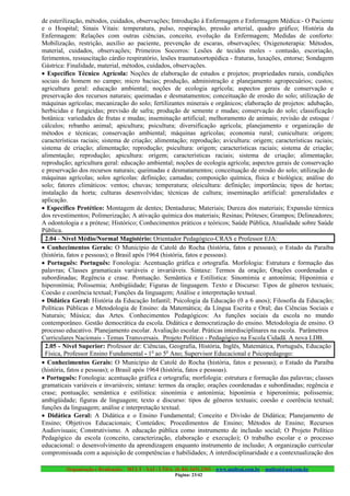 de esterilização, métodos, cuidados, observações; Introdução à Enfermagem e Enfermagem Médica:- O Paciente
e o Hospital; Sinais Vitais: temperatura, pulso, respiração, pressão arterial, quadro gráfico; História da
Enfermagem: Relações com outras ciências, conceito, evolução da Enfermagem; Medidas de conforto:
Mobilização, restrição, auxílio ao paciente, prevenção de escaras, observações; Oxigenoterapia: Métodos,
material, cuidados, observações; Primeiros Socorros: Lesões de tecidos moles - contusão, escoriação,
ferimentos, ressuscitação cárdio respiratório, lesões traumatoortopédica - fraturas, luxações, entorse; Sondagem
Gástrica: Finalidade, material, métodos, cuidados, observações.
• Específico Técnico Agrícola: Noções de elaboração de estudos e projetos; propriedades rurais, condições
sociais do homem no campo; micro bacias; produção, administração e planejamento agropecuários; custos;
agricultura geral: educação ambiental; noções de ecologia agrícola; aspectos gerais de conservação e
preservação dos recursos naturais; queimadas e desmatamentos; conceituação de erosão do solo; utilização de
máquinas agrícolas; mecanização do solo; fertilizantes minerais e orgânicos; elaboração de projetos: adubação,
herbicidas e fungicidas; previsão de safra; produção de semente e mudas; conservação do solo; classificação
botânica: variedades de frutas e mudas; inseminação artificial; melhoramento de animais; revisão de estoque /
cálculos; rebanho animal; apicultura; psicultura; diversificação agrícola; planejamento e organização de
métodos e técnicas; conservação ambiental; máquinas agrícolas; economia rural; cunicultura: origem;
características raciais; sistema de criação; alimentação; reprodução; avicultura: origem; características raciais;
sistema de criação; alimentação; reprodução; psicultura: origem; características raciais; sistema de criação;
alimentação; reprodução; apicultura: origem; características raciais; sistema de criação; alimentação;
reprodução; agricultura geral: educação ambiental; noções de ecologia agrícola; aspectos gerais de conservação
e preservação dos recursos naturais; queimadas e desmatamentos; conceituação de erosão do solo; utilização de
máquinas agrícolas; solos agrícolas: definição; camadas; composição química, física e biológica; análise do
solo; fatores climáticos: ventos; chuvas; temperatura; oleicultura: definição; importância; tipos de hortas;
instalação da horta; culturas desenvolvidas; técnicas de cultura; inseminação artificial: generalidades e
aplicação.
• Específico Protético: Montagem de dentes; Dentaduras; Materiais; Dureza dos materiais; Expansão térmica
dos revestimentos; Polimerização; A ativação química dos materiais; Resinas; Próteses; Grampos; Delineadores;
A odontologia e a prótese; Histórico; Conhecimentos práticos e teóricos; Saúde Pública, Atualidade sobre Saúde
Pública.
 2.04 - Nível Médio/Normal Magistério: Orientador Pedagógico-CRAS e Professor EJA:
• Conhecimentos Gerais: O Município de Catolé do Rocha (história, fatos e pessoas); o Estado da Paraíba
(história, fatos e pessoas); o Brasil após 1964 (história, fatos e pessoas).
• Português: Português: Fonologia: Acentuação gráfica e ortografia. Morfologia: Estrutura e formação das
palavras; Classes gramaticais variáveis e invariáveis. Sintaxe: Termos da oração; Orações coordenadas e
subordinadas; Regência e crase. Pontuação. Semântica e Estilística: Sinomímia e antonímia; Hiponímia e
hiperonímia; Polissemia; Ambigüidade; Figuras de linguagem. Texto e Discurso: Tipos de gêneros textuais;
Coesão e coerência textual; Funções da linguagem; Análise e interpretação textual.
• Didática Geral: História da Educação Infantil; Psicologia da Educação (0 a 6 anos); Filosofia da Educação;
Políticas Públicas e Metodologia de Ensino: da Matemática; da Língua Escrita e Oral; das Ciências Sociais e
Naturais; Música; das Artes. Conhecimentos Pedagógicos: As funções sociais da escola no mundo
contemporâneo. Gestão democrática da escola. Didática e democratização do ensino. Metodologia de ensino. O
processo educativo. Planejamento escolar. Avaliação escolar. Práticas interdisciplinares na escola. Parâmetros
Curriculares Nacionais - Temas Transversais. Projeto Político - Pedagógico na Escola Cidadã. A nova LDB.
 2.05 - Nível Superior: Professor de: Ciências, Geografia, História, Inglês, Matemática, Português, Educação
 Física, Professor Ensino Fundamental - 1o ao 5o Ano; Supervisor Educacional e Psicopedagogo:
• Conhecimentos Gerais: O Município de Catolé do Rocha (história, fatos e pessoas); o Estado da Paraíba
(história, fatos e pessoas); o Brasil após 1964 (história, fatos e pessoas).
• Português: Fonologia: acentuação gráfica e ortografia; morfologia: estrutura e formação das palavras; classes
gramaticais variáveis e invariáveis; sintaxe: termos da oração; orações coordenadas e subordinadas; regência e
crase; pontuação; semântica e estilística: sinonímia e antonímia; hiponímia e hiperonímia; polissemia;
ambigüidade; figuras de linguagem; texto e discurso: tipos de gêneros textuais; coesão e coerência textual;
funções da linguagem; análise e interpretação textual.
• Didática Geral: A Didática e o Ensino Fundamental; Conceito e Divisão de Didática; Planejamento de
Ensino; Objetivos Educacionais; Conteúdos; Procedimentos de Ensino; Métodos de Ensino; Recursos
Audiovisuais; Construtivismo. A educação pública como instrumento de inclusão social; O Projeto Político
Pedagógico da escola (conceito, caracterização, elaboração e execução); O trabalho escolar e o processo
educacional: o desenvolvimento da aprendizagem enquanto instrumento de inclusão; A organização curricular
compromissada com a aquisição de competências e habilidades; A interdisciplinaridade e a contextualização dos

         Organização e Realização: MULT - SAI : LTDA. (0..84) 3431.2303 – www.multsai.com.br – multsai@uol.com.br
                                                       Página: 23/42
 