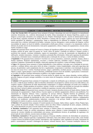 EDITAL DE CONCURSO PÚBLICO/PROCESSO SELETIVO No 001/2009

                                                       ANEXO V

                           CARGOS - CARGA HORÁRIA - DESCRIÇÃO SUMÁRIA
• Aux. Ser. Gerais-ASG • 40 (quarenta) horas semanais • Carrega e descarrega com carro de transporte ou manualmente
materiais, ferramentas, etc., conforme determinação da chefia; efetua manutenção de câmaras frigoríficas, quanto a sua
limpeza e conservação, deixando-a em condições de uso; Prepara Alimentação Escolar, Auxilia no abastecimento d’água
da Zona Rural, seguindo orientação da chefia; Desobstrui e restaura rede de esgoto e galerias nos locais determinados;
auxilia operadores de máquinas e equipamentos; limpa as dependências do ambiente de trabalho, lavando, varrendo,
removendo lixos e detritos, utilizando-se de baldes, vassouras, escovas, detergentes e outros produtos de limpeza; verifica
necessidades de reparos no local de trabalho, comunicando à chefia para solicitar o conserto e /ou manutenção; realiza a
abertura de picadas através de desmatamento; trans-porta equipamentos; efetua a limpeza de equipamentos; executa outras
tarefas correlatas ao cargo.
• Gari • 40 (quarenta) Horas semanais • Conserva a limpeza de logradouros públicos por meio de coleta de lixo, varrições,
lavagens, pintura de guias, aparo de gramas etc. lavam vidros de janelas e fachadas de edifícios e limpam recintos e
acessórios dos mesmos. executam instalações, reparos de manutenção e serviços de manutenção em dependências de
edificações. atendem transeuntes, visitantes e moradores, prestando-lhes informações. Zelam pela segurança do patrimônio
e das pessoas, solicitando meios e tomando providências para a realização dos serviços, e outras atividades correlatas.
• Sepultador • 40 (quarenta) horas semanais • Auxiliam nos serviços funerários, constroem, preparam, limpam, abrem e
fecham sepulturas. Realizam sepultamento, exu-mam e cremam cadáveres, trasladam corpos e despojos. Conservam
cemitérios, máquinas e ferramentas de trabalho, zelam pela segurança do cemitério, e outras atividades correlatas.
• Vigia • 40 (quarenta) horas semanais • Vigiam dependências e áreas públicas e privadas com a finalidade de prevenir,
controlar e combater delitos como porte ilícito de armas e munições e outras irregularidades; zelam pela segu-rança das
pessoas, do patrimônio e pelo cumprimento das leis e regulamentos; recepcionam e controlam a movimentação de pessoas
em áreas de acesso livre e restrito; fiscalizam pessoas, cargas e patrimônio; escoltam pessoas e mercadorias. Controlam
objetos e cargas; vigiam parques e reservas florestais, combatendo inclusive focos de incêndio; vigiam presos. Comunicam-
se via rádio ou telefone e prestam informações ao público e aos órgãos competentes.
● Capinador • 40 (quarenta) horas semanais • Executa tarefas de capinas nas ruas, praças alamedas, recintos públicos,
proceder limpezas em geral, carregar caminhões e ou outros meios de transportes, executar outras tarefas que a legislação
determinar.
● Soldador • 40 (quarenta) horas semanais • Compreende o conjunto de atribuições que se destinam a executar trabalhos
de cortes e solda de peças metálicas; saber ler desenhos elementares em perspectiva; realizar serviços de solda elétrica e de
oxigênio; regular o equipamento de solda, determinando a amperagem e a voltagem adequadas, de acordo com o trabalho a
executar; carregar e limpar geradores de acetileno; orientar e treinar os servidores que auxiliam na execução dos trabalhos
típico da classe, inclusive quanto a precauções e medidas de segurança; executar outras atribuições afins.
● Eletricista Predial • 40 (quarenta) horas semanais • Estuda e interpreta desenhos técnicos de fiação elétrica; Instala e faz
manutenção de equipamentos e fiação elétrica; Executa reparos ou substitui equipamentos elétricos com problemas; Faz
manutenção de máquinas elétricas; Testa a segurança de serviços elétricos; Registra histórico de problemas com
equipamentos e o reparo que foi executado; Discute custo de serviços com clientes, se necessário; Planeja serviços
elétricos, realizam instalação de distribuição de alta e baixa tensão; Monta e repara instalações elétricas e equipamentos
auxiliares em residências, estabelecimentos industriais, comerciais e de serviços; Instala e repara equipamentos de
iluminação de cenários ou palcos, executa outras atividades correlatas.
● Pedreiro • 40 (quarenta) horas semanais • Constrói paredes de alvenaria; Aplica reboco, regular e firma; Prepara lajes,
vigas e pilares de concreto armado; Coloca azulejo e pisos nas obras; Efetua a preparação de pisos, parques, cerâmicas,
etc.; Efetua demolições em geral; Executa outras tarefas correlatas ao cargo.
● Mecânico Automotivo • 40 (quarenta) horas semanais • Elabora planos de manutenção; realiza manutenções de
motores, sistemas e partes de veículos automotores, substitui peças, reparam e testam desempenho de componentes e
sistemas de veículos, trabalha em conformidade com normas e procedimentos técnicos, de qualidade, de segurança e de
preservação do meio ambiente, executa outras atividades correlatas.
● Eletricista Automotivo • 40 (quarenta) horas semanais • Executa trabalhos rotineiros de eletricidade em automóveis,
caminhões, ônibus, máquinas agrícolas e equipamentos rodoviários, bem como efetuar outros serviços afins, como Instalar
e reparar motores de partida em geral, businas, interruptores, relés reguladores, relés, reguladores de tensão, instrumento de
painel e acumuladores; executar a bobinagem de motores; reformar baterias; fazer e consertar instalações elétricas em

          Organização e Realização: MULT - SAI : LTDA. (0..84) 3431.2303 – www.multsai.com.br – multsai@uol.com.br
                                                         Página: 32/42
 