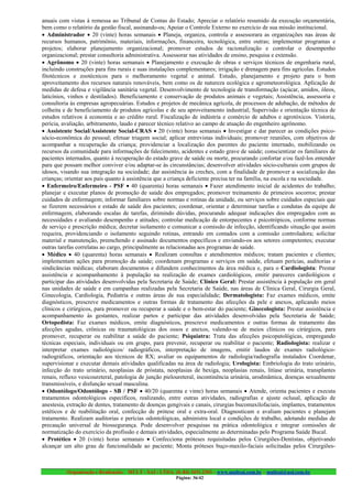 anuais com vistas à remessa ao Tribunal de Contas do Estado; Apreciar o relatório resumido da execução orçamentária,
bem como o relatório da gestão fiscal, assinando-os; Apoiar o Controle Externo no exercício de sua missão institucional.
• Administrador • 20 (vinte) horas semanais • Planeja, organiza, controla e assessorara as organizações nas áreas de
recursos humanos, patrimônio, materiais, informações, financeira, tecnológica, entre outras; implementar programas e
projetos; elaborar planejamento organizacional; promover estudos de racionalização e controlar o desempenho
organizacional; prestar consultoria administrativa. Assessorar nas atividades de ensino, pesquisa e extensão.
• Agrônomo • 20 (vinte) horas semanais • Planejamento e execução de obras e serviços técnicos de engenharia rural,
incluindo construções para fins rurais e suas instalações complementares; irrigação e drenagem para fins agrícolas. Estudos
fitotécnicos e zootécnicos para o melhoramento vegetal e animal. Estudo, planejamento e projeto para o bom
aproveitamento dos recursos naturais renováveis, bem como os de natureza ecológica e agrometeorológica. Aplicação de
medidas de defesa e vigilância sanitária vegetal. Desenvolvimento de tecnologia de transformação (açúcar, amidos, óleos,
laticínios, vinhos e destilados). Beneficiamento e conservação de produtos animais e vegetais; Assistência, assessoria e
consultoria às empresas agropecuárias. Estudos e projetos de mecânica agrícola, de processos de adubação, de métodos de
colheita e de beneficiamento de produtos agrícolas e de seu aproveitamento industrial; Supervisão e orientação técnica de
estudos relativos à economia e ao crédito rural. Fiscalização de indústria e comércio de adubos e agrotóxicos. Vistoria,
perícia, avaliação, arbitramento, laudo e parecer técnico relativo ao campo de atuação do engenheiro agrônomo.
• Assistente Social/Assistente Social-CRAS • 20 (vinte) horas semanais • Investigar e dar parecer as condições psico-
sócio-econômica do pessoal; efetuar triagem social; aplicar entrevistas individuais; promover reuniões, com objetivos de
acompanhar a recuperação da criança; providenciar a localização dos parentes do paciente internado, mobilizando os
recursos da comunidade para informações de falecimento, acidentes e estado grave de saúde; conscientizar os familiares de
pacientes internados, quanto à recuperação do estado grave de saúde ou morte, procurando confortar e/ou fazê-los entender
para que possam melhor conviver e/ou adaptar-se às circunstâncias; desenvolver atividades sócio-culturais com grupos de
idosos, visando sua integração na sociedade; dar assistência às creches, com a finalidade de promover a socialização das
crianças; orientar aos pais quanto à assistência que a criança deficiente precisa ter na família, na escola e na sociedade.
• Enfermeiro/Enfermeiro - PSF • 40 (quarenta) horas semanais • Fazer atendimento inicial de acidentes do trabalho;
planejar e executar planos de promoção de saúde dos empregados; promover treinamento de primeiros socorros; prestar
cuidados de enfermagem; informar familiares sobre normas e rotinas da unidade, ou serviços sobre cuidados especiais que
se fizerem necessários e estado de saúde dos pacientes; coordenar, orientar e determinar tarefas e condutas da equipe de
enfermagem, elaborando escalas de tarefas, dirimindo dúvidas, procurando adequar indicações dos empregados com as
necessidades e avaliando desempenho e atitudes; controlar medicação de entorpecentes e psicotrópicos, conforme normas
de serviço e prescrição médica; decretar isolamento e comunicar a comissão de infecção, identificando situação que assim
requeira, providenciando o isolamento seguindo rotinas, entrando em contados com a comissão controladora; solicitar
material e manutenção, preenchendo e assinado documentos específicos e enviando-os aos setores competentes; executar
outras tarefas correlatas ao cargo, principalmente as relacionadas aos programas de saúde.
• Médico • 40 (quarenta) horas semanais • Realizam consultas e atendimentos médicos; tratam pacientes e clientes;
implementam ações para promoção da saúde; coordenam programas e serviços em saúde, efetuam perícias, auditorias e
sindicâncias médicas; elaboram documentos e difundem conhecimentos da área médica e, para o Cardiologista: Prestar
assistência e acompanhamento à população na realização de exames cardiológicos, emitir pareceres cardiológicos e
participar das atividades desenvolvidas pela Secretaria de Saúde; Clínico Geral: Prestar assistência à população em geral
nas unidades de saúde e em campanhas realizadas pela Secretaria de Saúde, nas áreas de Clínica Geral, Cirurgia Geral,
Ginecologia, Cardiologia, Pediatria e outras áreas de sua especialidade; Dermatologista: Faz exames médicos, emite
diagnósticos, prescreve medicamentos e outras formas de tratamento das afecções da pele e anexos, aplicando meios
clínicos e cirúrgicos, para promover ou recuperar a saúde e o bem-estar do paciente; Ginecologista: Prestar assistência e
acompanhamento às gestantes, realizar partos e participar das atividades desenvolvidas pela Secretaria de Saúde;
Ortopedista: Faz exames médicos, emite diagnósticos, prescreve medicamentos e outras formas de tratamento das
afecções agudas, crônicas ou traumatológicas dos ossos e anexos, valendo-se de meios clínicos ou cirúrgicos, para
promover, recuperar ou reabilitar a saúde do paciente; Psiquiatra: Trata das afecções psicopatológicas, empregando
técnicas especiais, individuais ou em grupo, para prevenir, recuperar ou reabilitar o paciente; Radiologista: realizar e
interpretar exames radiológicos/ radiográficos, interpretação de imagens, emitir laudos de exames radiológico-
radiográficos, orientação aos técnicos de RX; avaliar os equipamentos de radiologia/radiografia instalados Coordenar,
supervisionar e executar demais atividades qualificadas na área de radiologia; Urologista: Embriologia do trato urinário,
infecção do trato urinário, neoplasias de próstata, neoplasias de bexiga, neoplasias renais, litíase urinária, transplantes
renais, refluxo vesicoureteral, patologia de junção pieloureteral, incontinência urinária, urodinâmica, doenças sexualmente
transmissíveis, e disfunção sexual masculina.
• Odontólogo/Odontólogo - SB / PSF • 40/20 (quarenta e vinte) horas semanais • Atende, orienta pacientes e executa
tratamentos odontológicos específicos, realizando, entre outras atividades, radiografias e ajuste oclusal, aplicação de
anestesia, extração de dentes, tratamento de doenças gengivais e canais, cirurgias bucomaxilofaciais, implantes, tratamentos
estéticos e de reabilitação oral, confecção de prótese oral e extra-oral. Diagnosticam e avaliam pacientes e planejam
tratamento. Realizam auditorias e perícias odontológicas, administra local e condições de trabalho, adotando medidas de
precaução universal de biossegurança. Pode desenvolver pesquisas na prática odontológica e integrar comissões de
normatização do exercício da profissão e demais atividades, especialmente as determinadas pelo Programa Saúde Bucal.
• Protético • 20 (vinte) horas semanais • Confecciona próteses requisitadas pelos Cirurgiões-Dentistas, objetivando
alcançar um alto grau de funcionalidade ao paciente; Monta próteses buço-maxilo-faciais solicitadas pelos Cirurgiões-



          Organização e Realização: MULT - SAI : LTDA. (0..84) 3431.2303 – www.multsai.com.br – multsai@uol.com.br
                                                        Página: 36/42
 
