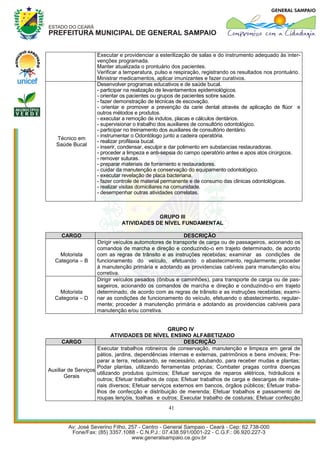 Executar e providenciar a esterilização de salas e do instrumento adequado às inter-
                    venções programada.
                    Manter atualizada o prontuário dos pacientes.
                    Verificar a temperatura, pulso e respiração, registrando os resultados nos prontuário.
                    Ministrar medicamentos, aplicar imunizantes e fazer curativos.
                    Desenvolver programas educativos e de saúde bucal.
                    - participar na realização de levantamentos epidemiológicos.
                    - orientar os pacientes ou grupos de pacientes sobre saúde.
                    - fazer demonstração de técnicas de escovação.
                    - orientar e promover a prevenção da carie dental através de aplicação de flúor e
                    outros métodos e produtos.
                    - executar a remoção de indutos, placas e cálculos dentários.
                    - supervisionar o trabalho dos auxiliares de consultório odontológico.
                    - participar no treinamento dos auxiliares de consultório dentário.
                    - instrumentar o Odontólogo junto a cadeira operatória.
   Técnico em
                    - realizar profilaxia bucal.
   Saúde Bucal      - inserir, condensar, esculpir e dar polimento em substancias restauradoras.
                    - proceder a limpeza e anti-sepsia do campo operatório antes e apos atos cirúrgicos.
                    - remover suturas.
                    - preparar materiais de forramento e restauradores.
                    - cuidar da manutenção e conservação do equipamento odontológico.
                    - executar revelação de placa bacteriana.
                    - fazer controle de material permanente e de consumo das clinicas odontológicas.
                    - realizar visitas domiciliares na comunidade.
                    - desempenhar outras atividades correlatas.



                                          GRUPO III
                              ATIVIDADES DE NÍVEL FUNDAMENTAL

     CARGO                                               DESCRIÇÃO
                    Dirigir veículos automotores de transporte de carga ou de passageiros, acionando os
                    comandos de marcha e direção e conduzindo-o em trajeto determinado, de acordo
    Motorista       com as regras de trânsito e as instruções recebidas; examinar as condições de
  Categoria – B     funcionamento do veículo, efetuando o abastecimento, regularmente; proceder
                    à manutenção primária e adotando as providencias cabíveis para manutenção e/ou
                    corretiva.
                    Dirigir veículos pesados (ônibus e caminhões), para transporte de carga ou de pas-
                    sageiros, acionando os comandos de marcha e direção e conduzindo-o em trajeto
    Motorista       determinado, de acordo com as regras de trânsito e as instruções recebidas; exami-
  Categoria – D     nar as condições de funcionamento do veículo, efetuando o abastecimento, regular-
                    mente; proceder à manutenção primária e adotando as providencias cabíveis para
                    manutenção e/ou corretiva.


                                                    GRUPO IV
                            ATIVIDADES DE NÍVEL ENSINO ALFABETIZADO
      CARGO                                               DESCRIÇÃO
                     Executar trabalhos rotineiros de conservação, manutenção e limpeza em geral de
                     pátios, jardins, dependências internas e externas, patrimônios e bens imóveis; Pre-
                     parar a terra, rebaixando, se necessário, adubando, para receber mudas e plantas;
                     Podar plantas, utilizando ferramentas próprias; Combater pragas contra doenças
Auxiliar de Serviços
                     utilizando produtos químicos; Efetuar serviços de reparos elétricos, hidráulicos e
       Gerais
                     outros; Efetuar trabalhos de copa; Efetuar trabalhos de carga e descargas de mate-
                     riais diversos; Efetuar serviços externos em bancos, órgãos públicos; Efetuar traba-
                     lhos de confecção e distribuição de merenda; Efetuar trabalhos e passamento de
                     roupas lençóis, toalhas e outros; Executar trabalho de costuras; Efetuar confecção
                                                  41
 