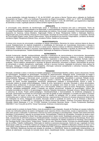 as suas atualizações. Instrução Normativa nº. 55, de 04/12/2007, que aprova a Norma Técnica para a utilização do Certificado
Fitossanitário de Origem - CFO e do Certificado Fitossanitário de Origem Consolidado – CFOC. Lei nº. 10711, de 05/08/2003que
dispõe sobre o Sistema Nacional de Sementes e Mudas. Decreto Federal nº. 5.153, DE 23/07/2004, que regulamenta a legislação
de sementes e mudas. Legislação aplicada á defesa sanitária vegetal do Espirito Santo.

                                                            JORNALISTA
A comunicação como elemento de transformação social. A importância da Imprensa livre para a democracia. Teoria da
comunicação. A questão da imparcialidade e da objetividade. A responsabilidade da notícia. Crimes de injuria e difamação previstos
no código Penal Brasileiro. Massificação versus segmentação dos públicos. Comunicação comparada, Comunicação empresarial e
Assessoria de Imprensa, Cultura Brasileira, Organização Política do Brasil, Planejamento Gráfico e Editoração Eletrônica.
Diagramação para Jornal e Revista. Pesquisa em Comunicação, Sociologia da Comunicação. Comunicação e Expressão, Técnicas
de Comunicação Dirigida, Cartas, Ofícios e Memorandos. Teoria de Assessoria de Imprensa. Fotojornalismo. Jornalismo de Revista.
Jornalismo Digital. Planejamento Editorial. Ética. Jornalismo Político. Gestão na Comunicação.

                                                      MUSICOTERAPEUTA
A música como recurso de comunicação e estratégia na relação intersubjetiva. Elementos da música: estrutura básica do discurso
musical. Estabelecimento de objetivos terapêuticos e modalidades de intervenção em musicoterapia direcionada a crianças e
adolescentes. Paralelos entre o campo da clínica e o campo social. Sintoma e doença na infância e adolescência. O sujeito para a
musicoterapia. Análise de sessões e encontros musicoterapêuticos: elementos relevantes e escolhas de intervenção. Técnicas e
dinâmicas musicoterapêuticas. Trabalho Multidisciplinar. Elaboração de Relatórios e Pareceres. Estudo de Caso.

                                                          NUTRICIONISTA
Nutrição fundamental: digestão, biodisponibilidade, absorção e metabolismo de macronutrientes e micronutrientes. Necessidades
nutricionais e deficiências. Avaliação nutricional: indicadores antropométricos, bioquímicos, dietéticos e clínicos. Dietoterapia e
patologia dos sistemas gastrointestinal, circulatório, endócrino, respiratório e renal. Desnutrição e obesidade. Nutrição materno-
infantil. Nutrição do idoso. Alimentos: propriedades físico-químicas; tecnologia de alimentos, higiene, microbiologia e controle de
qualidade. Técnica dietética: planejamento e aquisição de gêneros alimentícios; pré-preparo e preparo. Administração de serviços
de alimentação e nutrição: planejamento, organização, controle e recursos humanos. Legislação de alimentos: boas práticas de
fabricação, rotulagem, informação nutricional obrigatória, informação nutricional complementar e alimentos funcionais. Política
nacional de alimentação e nutrição. Legislação profissional.

                                                           PEDAGOGO
Educação, sociedade e cultura. A natureza do trabalho pedagógico: fundamentação filosófica, política, social e educacional. Teorias
da aprendizagem. Estratégias de aprendizagem, Psicologia do desenvolvimento. Pedagogia Social. Contribuições de Piaget e
Vygotsky à Educação. Políticas públicas Inclusivas de educação. Currículo: concepções, elaboração, prática, transdisciplinaridade e
transversalidade. Pedagogia e intervenção social. Juventude e novas sociabilidades. Sexualidade e juventude. Relação escola-
família e escola-cultura. Violência intraescolar. Integração docente e discente. Modalidades de gestão. Cotidiano da escola:
conselho de classe, reuniões pedagógicas, treinamento, planejamento, avaliação e acompanhamento. Educar e cuidar. A
construção coletiva do projeto político-pedagógico. Análise de erros. Aprendendo a aprender. Educação e cultura afro-brasileira.
Princípios éticos profissionais. A educação escolar e o ensino de qualidade como direito de todos: a dimensão cooperativa e
integradora do trabalho do pedagogo nos espaços intra e inter-escolares. Didática e prática de ensino. Planejamento, organização
curricular, estratégias pedagógicas, gestão e avaliação nas práticas educacionais. Avaliação da aprendizagem. Impacto das
inovações tecnológicas no ensino e na aprendizagem. Liderança. Relações interpessoais. Educação inclusiva. Gestão Democrática
e autonomia da escola. Projeto político-pedagógico. Interdisciplinaridade e transversalidade. As tendências pedagógicas na
educação. Dinamização do processo de comunicação como fator de gestão da ação pedagógica. O conselho de classe no processo
avaliativo. Plano de ensino e plano de aula. A relação do trabalho do pedagogo com os demais componentes da escola.
Contribuições para a melhoria contínua das condições técnicas, organizacionais e humanas do processo educacional desenvolvido
nas instituições de ensino. Pedagogia de projetos. Educação escolar e qualidade de ensino. A Lei de Diretrizes e Bases da
Educação Nacional– Lei 9394/1996 e a estruturação do sistema educacional brasileiro. Diretrizes Curriculares Nacionais para a
Educação Infantil (Resolução nº 5 de 17/12/09). Diretrizes Curriculares Nacionais Gerais – Ensino Fundamental (Resolução
CNE/CEB nº 4 de 13 de julho de 2010). Temas Transversais. Diretrizes e fundamentos legais

                                                             PSICÓLOGO
A saúde mental no contexto da Saúde Pública: níveis de assistência e sua integração. Atuação do Psicólogo em equipes multiprofis-
sionais nas instituições públicas de saúde e reintegração social: aspectos clínicos, educacionais, sociais e organizacionais. Concep-
ções sobre grupos e instituições. Fundamentos e técnicas de exame psicológico e psicodiagnóstico. Noções sobre desenvolvimento
psicológico e psicodinâmico, segundo as principais teorias. Psicopatologias. Critérios de normalidade, concepção de saúde e doen-
ça mental. Reforma psiquiátrica no Brasil. Nova lógica assistencial em saúde mental. Reabilitação psicossocial, clínica da subjetivi-
dade, compreensão do sofrimento psíquico e interdisciplinaridade. Conceitos e procedimentos básicos de Psicoterapia. Álcool, taba-
gismo e outras drogas. Leis, regulamentações, estatutos e demais resoluções do trabalho profissional do Psicólogo. Ética profissio-
nal. Psicologia Social. Cultura juvenil. Terapia breve. Trabalho em rede. Orientação familiar. Princípios da intersetorialidade. Media-
ção de conflitos. Trabalho multidisciplinar. Elaboração de relatórios e pareceres psicossociais. Estudo de caso. Legislação de Assis-
tência Social; LOAS (Lei nº 8742/93); Estatuto da Criança e do Adolescente (Lei nº 8069/90 e alterações); Estatuto do Idoso (Lei nº
10741/2003); Política Nacional de Assistência Social; NOB-SUAS 2005; Tipificação Nacional dos Serviços Socioassistenciais (Reso-
lução 109/CNAS); Referências técnicas para atuação do psicólogo no CRAS/SUAS. Modos de subjetivação contemporânea e as
práticas de saber/poder: a produção de exclusão social, desvio, culpabilização familiar, marginalidade, desfiliação; vulnerabilidade

                                                                  38
 