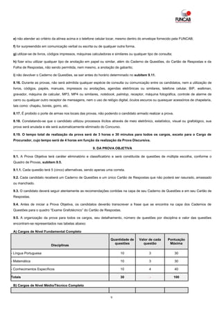 e) não atender ao critério da alínea acima e o telefone celular tocar, mesmo dentro do envelope fornecido pela FUNCAB;

 f) for surpreendido em comunicação verbal ou escrita ou de qualquer outra forma.

 g) utilizar-se de livros, códigos impressos, máquinas calculadoras e similares ou qualquer tipo de consulta;

 h) fizer e/ou utilizar qualquer tipo de anotação em papel ou similar, além do Caderno de Questões, do Cartão de Respostas e da
 Folha de Respostas, não sendo permitida, nem mesmo, a anotação de gabarito;

 i) não devolver o Caderno de Questões, se sair antes do horário determinado no subitem 9.11.

 8.16. Durante as provas, não será admitida qualquer espécie de consulta ou comunicação entre os candidatos, nem a utilização de
 livros, códigos, papéis, manuais, impressos ou anotações, agendas eletrônicas ou similares, telefone celular, BIP, walkman,
 gravador, máquina de calcular, MP3, MP4 ou similares, notebook, palmtop, receptor, máquina fotográfica, controle de alarme de
 carro ou qualquer outro receptor de mensagens, nem o uso de relógio digital, óculos escuros ou quaisquer acessórios de chapelaria,
 tais como: chapéu, bonés, gorro, etc.

 8.17. É proibido o porte de armas nos locais das provas, não podendo o candidato armado realizar a prova.

 8.18. Constatando-se que o candidato utilizou processos ilícitos através de meio eletrônico, estatístico, visual ou grafológico, sua
 prova será anulada e ele será automaticamente eliminado do Concurso.

 8.19. O tempo total de realização da prova será de 3 horas e 30 minutos para todos os cargos, exceto para o Cargo de
 Procurador, cujo tempo será de 4 horas em função da realização da Prova Discursiva.

                                                       9. DA PROVA OBJETIVA

 9.1. A Prova Objetiva terá caráter eliminatório e classificatório e será constituída de questões de múltipla escolha, conforme o
 Quadro de Provas, subitem 9.5.

 9.1.1. Cada questão terá 5 (cinco) alternativas, sendo apenas uma correta.

 9.2. Cada candidato receberá um Caderno de Questões e um único Cartão de Respostas que não poderá ser rasurado, amassado
 ou manchado.

 9.3. O candidato deverá seguir atentamente as recomendações contidas na capa de seu Caderno de Questões e em seu Cartão de
 Respostas.

 9.4. Antes de iniciar a Prova Objetiva, os candidatos deverão transcrever a frase que se encontra na capa dos Cadernos de
 Questões para o quadro “Exame Grafotécnico” do Cartão de Respostas.

 9.5. A organização da prova para todos os cargos, seu detalhamento, número de questões por disciplina e valor das questões
 encontram-se representados nas tabelas abaixo:

 A) Cargos de Nível Fundamental Completo

                                                                   Quantidade de      Valor de cada       Pontuação
                                                                     questões           questão            Máxima
                          Disciplinas

- Língua Portuguesa                                                      10                  3                  30

- Matemática                                                             10                  3                  30

- Conhecimentos Específicos                                              10                  4                  40

Totais                                                                   30                  -                  100

 B) Cargos de Nível Médio/Técnico Completo


                                                                   9
 