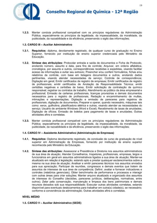 19

                     Conselho Regional de Química - 12ª Região



1.2.3.   Manter conduta profissional compatível com os princípios reguladores da Administração
         Pública, especialmente os princípios da legalidade, da impessoalidade, da moralidade, da
         publicidade, da razoabilidade e da eficiência, preservando o sigilo das informações;

1.3. CARGO III – Auxiliar Administrativo

1.3.1.   Requisitos: diploma, devidamente registrado, de qualquer curso de graduação no Ensino
         Superior, fornecido por instituição de ensino superior credenciada pelo Ministério da
         Educação.

1.3.2.   Síntese das atribuições: Protocolar entrada e saída de documentos e Ficha de Protocolo,
         anotando número, assunto e data, para fins de controle; Arquivar, em ordens alfabética,
         cronológica, por assunto e outros, correspondências recebidas e expedidas, visando facilitar
         acesso às informações e evitar seu extravio; Preencher e/ou conferir formulários, fichas e/ou
         relatórios de controle, com base em listagens documentos e outros, anotando dados
         pertinentes, visando atender necessidades de serviço; Controle de correspondência;
         Digitação em geral; Emitir certificados de registro de empresas; Emitir certificados de registro
         de profissionais; emitir certificados de Anotação de Responsabilidade Técnica; emitir
         certidões negativas e certidões de baixa; Emitir solicitação de contratação de químico
         responsável; registrar os contratos de trabalho; Atendimento ao público da área empresarial e
         profissional; Emissão de carteiras profissionais, licenças provisórias e demais documentos
         necessários para o registro de profissionais; Redação e encaminhamento de multas,
         intimações e representações; Digitação e emissão de pareceres para registros de
         profissionais; digitação de documentos; Preparar e operar, quando necessário, máquinas tais
         como: xerox, guilhotina, plastificadora elétrica e outras, visando atender as necessidades do
         serviço; Usuário de ambiente Windows (Word e Excel); Recebimento de taxas de anuidades;
         Digitação de ofícios; Emissão de boletos para pagamento de taxas e anuidades; Outras
         atividades afins e correlatas.

1.3.3.   Manter conduta profissional compatível com os princípios reguladores da Administração
         Pública, especialmente os princípios da legalidade, da impessoalidade, da moralidade, da
         publicidade, da razoabilidade e da eficiência, preservando o sigilo das informações;

1.4. CARGO IV – Assistente Administrativo (Administração de Empresas)

1.4.1.   Requisitos: Diploma devidamente registrado, de conclusão de curso de graduação de nível
         superior em Administração de Empresas, fornecido por instituição de ensino superior
         reconhecida pelo Ministério da Educação.

1.4.2.   Síntese das atribuições: Assessorar a Presidência e Diretoria nos assuntos administrativos
         de sua área de atuação; Atender Conselheiros, Inspetores, profissionais, empresas, leigos e
         funcionários em geral em assuntos administrativos ligados a sua área de atuação; Manter-se
         atualizado em relação à legislação, estando apto a prestar quaisquer esclarecimentos sobre a
         mesma na sua área de atuação; Analisar e emitir pareceres técnicos nos assuntos enviados
         para sua apreciação; Participar de reuniões, congressos e demais eventos que tratem de
         assuntos de interesse de sua área de competência; Definir, avaliar e fornecer indicadores e
         controles (relatórios gerenciais); Obter benchmarks de performance e processos e interagir
         com outras áreas para criar soluções; Manter arquivo atualizado e organizado dos assuntos
         de interesse do Conselho (decisões, pareceres jurídicos, deliberações, normativas, entre
         outros); Zelar pela conservação, manutenção e limpeza dos bens patrimoniais e demais
         recursos deixados sob sua responsabilidade; Executar outras atividades correlatas, estando
         disponível para eventuais deslocamentos para trabalhar em outra(s) cidade(s), se necessário;
         conforme a conveniência da administração. Outras atividades afins e correlatas.

NÍVEL MÉDIO

1.5. CARGO V – Auxiliar Administrativo (SEDE)
 