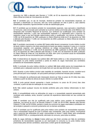 6

                    Conselho Regional de Química - 12ª Região


dezembro de 1999 e alterado pelo Decreto n.° 5.296, de 02 de dezembro de 2004, publicado no
Diário Oficial da União de 3 de dezembro de 2004.

6.6. O candidato que, no ato de inscrição, declarar-se portador de necessidades especiais, se
aprovado e classificado no Concurso, terá seu nome publicado em lista à parte e, caso obtenha
classificação necessária, figurará também na lista de classificação geral.

6.7. O candidato que se declarar portador de necessidades especiais, caso aprovado e classificado
no Concurso, será convocado para submeter-se à perícia médica promovida pela Junta Médica a ser
designada pelo Conselho Regional de Química, que verificará sua qualificação como portador de
necessidades especiais, o grau das necessidades especiais e a capacidade para o exercício do
respectivo cargo e que terá decisão determinativa sobre a qualificação, nos termos do Decreto n°
3.298, de 20 de dezembro de 1999, publicado no Diário Oficial da União de 21 de dezembro de 1999
e alterado pelo Decreto n° 5.296, de 2 de dezembro de 2004, publicado no Diário Oficial da União de
3 de dezembro de 2004.

6.8. O candidato mencionado no subitem 6.7 deste edital deverá comparecer à junta médica munido
de laudo médico original ou de cópia autenticada do laudo que ateste a espécie e o grau ou o nível de
necessidade especial, com expressa referência ao código correspondente da CID, conforme
especificado no Decreto n° 3.298, de 20 de dezembro de 1999, publicado no Diário Oficial da União
de 21 de dezembro de 1999 e alterado pelo Decreto n° 5.296, de 2 de dezembro de 2004, publicado
no Diário Oficial da União de 3 de dezembro de 2004, bem como à provável causa da necessidade
especial, quando de sua convocatória para contratação.

6.9. A inobservância do disposto nos subitens 6.2 a 6.7 deste edital ou o não comparecimento ou a
reprovação na junta médica acarretará a perda do direito às vagas reservadas aos candidatos
portadores de necessidades especiais.

6.10. A conclusão da junta médica referida no subitem 6.8 deste edital acerca da incapacidade do
candidato para o adequado exercício da função fará com que ele seja eliminado do Concurso.

6.11. Quando a junta médica concluir pela inaptidão do candidato, havendo recurso, constituir-se-á
junta pericial para nova inspeção, da qual poderá participar profissional indicado pelo candidato.

6.12. A indicação de profissional pelo interessado deverá ser feita no prazo de 03 (três) dias úteis,
contados a partir da data de ciência do laudo referido no subitem 6.10.

6.13. A junta pericial deverá apresentar o laudo conclusivo no prazo de 05 (cinco) dias úteis
contados, a partir da data de realização do novo exame.

6.14. Não caberá qualquer recurso da decisão proferida pela junta médica referenciada no item
anterior.

6.15. A compatibilidade entre as atribuições do cargo e a necessidade especial apresentada pelo
candidato será avaliada, ainda, durante o período de experiência determinado em seu contrato de
trabalho.

6.16. O candidato que não for qualificado pela junta médica como portador de necessidades
                              o                       o
especiais, nos termos do art.4 do Decreto Federal n 3.298, de 20/12/1999, alterado pelo Decreto
          o
Federal n 5.296, de 02/12/2004, perderá o direito de concorrer às vagas reservadas a candidatos em
tal condição e passará a concorrer juntamente com os demais candidatos.

6.17. O candidato que for qualificado pela junta médica como portador de necessidades especiais,
mas a necessidade especial da qual é portador seja considerada, pela junta médica, incompatível
para o exercício das atribuições do cargo, mencionadas no Anexo I, deste Edital, será considerado
NÃO COMPATÍVEL e, consequentemente, eliminado do concurso, para todos os efeitos.

6.18. As vagas definidas no Anexo I deste edital que não forem providas por falta de candidatos
portadores de necessidades especiais ou por reprovação no concurso ou na junta médica serão
preenchidas pelos demais candidatos, observada a ordem geral de classificação.
 