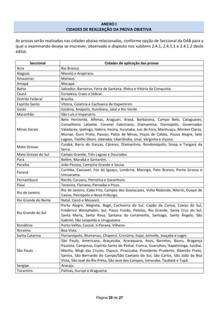 ANEXO I
                           CIDADES DE REALIZAÇÃO DA PROVA OBJETIVA

As provas serão realizadas nas cidades abaixo relacionadas, conforme opção de Seccional da OAB para a
qual o examinando deseja se inscrever, observado o disposto nos subitens 2.4.1, 2.4.1.1 e 2.4.1.2 deste
edital.

         Seccional                                Cidades de aplicação das provas
Acre                    Rio Branco.
Alagoas                 Maceió e Arapiraca.
Amazonas                Manaus.
Amapá                   Macapá.
Bahia                   Salvador, Barreiras, Feira de Santana, Ilhéus e Vitória da Conquista.
Ceará                   Fortaleza, Crato e Sobral.
Distrito Federal        Brasília.
Espírito Santo          Vitória, Colatina e Cachoeira de Itapemirim.
Goiás                   Goiânia, Anápolis, Itumbiara, Jataí e Rio Verde
Maranhão                São Luís e Imperatriz.
                        Belo Horizonte, Alfenas, Araguari, Araxá, Barbacena, Campo Belo, Cataguases,
                        Conselheiro Lafaiete, Coronel Fabriciano, Diamantina, Divinópolis, Governador
Minas Gerais            Valadares, Ipatinga, Itabira, Itaúna, Ituiutaba, Juiz de Fora, Manhuaçu, Montes Claros,
                        Muriaé, Ouro Preto, Passos, Patos de Minas, Poços de Caldas, Pouso Alegre, Sete
                        Lagoas, Teófilo Otoni, Uberaba, Uberlândia, Unaí, Varginha e Viçosa.
                        Cuiabá, Barra do Garças, Cáceres, Diamantino, Rondonópolis, Sinop e Tangará da
Mato Grosso
                        Serra.
Mato Grosso do Sul      Campo Grande, Três Lagoas e Dourados.
Pará                    Belém, Marabá e Santarém.
Paraíba                 João Pessoa, Campina Grande e Sousa.
                        Curitiba, Cascavel, Foz do Iguaçu, Londrina, Maringá, Pato Branco, Ponta Grossa e
Paraná
                        Umuarama.
Pernambuco              Recife, Caruaru, Petrolina e Garanhuns
Piauí                   Teresina, Floriano, Parnaíba e Picos.
                        Rio de Janeiro, Cabo Frio, Campos dos Goytacazes, Volta Redonda, Niterói, Duque de
Rio de Janeiro
                        Caxias, Petrópolis e Nova Friburgo.
Rio Grande do Norte     Natal, Caicó e Mossoró.
                        Porto Alegre, Alegrete, Bagé, Cachoeira do Sul, Capão da Canoa, Caxias do Sul,
                        Frederico Westphalen, Ijuí, Passo Fundo, Pelotas, Rio Grande, Santa Cruz do Sul,
Rio Grande do Sul
                        Santa Maria, Santa Rosa, Santana do Livramento, Santiago, Santo Ângelo, São
                        Gabriel, São Leopoldo e Uruguaiana.
Rondônia                Porto Velho, Cacoal, Ji-Paraná, Vilhena.
Roraima                 Boa Vista.
Santa Catarina          Florianópolis, Blumenau, Chapecó, Criciúma, Itajaí, Joinville, Joaçaba e Lages.
                        São Paulo, Americana, Araçatuba, Araraquara, Assis, Barretos, Bauru, Bragança
                        Paulista, Campinas, Espírito Santo do Pinhal, Franca, Guarulhos, Itapetininga, Jundiaí,
São Paulo               Marília, Mogi das Cruzes, Osasco, Piracicaba, Presidente Prudente, Ribeirão Preto,
                        Santos, São Bernardo do Campo/São Caetano do Sul, São Carlos, São João da Boa
                        Vista, São José do Rio Preto, São José dos Campos, Sorocaba, Taubaté e Tupã.
Sergipe                 Aracaju.
Tocantins               Palmas, Gurupi e Araguaína.




                                             Página 20 de 27
 