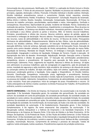 Comunicação dos atos processuais. Notificação. Art. 769/CLT e a aplicação do Direito Comum e Direito
Processual Comum. 7 Vícios do ato processual. Espécies. Nulidades no processo do trabalho: extensão,
princípios, argüição, declaração e efeitos. Preclusão. 8 Dissídio individual e dissídio coletivo. Distinção.
Dissídio individual: procedimentos comum e sumaríssimo. Petição inicial: requisitos, emenda,
aditamento, indeferimento. Pedido. 9 Audiência. “Arquivamento”. Conciliação. Resposta do reclamado.
Defesa direta e indireta. Revelia. Exceções. Contestação. Compensação. Reconvenção. 10 Provas no
processo do trabalho: princípios, peculiaridades, oportunidade e meios. Interrogatórios. Confissão e
consequências. Documentos. Oportunidade de juntada. Incidente de falsidade. Perícia. Sistemática de
realização das perícias. Testemunhas. Compromisso, impedimentos e consequências. Ônus da prova no
processo do trabalho. 11 Sentença nos dissídios individuais. Honorários periciais e advocatícios. Termo
de conciliação e seus efeitos: perante as partes e terceiros. INSS. 12 Sistema recursal trabalhista.
Princípios, procedimento e efeitos dos recursos. Recurso ordinário, agravo de petição, agravo de
instrumento e embargos de declaração. Recurso adesivo. Pressupostos extrínsecos de admissibilidade
dos recursos. Juízos de admissibilidade e de mérito do recurso. 13 Recurso de revista. Pressupostos
intrínsecos de admissibilidade. Prequestionamento. Matéria de fato. Efeitos. Juízo de admissibilidade.
Recurso nos dissídios coletivos. Efeito suspensivo. 14 Execução Trabalhista. Execução provisória e
execução definitiva. Carta de sentença. Aplicação subsidiária da Lei de Execuções Fiscais. Execução de
quantia certa contra devedor solvente. Execução de títulos extrajudiciais. Execução da massa falida.
Liquidação da Sentença. Mandado de Citação. Penhora. 15 Embargos à Execução. Exceção de pré-
executividade. Impugnação à sentença de liquidação. Embargos de Terceiro. Fraude à execução. 16
Expropriação dos bens do devedor. Arrematação. Adjudicação. Remição. Execução contra a Fazenda
Pública: precatórios e dívidas de pequeno valor. 17 Execução das contribuições previdenciárias:
competência, alcance e procedimento. 18 Inquérito para apuração de falta grave. Conceito e
denominação. Cabimento. Prazo. Julgamento do inquérito. Natureza e efeitos da sentença. 19 Ações
civis admissíveis no processo trabalhista: ação de consignação em pagamento, ação de prestação de
contas, mandado de segurança e ação monitória. Ação anulatória: de sentença e de cláusula de acordo
ou convenção coletiva de trabalho. 20 Ação civil pública. Ação civil coletiva. Legitimados, substituição
processual, condenação genérica e liquidação. Coisa julgada e litispendência. 21 Dissídio Coletivo.
Conceito. Classificação. Competência. Instauração: prazo, legitimação e procedimento. Sentença
normativa. Efeitos e vigência. Extensão das decisões e revisão. Ação de Cumprimento. 22 Ação rescisória
no processo do trabalho. Cabimento. Competência. Fundamentos de admissibilidade. Juízo rescindente
e juízo rescisório. Prazo para propositura. Início da contagem do prazo. Procedimento e recurso. 23
Tutela antecipatória de mérito e tutelas cautelares no Direito Processual do Trabalho. 24 Procedimento
ordinário, sumário e sumaríssimo.

DIREITO EMPRESARIAL: 1 Do Direito de Empresa. Do Empresário. Da caracterização e da inscrição. Da
capacidade. 2 Da Sociedade. Disposições gerais. Da sociedade não personificada. Da sociedade em
comum. Da sociedade em conta de participação. Da sociedade personificada. Da sociedade simples. Da
sociedade em nome coletivo. Da sociedade em comandita simples. Da sociedade limitada. Da sociedade
anônima. Da sociedade em comandita por ações. Da sociedade cooperativa. Das sociedades coligadas. 3
Da liquidação da sociedade. Da transformação, da incorporação, da fusão e da cisão das sociedades. Da
sociedade dependente de autorização. 4 Do Estabelecimento. Disposições gerais. 5 Dos Institutos
Complementares. 6 Do registro. Do nome empresarial. Dos prepostos. Da escrituração. 7 Da
Recuperação Judicial, Extrajudicial e a Falência do Empresário e da Sociedade Empresária. 8 Da
Microempresa e da Empresa de Pequeno Porte. 9 Da Letra de Câmbio e da Nota Promissória. 10 Do
Cheque. Da Duplicata. 11 Do Protesto de Títulos. 12 Dos Títulos de Crédito Comercial. 13 Dos Títulos de
Crédito Rural. 14 Das Sociedades por Ações. 15 Da Intervenção e Liquidação Extrajudicial de Instituições
Financeiras. 16 Ações de rito ordinário, sumário e especial. Petição inicial. Defesas do Réu: contestação,
exceções, reconvenção. Recursos. Cumprimento de sentença e processo de execução. Tutelas de
urgência: tutela antecipada, tutelas cautelares. Procedimentos especiais de jurisdição contenciosa.


                                              Página 24 de 27
 
