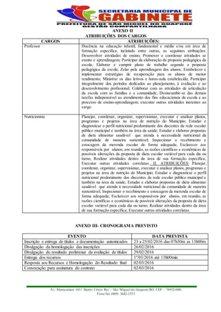 Av. Maracatiara 1411 Bairro Cristo Rei – São Miguel do Guaporé/RO CEP – 76932-000.
Fone/fax (069) 3642-1553
ANEXO II
ATRIBUIÇÕES DOS CARGOS
CARGOS ATRIBUIÇÕES:
Professor Docência na educação infantil, fundamental e médio e/ou em área de
formação especifica, incluindo entre outras, as seguintes atribuições:
Desenvolver atividades de ensino; Promover e coordenar atividades se
ensino e aprendizagem; Participar da elaboração da proposta pedagógica da
escola; Elaborar e cumprir plano de trabalho segundo a proposta
pedagógica da escola; Zelar pela aprendizagem dos alunos; Estabelecer e
implementar estratégias de recuperação para os alunos de menor
rendimento; Ministrar os dias letivos e horas-aula estabelecido; Participar
integralmente dos períodos dedicados ao planejamento, à avaliação e ao
desenvolvimento profissional; Colaborar com as atividades de articulação
da escola com as famílias e a comunidade; Desincumbir-se das demais
tarefas indispensável ao atendimento dos fins educacionais da escola e ao
processo de ensino-aprendizagem; executar outras atividades inerentes ao
cargo.
Nutricionista Planejar, coordenar, organizar, supervisionar, executar e analisar planos,
programas e projetos na área de nutrição do Município; Estudar e
diagnosticar o perfil nutricional predominante dos discentes da rede escolar
público municipal e também na área da saúde; Estudar e elaborar propostas
de dieta alimentar saudável que atenda à necessidade nutricional da
comunidade de maneira sustentável; Inspecionar o recebimento e
estocagem da merenda escolar de forma adequada; Esclarecer aos
responsáveis por alunos, em reunião, as razões científicas e econômicas de
possíveis alterações da proposta de dieta escolar variável para cada dia ou
turno; Realizar atividades dentro da área de sua formação específica;
Executar outras atividades correlatas. II. ATRIBUIÇÕES: Planejar,
coordenar, organizar, supervisionar, executar e analisar planos, programas e
projetos na área de nutrição do Município; Estudar e diagnosticar o perfil
nutricional predominante dos discentes da rede escolar público municipal e
também na área da saúde; Estudar e elaborar propostas de dieta alimentar
saudável que atenda à necessidade nutricional da comunidade de maneira
sustentável; Inspecionar o recebimento e estocagem da merenda escolar de
forma adequada; Esclarecer aos responsáveis por alunos, em reunião, as
razões científicas e econômicas de possíveis alterações da proposta de dieta
escolar variável para cada dia ou turno; Realizar atividades dentro da área
de sua formação específica; Executar outras atividades correlatas.
ANEXO III- CRONOGRAMA PREVISTO
EVENTO DATA PREVISTA
Inscrição e entrega de títulos e documentação autenticados 23 a 25/02/2016 das 07h30m as 13h00m
Divulgação da homologação das inscrições 26/02/2016
Divulgação do resultado preliminar da avaliação de títulos 29/02/2016
Entrega dos recursos 1º/03/2016 até 13h00min
Resposta aos Recursos e Homologação do Resultado final 02/03/2016
Convocação para assinatura do contrato 02/03/2016
 