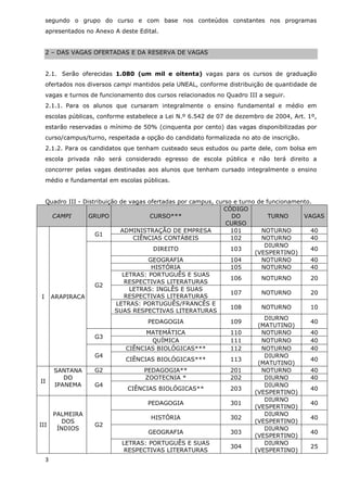 segundo o grupo do curso e com base nos conteúdos constantes nos programas
 apresentados no Anexo A deste Edital.


 2 – DAS VAGAS OFERTADAS E DA RESERVA DE VAGAS


 2.1. Serão oferecidas 1.080 (um mil e oitenta) vagas para os cursos de graduação
 ofertados nos diversos campi mantidos pela UNEAL, conforme distribuição de quantidade de
 vagas e turnos de funcionamento dos cursos relacionados no Quadro III a seguir.
 2.1.1. Para os alunos que cursaram integralmente o ensino fundamental e médio em
 escolas públicas, conforme estabelece a Lei N.º 6.542 de 07 de dezembro de 2004, Art. 1º,
 estarão reservadas o mínimo de 50% (cinquenta por cento) das vagas disponibilizadas por
 curso/campus/turno, respeitada a opção do candidato formalizada no ato de inscrição.
 2.1.2. Para os candidatos que tenham custeado seus estudos ou parte dele, com bolsa em
 escola privada não será considerado egresso de escola pública e não terá direito a
 concorrer pelas vagas destinadas aos alunos que tenham cursado integralmente o ensino
 médio e fundamental em escolas públicas.


   Quadro III - Distribuição de vagas ofertadas por campus, curso e turno de funcionamento.
                                                              CÓDIGO
     CAMPI        GRUPO                 CURSO***                 DO           TURNO     VAGAS
                                                               CURSO
                             ADMINISTRAÇÃO DE EMPRESA            101       NOTURNO        40
                    G1
                                  CIÊNCIAS CONTÁBEIS             102       NOTURNO        40
                                                                            DIURNO
                                         DIREITO                 103                      40
                                                                         (VESPERTINO)
                                       GEOGRAFIA                 104       NOTURNO        40
                                        HISTÓRIA                 105       NOTURNO        40
                              LETRAS: PORTUGUÊS E SUAS
                                                                 106       NOTURNO        20
                               RESPECTIVAS LITERATURAS
                    G2
                                LETRAS: INGLÊS E SUAS
                                                                 107       NOTURNO        20
 I ARAPIRACA                   RESPECTIVAS LITERATURAS
                            LETRAS: PORTUGUÊS/FRANCÊS E
                                                                 108       NOTURNO        10
                           SUAS RESPECTIVAS LITERATURAS
                                                                            DIURNO
                                       PEDAGOGIA                 109                      40
                                                                          (MATUTINO)
                                      MATEMÁTICA                 110       NOTURNO        40
                    G3
                                         QUÍMICA                 111       NOTURNO        40
                               CIÊNCIAS BIOLÓGICAS***            112       NOTURNO        40
                    G4                                                      DIURNO
                               CIÊNCIAS BIOLÓGICAS***            113                      40
                                                                          (MATUTINO)
     SANTANA        G2               PEDAGOGIA**                 201       NOTURNO        40
         DO                           ZOOTECNIA *                202        DIURNO        40
 II
      IPANEMA       G4                                                      DIURNO
                                CIÊNCIAS BIOLÓGICAS**            203                      40
                                                                         (VESPERTINO)
                                                                            DIURNO
                                       PEDAGOGIA                 301                      40
                                                                         (VESPERTINO)
     PALMEIRA                                                               DIURNO
                                        HISTÓRIA                 302                      40
         DOS                                                             (VESPERTINO)
III                 G2
       ÍNDIOS                                                               DIURNO
                                       GEOGRAFIA                 303                      40
                                                                         (VESPERTINO)
                              LETRAS: PORTUGUÊS E SUAS                      DIURNO
                                                                 304                      25
                               RESPECTIVAS LITERATURAS                   (VESPERTINO)
 3
 
