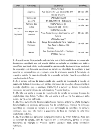 DATA        MUNICÍPIO                             ENDEREÇO                   HORÁRIO
                                                 UNEAL/Campus I
                  Arapiraca            Rua Governador Luiz Cavalcante, S/N –     08 h às 14 h
                                                 Alto do Cruzeiro.
                 Santana do                      UNEAL/Campus II
                                                                                 08 h às 14 h
                  Ipanema                  BR 316, KM 87.5 - Bebedouro
                Palmeira dos                    UNEAL/Campus III
                                                                                 08 h às 14 h
                    Índios                    Rodovia AL 115 – km 03
    19/07/12
                                                 UNEAL/Campus IV
       a       São Miguel dos
                                      Praça Nossa Senhora dos Prazeres, s/nº -   08 h às 14 h
    20/07/12       Campos
                                                        Fátima
                                                 UNEAL/Campus V
                  União dos            Escola Cenecista Santa Maria Madalena
                                                                                 08 h às 14 h
                  Palmares                    Rua Tavares Bastos, 206 -
                                             Centro.
                                        Rua Cincinato Pinto, S/N – Prédio do
                   Maceió                                                        08 h às 14 h
                                                 IPASEAL (térreo)


3.1.8. A entrega da documentação pode ser feita pelo próprio candidato ou por procurador
devidamente constituído por instrumento público ou particular de mandato com poderes
específicos, que ficará retido, sendo necessária a apresentação do documento de identidade
do procurador e da fotocópia autenticada da carteira de identidade do candidato, o qual
assumirá as consequências de eventuais erros do procurador quanto à formulação do
respectivo pedido. No caso da utilização de procuração particular, haverá necessidade de
reconhecimento de firma.
3.1.9. A simples entrega da documentação não garante ao interessado a isenção de
pagamento da taxa de inscrição, nem isenta o interessado de preencher o Requerimento de
Inscrição eletrônico para o Vestibular UNEAL/2012 e cumprir as demais formalidades
necessárias para concretização da participação no Processo Seletivo.
3.1.10. Não será aceita a entrega de requerimento de isenção por pessoas diversas das
estabelecidas neste Edital. Também não será aceita a entrega via fax, postagem pelos
correios ou via correio eletrônico.
3.1.11. O não cumprimento das disposições fixadas nos itens anteriores, a falta de alguma
documentação ou a solicitação apresentada fora do período fixado, implicará na eliminação
automática do processo de isenção e a não participação do candidato no concurso
vestibular, caso este não realize o pagamento da taxa de inscrição na data-limite
estabelecida no boleto.
3.1.12. O candidato que apresentar comprovante inidôneo ou firmar declaração falsa para
se beneficiar da isenção, além de responder civil e criminalmente, perderá os direitos
decorrentes da inscrição no Processo Seletivo Vestibular 2012, sendo considerado
inabilitado.
7
 