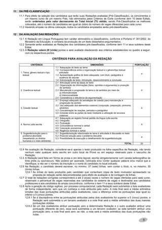 5
11 DA PRÉ-CLASSIFICAÇÃO
11.1 Para efeito da seleção dos candidatos que terão suas Redações avaliadas (Pré-Classificação), os concorrentes a
um mesmo curso de um mesmo Polo, não eliminados pelos Critérios de Corte (conforme item 10 deste Edital),
serão ordenados pelo valor decrescente do Total Inicial (TI) obtido, sendo Pré-Classificados os melhores
colocados, até o número de candidatos ser igual ao dobro do número de vagas oferecidas para cada curso.
11.2 Havendo empate na última colocação, todos os candidatos empatados serão pré-classificados.
12 DA AVALIAÇÃO DAS REDAÇÕES
12.1 A Redação em Língua Portuguesa tem caráter eliminatório e classificatório, conforme a Portaria nº 391/2002, do
Ministério da Educação, e constará da produção de um texto dissertativo-argumentativo.
12.2 Somente serão avaliadas as Redações dos candidatos pré-classificados, conforme item 11 e seus subitens deste
Edital.
12.3 A Redação valerá 20 (vinte) pontos e será avaliada obedecendo aos critérios estabelecidos no quadro a seguir,
com os respectivos pontos.
CRITÉRIOS PARA AVALIAÇÃO DA REDAÇÃO
CRITÉRIOS DIMENSÕES PONTUAÇÃO
1. Tema, gênero textual e tipo
textual
1.1 Adequação do texto ao tema
1.2 Correspondência entre a organização textual e o gênero/tipo textual
solicitado
1.3 Apresentação gráfica do texto adequada, com título, parágrafos e
ausência de rasuras
1.4 Estruturação de texto: introdução, desenvolvimento e conclusão
4
2. Coerência textual
2.1 Articulação entre as ideias do texto
2.2 Organização de informações (fatos, opiniões e argumentos) e produção
de sentidos
2.3 Manutenção e progressão do tema e de sentidos por meio de:
a) Informatividade
b) Intencionalidade
2.4 Consistência e relevância da argumentação
4
3. Coesão textual
3.1 Emprego adequado de estratégias de coesão para manutenção e
progressão de sentido
3.2 Uso adequado dos elementos coesivos (conjunção, preposição, pronome,
advérbio)
3.3 Concatenação de orações, períodos e parágrafos
3.4 Conexão entre as partes de texto mediante a utilização de recursos
coesivos
4
4. Norma culta escrita
4.1 Adequação ao registro formal padrão da língua culta escrita
4.2 Ortografia
4.3 Pontuação
4.4 Concordância nominal e verbal
4.5 Colocação pronominal
4.6 Regência nominal e verbal
4
5. Sugestão/solução para o
problema abordado
(respeitando os direitos
humanos e o meio ambiente)
5.1 Sugestão/solução relacionada ao tema e articulada à discussão no texto
5.2 Possível solução para o problema discutido
5.3 Possibilidade de execução e detalhamento da sugestão/solução
4
TOTAL 20
12.4 Na avaliação da Redação, considerar-se-á apenas o texto produzido na folha específica de Redação, não tendo
nenhum valor qualquer texto escrito em outro local da Prova ou em espaço reservado para o rascunho da
Redação.
12.5 A Redação será feita em forma de prosa e em letra legível, escrita obrigatoriamente com caneta esferográfica de
tinta preta ou azul-escuro. Não poderá ser assinada, rubricada e/ou conter qualquer palavra e/ou marca que a
identifique, a não ser o número da inscrição e o nome do candidato no local indicado.
12.6 Na Redação, o candidato deverá escrever, no mínimo, 07 (sete) linhas, sem contar o título, e, no máximo, 30
(trinta) linhas.
12.6.1 As linhas do texto produzido pelo candidato que contenham cópia de texto motivador apresentado na
proposta de redação serão desconsideradas para efeito de avaliação e de contagem de linhas.
12.7 O total de redações corrigidas corresponderá a até 2 (duas) vezes o número de vagas ofertadas para cada curso,
observado o percentual de vagas reservadas aos candidatos do sistema de vagas e destinadas aos candidatos
professores e aos candidatos da ampla concorrência, conforme o item 11 e seus subitens deste Edital.
12.8 Após a geração de código sigiloso, por processo computacional, cada Redação será submetida a dois avaliadores
de forma independente, sem que um conheça a nota atribuída pelo outro. A nota final será a média aritmética
simples das duas pontuações atribuídas pelos avaliadores, caso a diferença entre as pontuações seja igual ou
inferior a 5 (cinco) pontos.
12.8.1 Se a discrepância entre as pontuações atribuídas pelos dois avaliadores for superior a 5 (cinco) pontos, a
Redação será submetida a um terceiro avaliador e a nota final será a média aritmética das duas maiores
pontuações obtidas.
12.8.2 Se um dos avaliadores atribuir pontuação zero a determinada Redação e o outro avaliador atribuir uma
pontuação diferente de zero, essa será submetida a um terceiro avaliador; se este também atribuir uma
pontuação zero, a nota final será zero; se não, a nota será a média aritmética das duas pontuações não
nulas.
 