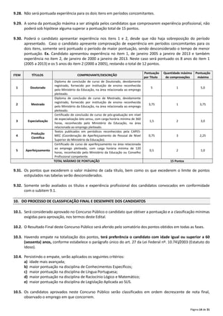 Página 14 de 31
9.28. Não será pontuada experiência para os dois itens em períodos concomitantes.
9.29. A soma da pontuação máxima a ser atingida pelos candidatos que comprovarem experiência profissional, não
poderá sob hipótese alguma superar a pontuação total de 15 pontos.
9.30. Poderá o candidato apresentar experiência nos itens 1 e 2, desde que não haja sobreposição do período
apresentado. Caso o candidato apresente comprovação de experiência em períodos concomitantes para os
dois itens, somente será pontuado o período de maior pontuação, sendo desconsiderado o tempo de menor
pontuação. Ex. Candidato apresentou experiência no item 1, de janeiro 2005 a janeiro de 2013 e também
experiência no item 2, de janeiro de 2000 a janeiro de 2013. Neste caso será pontuado os 8 anos do item 1
(2005 a 2013) e os 5 anos do item 2 (2000 a 2005), restando o total de 12 pontos.
9.31. Os pontos que excederem o valor máximo de cada título, bem como os que excederem o limite de pontos
estipulados nas tabelas serão desconsiderados.
9.32. Somente serão avaliados os títulos e experiência profissional dos candidatos convocados em conformidade
com o subitem 9.1.
10. DO PROCESSO DE CLASSIFICAÇÃO FINAL E DESEMPATE DOS CANDIDATOS
10.1. Será considerado aprovado no Concurso Público o candidato que obtiver a pontuação e a classificação mínimas
exigidas para aprovação, nos termos deste Edital.
10.2. O Resultado Final deste Concurso Público será aferido pelo somatório dos pontos obtidos em todas as fases.
10.3. Havendo empate na totalização dos pontos, terá preferência o candidato com idade igual ou superior a 60
(sessenta) anos, conforme estabelece o parágrafo único do art. 27 da Lei Federal nº. 10.741/2003 (Estatuto do
Idoso).
10.4. Persistindo o empate, serão aplicados os seguintes critérios:
a) idade mais avançada;
b) maior pontuação na disciplina de Conhecimentos Específicos;
c) maior pontuação na disciplina de Língua Portuguesa;
d) maior pontuação na disciplina de Raciocínio Lógico e Matemático;
e) maior pontuação na disciplina de Legislação Aplicada ao SUS.
10.5. Os candidatos aprovados neste Concurso Público serão classificados em ordem decrescente de nota final,
observado o emprego em que concorrem.
ITEM TÍTULOS COMPROVANTE/DESCRIÇÃO
Pontuação
por Título
Quantidade máxima
de comprovações
Pontuação
máxima
1 Doutorado
Diploma de conclusão de curso de Doutorado, devidamente
registrado, fornecido por instituição de ensino reconhecida
pelo Ministério da Educação, na área relacionada ao emprego
pleiteado.
5 1 5,0
2 Mestrado
Diploma de conclusão de curso de Mestrado, devidamente
registrado, fornecido por instituição de ensino reconhecida
pelo Ministério da Educação, na área relacionada ao emprego
pleiteado.
3,75 1 3,75
3 Especialização
Certificado de conclusão de curso de pós‐graduação em nível
de especialização lato sensu, com carga horária mínima de 360
horas, reconhecido pelo Ministério da Educação, na área
relacionada ao emprego pleiteado.
1,5 2 3,0
4
Produção
Científica
Textos publicados em periódicos reconhecidos pela CAPES‐
MEC (Coordenação de Aperfeiçoamento de Pessoal de Nível
Superior do Ministério da Educação).
0,75 3 2,25
5 Aperfeiçoamento
Certificado de curso de aperfeiçoamento na área relacionada
ao emprego pleiteado, com carga horária mínima de 120
horas, reconhecido pelo Ministério da Educação ou Conselho
Profissional competente.
0,5 2 1,0
TOTAL MÁXIMO DE PONTUAÇÃO 15 Pontos
 