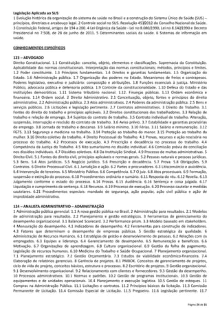 Página 24 de 31
Legislação Aplicada ao SUS
1 Evolução histórica da organização do sistema de saúde no Brasil e a construção do Sistema Único de Saúde (SUS) –
princípios, diretrizes e arcabouço legal. 2 Controle social no SUS. Resolução 453/2012 do Conselho Nacional da Saúde.
3 Constituição Federal, artigos de 194 a 200. 4 Lei Orgânica da Saúde ‐ Lei no 8.080/1990, Lei no 8.142/1990 e Decreto
Presidencial no 7.508, de 28 de junho de 2011. 5 Determinantes sociais da saúde. 6 Sistemas de informação em
saúde.
CONHECIMENTOS ESPECÍFICOS
123 – ADVOGADO
Direito Constitucional. 1.1 Constituição: conceito, objeto, elementos e classiﬁcações. Supremacia da Constituição.
Aplicabilidade das normas constitucionais. Interpretação das normas constitucionais; métodos, princípios e limites.
1.2 Poder constituinte. 1.3 Princípios fundamentais. 1.4 Direitos e garantias fundamentais. 1.5 Organização do
Estado. 1.6 Administração pública. 1.7 Organização dos poderes no Estado. Mecanismos de freios e contrapesos.
Poderes legislativo, executivo e judiciário: composição e atribuições. 1.8 Funções essenciais à justiça. Ministério
Público, advocacia pública e defensoria pública. 1.9 Controle da constitucionalidade. 1.10 Defesa do Estado e das
instituições democráticas. 1.11 Sistema tributário nacional. 1.12. Finanças públicas. 1.13 Ordem econômica e
ﬁnanceira. 1.14 Ordem social. 2 Direito Administrativo. 2.1 Conceituação, objeto, fontes e princípios do direito
administrativo. 2.2 Administração pública. 2.3 Atos administrativos. 2.4 Poderes da administração pública. 2.5 Bens e
serviços públicos. 2.6 Licitações e legislação pertinente. 2.7 Contratos administrativos. 3 Direito do Trabalho. 3.1
Fontes do direito do trabalho e princípios aplicáveis. 3.2 Direitos constitucionais dos trabalhadores. 3.3 Relação de
trabalho e relação de emprego. 3.4 Sujeitos do contrato de trabalho. 3.5 Contrato individual de trabalho. Alteração,
suspensão, interrupção e rescisão do contrato de trabalho. 3.6 Aviso prévio. 3.7 Estabilidade e garantias provisórias
de emprego. 3.8 Jornada de trabalho e descanso. 3.9 Salário mínimo. 3.10 Férias. 3.11 Salário e remuneração. 3.12
FGTS. 3.13 Segurança e medicina no trabalho. 3.14 Proteção ao trabalho do menor. 3.15 Proteção ao trabalho da
mulher. 3.16 Direito coletivo do trabalho. 4 Direito Processual do Trabalho. 4.1 Provas, recursos e ação rescisória no
processo do trabalho. 4.2 Processos de execução. 4.3 Prescrição e decadência no processo do trabalho. 4.4
Competência da Justiça do Trabalho. 4.5 Rito sumaríssimo no dissídio individual. 4.6 Comissão prévia de conciliação
nos dissídios individuais. 4.7 Dissídios coletivos. 4.8 Da Instituição Sindical. 4.9 Processo de multas administrativas. 5
Direito Civil. 5.1 Fontes do direito civil, princípios aplicáveis e normas gerais. 5.2 Pessoas naturais e pessoas jurídicas.
5.3 Bens. 5.4 Atos jurídicos. 5.5 Negócio jurídico. 5.6 Prescrição e decadência. 5.7 Prova. 5.8 Obrigações. 5.9
Contratos. 6 Direito Processual Civil. 6.1 Jurisdição e ação. 6.2 Partes e procuradores. 6.3 Litisconsórcio e assistência.
6.4 Intervenção de terceiros. 6.5 Ministério Público. 6.6 Competência. 6.7 O juiz. 6.8 Atos processuais. 6.9 Formação,
suspensão e extinção do processo. 6.10 Procedimentos ordinário e sumário. 6.11 Resposta do réu. 6.12 Revelia. 6.13
Julgamento conforme o estado do processo. 6.14 Provas. 6.15 Audiência. 6.16 Sentença e coisa julgada. 6.17
Liquidação e cumprimento da sentença. 6.18 Recursos. 6.19 Processo de execução. 6.20 Processo cautelar e medidas
cautelares. 6.21 Procedimentos especiais: mandado de segurança, ação popular, ação civil pública e ação de
improbidade administrativa.
124 – ANALISTA ADMINISTRATIVO – ADMINISTRAÇÃO
1 Administração pública gerencial. 1.1 A nova gestão pública no Brasil. 2 Administração para resultados. 2.1 Modelos
de administração para resultados. 2.2 Planejamento e gestão estratégicos. 3 Ferramentas de gerenciamento do
desempenho organizacional. 3.1 Balanced Scorecard. 3.2 Performance prism. 3.3 Modelo baseado em stakeholders.
4 Mensuração do desempenho. 4.1 Indicadores de desempenho. 4.2 Ferramentas para construção de indicadores.
4.3 Fatores que determinam o desempenho de empresas públicas. 5 Gestão estratégica da qualidade. 6
Administração de Recursos Humanos. 6.1 Estratégias de gestão e desenvolvimento de pessoas. 6.2 Relações com os
empregados. 6.3 Equipes e liderança. 6.4 Gerenciamento de desempenho. 6.5 Remuneração e benefícios. 6.6
Motivação. 6.7 Organizações de aprendizagem. 6.8 Cultura organizacional. 6.9 Gestão da folha de pagamento.
Legislação de recursos humanos. 6.10 Medicina do Trabalho e Saúde Ocupacional. 7 Planejamento organizacional.
7.1 Planejamento estratégico. 7.2 Gestão Orçamentária. 7.3 Estudos de viabilidade econômico‐financeira. 7.4
Elaboração de relatórios gerenciais. 8 Gerência de projetos. 8.1 PMBOK. Conceitos de gerenciamento de projetos,
ciclo de vida do projeto, conceitos básicos, estrutura e processos. 8.2 Escritório de projetos. 9 Gestão organizacional.
9.1 Desenvolvimento organizacional. 9.2 Relacionamento com clientes e fornecedores. 9.3 Gestão do desempenho.
10 Processos administrativos. 10.1 Normas e padrões. 10.2 Gestão de programas institucionais. 10.3 Gestão de
equipamentos e de unidades operacionais. 10.4 Planejamento e execução logística. 10.5 Gestão de estoques. 11
Compras na Administração Pública. 11.1 Licitações e contratos. 11.2 Princípios básicos da licitação. 11.3 Comissão
Permanente de Licitação. 11.4 Comissão Especial de Licitação. 11.5 Pregoeiro. 11.6 Legislação pertinente. 11.7
 