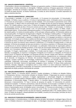 Página 27 de 31
130 – ANALISTA ADMINISTRATIVO – ESTATÍSTICA
1 Distribuições e cálculos de probabilidades. 2 Cálculos com geometria analítica. 3 Inferência estatística. 4 Estatística
computacional. 5 Análise matemática. 6. Demografia. 7 Métodos numéricos. 8 Pesquisa operacional. 9 Técnica de
amostragem. 10 Análise de correlação e regressão. 11 Controle estatístico da qualidade. 12 Processos estocásticos.
13 Análise de dados discretos. 14 Análise multivariada. 15 Análise de séries temporais. 16 Análise exploratória de
dados e estatística descritiva.
131 – ANALISTA ADMINISTRATIVO – JORNALISMO
1 Comunicação e sociedade. 1.1 O que é comunicação. 1.2 O processo da comunicação. 1.3 Comunicação e
sociedade. 1.4 Público, massa e audiência. 1.5 Cultura e representações sociais. 1.6 Relações sociais e comunicação.
1.7 Processos da comunicação e a construção social da realidade. 1.8 A comunicação no pensamento social. 2 Ética
na comunicação. 2.1 Moral e ética na comunicação social. 2.2 Códigos de ética nas áreas de imprensa, radiodifusão
(rádio e TV), relações públicas e novos meios. 2.3 Meios de Assegurar a Responsabilidade Social (MARS): conselhos
de comunicação, comissões de ética e formas de controle social da mídia. 3 Estética na comunicação. 3.1 Estética e
reprodutibilidade técnica. 3.2 Comunicação e arte. 3.4 Comunicação, percepção e estética. 3.5 Mídia, criação e
padronização estética. 4 Comunicação e planejamento gráficos. 4.1 Os processos de produção, circulação e consumo
da indústria gráfica. 4.2 Análise do produto gráfico. 4.3 Os principais softwares gráficos. 4.4 Elementos estéticos da
comunicação gráfica. 4.5 Programas de diagramação e infografia. 4.6 Tipologia e medidas gráficas. 4.7 Diagramação.
4.8 Técnicas de composição e impressão. 5 Introdução ao jornalismo. 5.1 O conceito de notícia, a objetividade e
subjetividade. 5.2 A caracterização, a captação e a redação de notícias. 5.3 A linguagem jornalística e a estrutura da
informação. 5.4 A relação com as fontes e o público da informação. 5.5 O condicionamento econômico e político. 5.6
A produção da notícia, os fatores que interferem na produção, a mediação pessoal, organizacional e profissional. 5.6
A estrutura da notícia nos diversos meios impressos e audiovisuais. 5.7 A inserção no espaço‐tempo e a rotina de
produção. 5.8 Técnicas de produção de texto para jornalismo. 6 Jornalismo corporativo. 6.1 Diferenças básicas entre
o jornalismo de um veículo tradicional de comunicação e as publicações institucionais de organizações públicas e
privadas. 6.2 Os produtos da atividade jornalística. 6.3 Os meios de comunicação voltados para os públicos interno e
externo. 6.4 O jornalismo digital. 7 Teoria da imagem. 7.1 Conceitos básicos de imagem. 7.2 O processo de
percepção. 7.3 Imagem, representação e realidade. 7.4 A função social da imagem. 7.5 A imagem no cinema, na
televisão, na propaganda, na imprensa e na fotografia. 8 Fotografia. 8.1 O realismo e a fotografia. 8.2 Princípios da
câmara escura. 8.3 Aspectos da linguagem. 8.4 Elementos técnicos: formato, relação entre abertura e velocidade,
sensibilidade e gama de cinzas de um negativo. 8.5 Elementos plásticos: enquadramento, luz, composição e efeitos
da 3ª dimensão. 1.6 Fotogramas. 8.7 Retratos. 8.8 Jornalismo fotográfico. 9 Comunicação organizacional. 9.1
Produção e produto multimídia. 9.2 Terminologia, fundamentos e requisitos da interação homem‐computador:
usabilidade, colaboração, comunicação, acessibilidade de interfaces e localização. 9.3 Design de Informação.
Arquitetura de informação. Sistemas de organização, navegação e busca. Interface. 9.4 Novas mídias audiovisuais.
Confronto, interação, integração e convergência entre as novas mídias e os meios audiovisuais tradicionais. 9.5
Hipertextualidade, multimídia e interatividade. 9.6 Tratamento e processamento da imagem e do áudio em suportes
digitalizados de edição, produção e distribuição de conteúdo.
132 – ANALISTA ADMINISTRATIVO – RELAÇÕES PÚBLICAS
1 Relações Públicas. 1.1 Conceitos básicos, natureza e funções estratégicas. 1.2 Públicos em Relações Públicas.
1.3 Planejamento, técnicas e instrumentos utilizados em Relações Públicas. 2 Organização de eventos e promoção
institucional. 3 Cerimonial e protocolo. 4 Imagem organizacional e comunicação Integrada. 4.1 Identidade
institucional. 4.2 Questões públicas e Relações Públicas. 4.3 Administração de crises. 4.4 Relações com a imprensa. 5
Ombudsman. 6 Comunicação dirigida. 7 Opinião pública. 7.1 Conceitos básicos e objetivos. 7.2 Comunicação,
democracia e desenvolvimento. 7.3 Tipos e técnicas de pesquisas de opinião. 7.4 Instrumentos de controle e
avaliação de resultados. 7.5 Amostra, questionários e tipos de entrevistas. 8 Comunicação e sociedade. 8.1 O que é
comunicação. 8.2 O processo da comunicação. 8.3 Comunicação e sociedade. 8.4 Público, massa e audiência. 8.5
Cultura e representações sociais. 8.6 Relações sociais e comunicação. 8.7 Processos da comunicação e a construção
social da realidade. 8.8 A comunicação no pensamento social. 9 Ética na comunicação. 9.1 Moral e ética na
comunicação social. 9.2 Códigos de ética nas áreas de imprensa, radiodifusão (rádio e TV), relações públicas e novos
meios. 9.3 Meios de Assegurar a Responsabilidade Social (MARS): conselhos de comunicação, comissões de ética e
formas de controle social da mídia.
133 – ANALISTA DE TECNOLOGIA DA INFORMAÇÃO – BANCO DE DADOS
1 Banco de dados. 1.1 Conceitos básicos. 1.2 Projeto de bancos de dados. Normalização, modelagem lógica e física de
dados. 1.3 Modelo relacional e normalização de dados. 1.4 Abordagem relacional. 1.5 Sistemas gerenciadores de
 