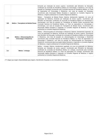 fornecido por instituição de ensino superior, reconhecido pelo Ministério da Educação;
Certificado de conclusão de Residência Médica em Ginecologia e Obstetrícia, com área de
atuação em Sexologia reconhecido pela Comissão Nacional de Residência Médica; ou Título
de especialista em Ginecologia e Obstetrícia, com área de atuação em Sexologia,
reconhecido pela Associação Médica Brasileira e registrado no Conselho Regional de
Medicina; e registro profissional no Conselho Regional de Medicina.
109 Médico - Transplante de Medula Óssea
Médico - Transplante de Medula Óssea: Diploma, devidamente registrado, de curso de
graduação em Medicina, fornecido por instituição de ensino superior, reconhecido pelo
Ministério da Educação; Certificado de conclusão de Residência Médica em Hematologia e
Hemoterapia, com área de atuação em Transplante de Medula Óssea reconhecido pela
Comissão Nacional de Residência Médica; ou Título de especialista em Hematologia e
Hemoterapia, com área de atuação em Transplante de Medula Óssea, reconhecido pela
Associação Médica Brasileira e registrado no Conselho Regional de Medicina; e registro
profissional no Conselho Regional de Medicina.
110
Médico - Ultrassonografia em
Ginecologia e Obstetrícia
Médico - Ultrassonografia em Ginecologia e Obstetrícia: Diploma, devidamente registrado, de
curso de graduação em Medicina, fornecido por instituição de ensino superior, reconhecido
pelo Ministério da Educação; Certificado de conclusão de Residência Médica em Ginecologia
e Obstetrícia, com área de atuação em ultrassonografia em Ginecologia e Obstetrícia
reconhecido pela Comissão Nacional de Residência Médica; ou Título de especialista em
Ginecologia e Obstetrícia, com área de atuação em Ultrassonografia em Ginecologia e
Obstetrícia, reconhecido pela Associação Médica Brasileira e registrado no Conselho Regional
de Medicina; e registro profissional no Conselho Regional de Medicina.
111 Médico - Urologia
Médico - Urologia: Diploma, devidamente registrado, de curso de graduação em Medicina,
fornecido por instituição de ensino superior, reconhecido pelo Ministério da Educação;
Certificado de conclusão de Residência Médica em Urologia, reconhecido pela Comissão
Nacional de Residência Médica; ou Título de especialista em Urologia, reconhecido pela
Associação Médica Brasileira e registrado no Conselho Regional de Medicina; e registro
profissional no Conselho Regional de Medicina.
(***) Vagas que exigem disponibilidade para viagens. Atendimento Hospitalar ou em Consultórios Itinerantes
Página 9 de 9
 