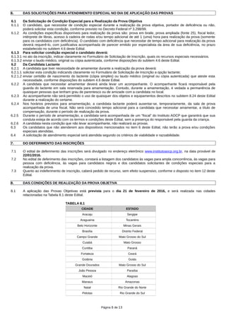 6. DAS SOLICITAÇÕES PARA ATENDIMENTO ESPECIAL NO DIA DE APLICAÇÃO DAS PROVAS
6.1 Da Solicitação de Condição Especial para a Realização da Prova Objetiva
6.1.1 O candidato, que necessitar de condição especial durante a realização da prova objetiva, portador de deficiência ou não,
poderá solicitar esta condição, conforme previsto no Decreto Federal nº 3.298/99.
6.1.2 As condições específicas disponíveis para realização da prova são: prova em braile, prova ampliada (fonte 25), fiscal ledor,
intérprete de libras, acesso à cadeira de rodas e/ou tempo adicional de até 1 (uma) hora para realização da prova (somente
para os candidatos com deficiência). O candidato com deficiência que necessitar de tempo adicional para realização da prova
deverá requerê-lo, com justificativa acompanhada de parecer emitido por especialista da área de sua deficiência, no prazo
estabelecido no subitem 4.6 deste Edital.
6.1.3 Para solicitar condição especial o candidato deverá:
6.1.3.1 no ato da inscrição, indicar claramente no Formulário de Solicitação de Inscrição, quais os recursos especiais necessários.
6.1.3.2 enviar o laudo médico, original ou cópia autenticada, conforme disposições do subitem 4.6 deste Edital.
6.2 Da Candidata Lactante
6.2.1 A candidata que tiver necessidade de amamentar durante a realização da prova deverá:
6.2.1.1 solicitar esta condição indicando claramente no Formulário de Solicitação de Inscrição a opção lactante;
6.2.1.2 enviar certidão de nascimento do lactente (cópia simples) ou laudo médico (original ou cópia autenticada) que ateste esta
necessidade, conforme disposições do subitem 4.6 deste Edital.
6.2.2 A candidata que necessitar amamentar deverá ainda levar um acompanhante. O acompanhante ficará responsável pela
guarda do lactente em sala reservada para amamentação. Contudo, durante a amamentação, é vedada a permanência de
quaisquer pessoas que tenham grau de parentesco ou de amizade com a candidata no local.
6.2.3 Ao acompanhante não será permitido o uso de quaisquer dos objetos e equipamentos descritos no subitem 8.24 deste Edital
durante a realização do certame.
6.2.4 Nos horários previstos para amamentação, a candidata lactante poderá ausentar-se, temporariamente, da sala de prova
acompanhada de uma fiscal. Não será concedido tempo adicional para a candidata que necessitar amamentar, a título de
compensação, durante o período de realização da prova.
6.2.5 Durante o período de amamentação, a candidata será acompanhada de um “fiscal” do Instituto AOCP que garantirá que sua
conduta esteja de acordo com os termos e condições deste Edital, sem a presença do responsável pela guarda da criança.
6.2.6 A candidata nesta condição que não levar acompanhante, não realizará as provas.
6.3 Os candidatos que não atenderem aos dispositivos mencionados no item 6 deste Edital, não terão a prova e/ou condições
especiais atendidas.
6.4 A solicitação de atendimento especial será atendida segundo os critérios de viabilidade e razoabilidade.
7. DO DEFERIMENTO DAS INSCRIÇÕES
7.1 O edital de deferimento das inscrições será divulgado no endereço eletrônico www.institutoaocp.org.br, na data provável de
22/01/2016.
7.2 No edital de deferimento das inscrições, constará a listagem dos candidatos às vagas para ampla concorrência, às vagas para
pessoa com deficiência, às vagas para candidatos negros e dos candidatos solicitantes de condições especiais para a
realização da prova.
7.3 Quanto ao indeferimento de inscrição, caberá pedido de recurso, sem efeito suspensivo, conforme o disposto no item 12 deste
Edital.
8. DAS CONDIÇÕES DE REALIZAÇÃO DA PROVA OBJETIVA
8.1 A aplicação das Provas Objetivas está prevista para o dia 21 de fevereiro de 2016, e será realizada nas cidades
relacionadas na Tabela 8.1 deste Edital.
TABELA 8.1
CIDADE ESTADO
Aracaju Sergipe
Araguaína Tocantins
Belo Horizonte Minas Gerais
Brasília Distrito Federal
Campo Grande Mato Grosso do Sul
Cuiabá Mato Grosso
Curitiba Paraná
Fortaleza Ceará
Goiânia Goiás
Grande Dourados Mato Grosso do Sul
João Pessoa Paraíba
Maceió Alagoas
Manaus Amazonas
Natal Rio Grande do Norte
Pelotas Rio Grande do Sul
Página 6 de 13
 