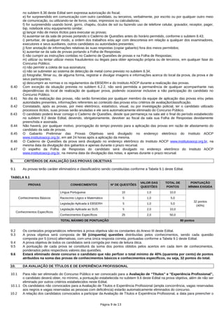 no subitem 8.36 deste Edital sem expressa autorização do fiscal;
e) for surpreendido em comunicação com outro candidato, ou terceiros, verbalmente, por escrito ou por qualquer outro meio
de comunicação, ou utilizando-se de livros, notas, impressos ou calculadoras;
f) for surpreendido usando boné, gorro, chapéu, óculos de sol ou fazendo uso de telefone celular, gravador, receptor, pager,
bip, notebook e/ou equipamento similar;
g) lançar mão de meios ilícitos para executar as provas;
h) ausentar-se da sala de provas portando o Caderno de Questões antes do horário permitido, conforme o subitem 8.43;
i) perturbar, de qualquer modo, a ordem dos trabalhos e/ou agir com descortesia em relação a qualquer dos examinadores,
executores e seus auxiliares, outros candidatos ou autoridades presentes;
j) fizer anotação de informações relativas às suas respostas (copiar gabarito) fora dos meios permitidos;
k) ausentar-se da sala de provas portando a Folha de Respostas;
l) não cumprir as instruções contidas no Caderno de Questões de provas e na Folha de Respostas;
m) utilizar ou tentar utilizar meios fraudulentos ou ilegais para obter aprovação própria ou de terceiros, em qualquer fase do
Concurso Público;
n) não permitir a coleta de sua assinatura;
o) não se submeter ao sistema de detecção de metal como previsto no subitem 8.34;
p) fotografar, filmar ou, de alguma forma, registrar e divulgar imagens e informações acerca do local da prova, da prova e de
seus participantes;
q) descumprir as normas e os regulamentos da EBSERH e do Instituto AOCP durante a realização das provas.
8.40 Com exceção da situação prevista no subitem 6.2.2, não será permitida a permanência de qualquer acompanhante nas
dependências do local de realização de qualquer prova, podendo ocasionar inclusive a não participação do candidato no
Concurso Público.
8.41 No dia da realização das provas, não serão fornecidas por qualquer membro da equipe de aplicação das provas e/ou pelas
autoridades presentes, informações referentes ao conteúdo das provas e/ou critérios de avaliação/classificação.
8.42 Constatado, após as provas, por meio eletrônico, estatístico, visual, ou por investigação policial, ter o candidato utilizado
processos ilícitos, suas provas serão anuladas e ele será automaticamente eliminado do Concurso Público.
8.43 O candidato poderá levar consigo o Caderno de Questões, desde que permaneça na sala até o final do período estabelecido
no subitem 8.2 deste Edital, devendo, obrigatoriamente, devolver ao fiscal da sala sua Folha de Respostas devidamente
preenchida e assinada.
8.44 Não haverá, por qualquer motivo, prorrogação do tempo previsto para a aplicação das provas em razão de afastamento do
candidato da sala de provas.
8.45 O Gabarito Preliminar das Provas Objetivas será divulgado no endereço eletrônico do Instituto AOCP
www.institutoaocp.org.br, em até 24 horas após a aplicação da mesma.
8.46 O Caderno de Questões da prova será divulgado no endereço eletrônico do Instituto AOCP www.institutoaocp.org.br, na
mesma data da divulgação dos gabaritos e apenas durante o prazo recursal.
8.47 O espelho da Folha de Respostas do candidato será divulgado no endereço eletrônico do Instituto AOCP
www.institutoaocp.org.br, na mesma data da divulgação das notas, e apenas durante o prazo recursal.
9. CRITÉRIOS DE AVALIAÇÃO DAS PROVAS OBJETIVAS
9.1 As provas terão caráter eliminatório e classificatório sendo constituídas conforme a Tabela 9.1 deste Edital.
TABELA 9.1
PROVAS CONHECIMENTOS Nº DE QUESTÕES
VALOR DAS
QUESTÕES
TOTAL DE
PONTOS
PONTUAÇÃO
MÍNIMA EXIGIDA
Conhecimentos Básicos
Língua Portuguesa 10 1,0 10,0
32 pontos
(40%)
Raciocínio Lógico e Matemático 5 1,0 5,0
Legislação Aplicada à EBSERH 5 1,0 5,0
Conhecimentos Específicos
Legislação Aplicada ao SUS 5 2,0 10,0
Conhecimentos Específicos 25 2,0 50,0
TOTAL MÁXIMO DE PONTUAÇÃO 80 pontos
9.2 Os conteúdos programáticos referentes à prova objetiva são os constantes do Anexo III deste Edital.
9.3 A prova objetiva será composta de 50 (cinquenta) questões distribuídas pelos conhecimentos, sendo cada questão
composta por 5 (cinco) alternativas, com uma única resposta correta, pontuadas conforme a Tabela 9.1 deste Edital.
9.4 A prova objetiva de todos os candidatos será corrigida por meio de leitura ótica.
9.5 A pontuação de cada prova se constituirá da soma dos pontos obtidos pelos acertos em cada item de conhecimentos,
ponderados pelos respectivos valores das questões.
9.6 Estará eliminado deste concurso o candidato que não perfizer o total mínimo de 40% (quarenta por cento) de pontos
atribuídos na soma das provas de conhecimentos básicos e conhecimentos específicos, ou seja, 32 pontos do total.
10. DA AVALIAÇÃO DE TÍTULOS E DE EXPERIÊNCIA PROFISSIONAL
10.1 Para não ser eliminado do Concurso Público e ser convocado para a Avaliação de “Títulos” e “Experiência Profissional”,
o candidato deverá obter, no mínimo, a pontuação estabelecida no subitem 9.6 deste Edital na prova objetiva, além de não ser
eliminado por outros critérios estabelecidos neste Edital.
10.1.1 Os candidatos não convocados para a Avaliação de Títulos e Experiência Profissional (ampla concorrência, vagas reservadas
aos negros e vagas reservadas as pessoas com deficiência) estarão automaticamente eliminados do concurso.
10.2 A relação dos candidatos convocados a participar da Avaliação de Títulos e Experiência Profissional, a data para preencher o
Página 9 de 13
 