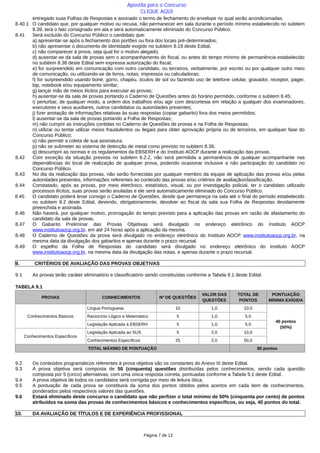 entregado suas Folhas de Respostas e assinado o termo de fechamento do envelope no qual serão acondicionadas.
8.40.1 O candidato que, por qualquer motivo ou recusa, não permanecer em sala durante o período mínimo estabelecido no subitem
8.39, terá o fato consignado em ata e será automaticamente eliminado do Concurso Público.
8.41 Será excluído do Concurso Público o candidato que:
a) apresentar-se após o fechamento dos portões ou fora dos locais pré-determinados;
b) não apresentar o documento de identidade exigido no subitem 8.19 deste Edital;
c) não comparecer à prova, seja qual for o motivo alegado;
d) ausentar-se da sala de provas sem o acompanhamento do fiscal, ou antes do tempo mínimo de permanência estabelecido
no subitem 8.38 deste Edital sem expressa autorização do fiscal;
e) for surpreendido em comunicação com outro candidato, ou terceiros, verbalmente, por escrito ou por qualquer outro meio
de comunicação, ou utilizando-se de livros, notas, impressos ou calculadoras;
f) for surpreendido usando boné, gorro, chapéu, óculos de sol ou fazendo uso de telefone celular, gravador, receptor, pager,
bip, notebook e/ou equipamento similar;
g) lançar mão de meios ilícitos para executar as provas;
h) ausentar-se da sala de provas portando o Caderno de Questões antes do horário permitido, conforme o subitem 8.45;
i) perturbar, de qualquer modo, a ordem dos trabalhos e/ou agir com descortesia em relação a qualquer dos examinadores,
executores e seus auxiliares, outros candidatos ou autoridades presentes;
j) fizer anotação de informações relativas às suas respostas (copiar gabarito) fora dos meios permitidos;
l) ausentar-se da sala de provas portando a Folha de Respostas;
m) não cumprir as instruções contidas no Caderno de Questões de provas e na Folha de Respostas;
n) utilizar ou tentar utilizar meios fraudulentos ou ilegais para obter aprovação própria ou de terceiros, em qualquer fase do
Concurso Público;
o) não permitir a coleta de sua assinatura;
p) não se submeter ao sistema de detecção de metal como previsto no subitem 8.36;
q) descumprir as normas e os regulamentos da EBSERH e do Instituto AOCP durante a realização das provas.
8.42 Com exceção da situação prevista no subitem 6.2.2, não será permitida a permanência de qualquer acompanhante nas
dependências do local de realização de qualquer prova, podendo ocasionar inclusive a não participação do candidato no
Concurso Público.
8.43 No dia da realização das provas, não serão fornecidas por qualquer membro da equipe de aplicação das provas e/ou pelas
autoridades presentes, informações referentes ao conteúdo das provas e/ou critérios de avaliação/classificação.
8.44 Constatado, após as provas, por meio eletrônico, estatístico, visual, ou por investigação policial, ter o candidato utilizado
processos ilícitos, suas provas serão anuladas e ele será automaticamente eliminado do Concurso Público.
8.45 O candidato poderá levar consigo o Caderno de Questões, desde que permaneça na sala até o final do período estabelecido
no subitem 8.2 deste Edital, devendo, obrigatoriamente, devolver ao fiscal da sala sua Folha de Respostas devidamente
preenchida e assinada.
8.46 Não haverá, por qualquer motivo, prorrogação do tempo previsto para a aplicação das provas em razão de afastamento do
candidato da sala de provas.
8.47 O Gabarito Preliminar das Provas Objetivas será divulgado no endereço eletrônico do Instituto AOCP
www.institutoaocp.org.br, em até 24 horas após a aplicação da mesma.
8.48 O Caderno de Questões da prova será divulgado no endereço eletrônico do Instituto AOCP www.institutoaocp.org.br, na
mesma data da divulgação dos gabaritos e apenas durante o prazo recursal.
8.49 O espelho da Folha de Respostas do candidato será divulgado no endereço eletrônico do Instituto AOCP
www.institutoaocp.org.br, na mesma data da divulgação das notas, e apenas durante o prazo recursal.
9. CRITÉRIOS DE AVALIAÇÃO DAS PROVAS OBJETIVAS
9.1 As provas terão caráter eliminatório e classificatório sendo constituídas conforme a Tabela 9.1 deste Edital.
TABELA 9.1
PROVAS CONHECIMENTOS Nº DE QUESTÕES
VALOR DAS
QUESTÕES
TOTAL DE
PONTOS
PONTUAÇÃO
MÍNIMA EXIGIDA
Conhecimentos Básicos
Língua Portuguesa 10 1,0 10,0
40 pontos
(50%)
Raciocínio Lógico e Matemático 5 1,0 5,0
Legislação Aplicada à EBSERH 5 1,0 5,0
Conhecimentos Específicos
Legislação Aplicada ao SUS 5 2,0 10,0
Conhecimentos Específicos 25 2,0 50,0
TOTAL MÁXIMO DE PONTUAÇÃO 80 pontos
9.2 Os conteúdos programáticos referentes à prova objetiva são os constantes do Anexo III deste Edital.
9.3 A prova objetiva será composta de 50 (cinquenta) questões distribuídas pelos conhecimentos, sendo cada questão
composta por 5 (cinco) alternativas, com uma única resposta correta, pontuadas conforme a Tabela 9.1 deste Edital.
9.4 A prova objetiva de todos os candidatos será corrigida por meio de leitura ótica.
9.5 A pontuação de cada prova se constituirá da soma dos pontos obtidos pelos acertos em cada item de conhecimentos,
ponderados pelos respectivos valores das questões.
9.6 Estará eliminado deste concurso o candidato que não perfizer o total mínimo de 50% (cinquenta por cento) de pontos
atribuídos na soma das provas de conhecimentos básicos e conhecimentos específicos, ou seja, 40 pontos do total.
10. DA AVALIAÇÃO DE TÍTULOS E DE EXPERIÊNCIA PROFISSIONAL
Página 7 de 12
Apostila para o Concurso
CLIQUE AQUI
 