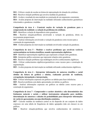 H11 - Utilizar a noção de escalas na leitura de representação de situação do cotidiano.
H12 - Resolver situação-problema que envolva medidas de grandezas.
H13 - Avaliar o resultado de uma medição na construção de um argumento consistente.
H14 - Avaliar proposta de intervenção na realidade utilizando conhecimentos geométricos
relacionados a grandezas e medidas.

Competência de área 4 - Construir noções de variação de grandezas para a
compreensão da realidade e a solução de problemas do cotidiano.
H15 - Identificar a relação de dependência entre grandezas.
H16 - Resolver situação-problema envolvendo a variação de grandezas, direta ou
inversamente proporcionais.
H17 - Analisar informações envolvendo a variação de grandezas como recurso para a
construção de argumentação.
H18 - Avaliar propostas de intervenção na realidade envolvendo variação de grandezas.

Competência de área 5 - Modelar e resolver problemas que envolvem variáveis
socioeconômicas ou técnico-científicas, usando representações algébricas.
H19 - Identificar representações algébricas que expressem a relação entre grandezas.
H20 - Interpretar gráfico cartesiano que represente relações entre grandezas.
H21 - Resolver situação-problema cuja modelagem envolva conhecimentos algébricos.
H22 - Utilizar conhecimentos algébricos/geométricos como recurso para a construção de
argumentação.
H23 - Avaliar propostas de intervenção na realidade utilizando conhecimentos algébricos.

Competência de área 6 - Interpretar informações de natureza científica e social
obtidas da leitura de gráficos e tabelas, realizando previsão de tendência,
extrapolação, interpolação e interpretação.
H24 - Utilizar informações expressas em gráficos ou tabelas para fazer inferências.
H25 - Resolver problema com dados apresentados em tabelas ou gráficos.
H26 - Analisar informações expressas em gráficos ou tabelas como recurso para a
construção de argumentos.

Competência de área 7 - Compreender o caráter aleatório e não determinístico dos
fenômenos naturais e sociais e utilizar instrumentos adequados para medidas,
determinação de amostras e cálculos de probabilidade para interpretar informações
de variáveis apresentadas em uma distribuição estatística.
H27 - Calcular medidas de tendência central ou de dispersão de um conjunto de dados
expressos em uma tabela de frequências de dados agrupados (não em classes) ou em
gráficos.
H28 - Resolver situação-problema que envolva conhecimentos de estatística e
 