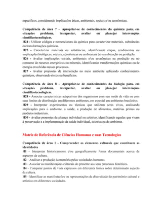 específicos, considerando implicações éticas, ambientais, sociais e/ou econômicas.

Competência de área 7 – Apropriar-se de conhecimentos da química para, em
situações     problema,      interpretar,    avaliar     ou     planejar     intervenções
científicotecnológicas.
H24 - Utilizar códigos e nomenclatura da química para caracterizar materiais, substâncias
ou transformações químicas.
H25 - Caracterizar materiais ou substâncias, identificando etapas, rendimentos ou
implicações biológicas, sociais, econômicas ou ambientais de sua obtenção ou produção.
H26 - Avaliar implicações sociais, ambientais e/ou econômicas na produção ou no
consumo de recursos energéticos ou minerais, identificando transformações químicas ou de
energia envolvidas nesses processos.
H27 - Avaliar propostas de intervenção no meio ambiente aplicando conhecimentos
químicos, observando riscos ou benefícios.

Competência de área 8 – Apropriar-se de conhecimentos da biologia para, em
situações     problema,       interpretar,    avaliar     ou     planejar     intervenções
científicotecnológicas.
H28 - Associar características adaptativas dos organismos com seu modo de vida ou com
seus limites de distribuição em diferentes ambientes, em especial em ambientes brasileiros.
H29 - Interpretar experimentos ou técnicas que utilizam seres vivos, analisando
implicações para o ambiente, a saúde, a produção de alimentos, matérias primas ou
produtos industriais.
H30 - Avaliar propostas de alcance individual ou coletivo, identificando aquelas que visam
à preservação e a implementação da saúde individual, coletiva ou do ambiente.



Matriz de Referência de Ciências Humanas e suas Tecnologias

Competência de área 1 - Compreender os elementos culturais que constituem as
identidades
H1 - Interpretar historicamente e/ou geograficamente fontes documentais acerca de
aspectos da cultura.
H2 - Analisar a produção da memória pelas sociedades humanas.
H3 - Associar as manifestações culturais do presente aos seus processos históricos.
H4 - Comparar pontos de vista expressos em diferentes fontes sobre determinado aspecto
da cultura.
H5 - Identificar as manifestações ou representações da diversidade do patrimônio cultural e
artístico em diferentes sociedades.
 