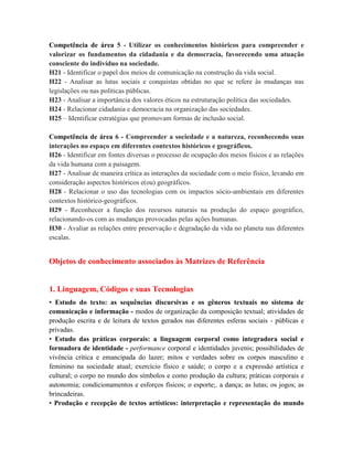 Competência de área 5 - Utilizar os conhecimentos históricos para compreender e
valorizar os fundamentos da cidadania e da democracia, favorecendo uma atuação
consciente do indivíduo na sociedade.
H21 - Identificar o papel dos meios de comunicação na construção da vida social.
H22 - Analisar as lutas sociais e conquistas obtidas no que se refere às mudanças nas
legislações ou nas políticas públicas.
H23 - Analisar a importância dos valores éticos na estruturação política das sociedades.
H24 - Relacionar cidadania e democracia na organização das sociedades.
H25 – Identificar estratégias que promovam formas de inclusão social.

Competência de área 6 - Compreender a sociedade e a natureza, reconhecendo suas
interações no espaço em diferentes contextos históricos e geográficos.
H26 - Identificar em fontes diversas o processo de ocupação dos meios físicos e as relações
da vida humana com a paisagem.
H27 - Analisar de maneira crítica as interações da sociedade com o meio físico, levando em
consideração aspectos históricos e(ou) geográficos.
H28 - Relacionar o uso das tecnologias com os impactos sócio-ambientais em diferentes
contextos histórico-geográficos.
H29 - Reconhecer a função dos recursos naturais na produção do espaço geográfico,
relacionando-os com as mudanças provocadas pelas ações humanas.
H30 - Avaliar as relações entre preservação e degradação da vida no planeta nas diferentes
escalas.


Objetos de conhecimento associados às Matrizes de Referência


1. Linguagem, Códigos e suas Tecnologias
• Estudo do texto: as sequências discursivas e os gêneros textuais no sistema de
comunicação e informação - modos de organização da composição textual; atividades de
produção escrita e de leitura de textos gerados nas diferentes esferas sociais - públicas e
privadas.
• Estudo das práticas corporais: a linguagem corporal como integradora social e
formadora de identidade - performance corporal e identidades juvenis; possibilidades de
vivência crítica e emancipada do lazer; mitos e verdades sobre os corpos masculino e
feminino na sociedade atual; exercício físico e saúde; o corpo e a expressão artística e
cultural; o corpo no mundo dos símbolos e como produção da cultura; práticas corporais e
autonomia; condicionamentos e esforços físicos; o esporte;. a dança; as lutas; os jogos; as
brincadeiras.
• Produção e recepção de textos artísticos: interpretação e representação do mundo
 