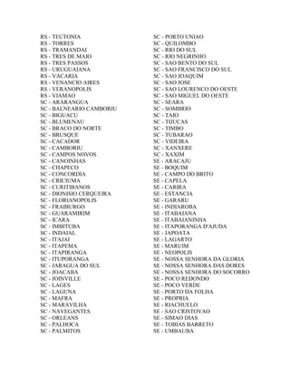 RS - TEUTONIA             SC - PORTO UNIAO
RS - TORRES               SC - QUILOMBO
RS - TRAMANDAI            SC - RIO DO SUL
RS - TRES DE MAIO         SC - RIO NEGRINHO
RS - TRES PASSOS          SC - SAO BENTO DO SUL
RS - URUGUAIANA           SC - SAO FRANCISCO DO SUL
RS - VACARIA              SC - SAO JOAQUIM
RS - VENANCIO AIRES       SC - SAO JOSE
RS - VERANOPOLIS          SC - SAO LOURENCO DO OESTE
RS - VIAMAO               SC - SAO MIGUEL DO OESTE
SC - ARARANGUA            SC - SEARA
SC - BALNEARIO CAMBORIU   SC - SOMBRIO
SC - BIGUACU              SC - TAIO
SC - BLUMENAU             SC - TIJUCAS
SC - BRACO DO NORTE       SC - TIMBO
SC - BRUSQUE              SC - TUBARAO
SC - CACADOR              SC - VIDEIRA
SC - CAMBORIU             SC - XANXERE
SC - CAMPOS NOVOS         SC - XAXIM
SC - CANOINHAS            SE - ARACAJU
SC - CHAPECO              SE - BOQUIM
SC - CONCORDIA            SE - CAMPO DO BRITO
SC - CRICIUMA             SE - CAPELA
SC - CURITIBANOS          SE - CARIRA
SC - DIONISIO CERQUEIRA   SE - ESTANCIA
SC - FLORIANOPOLIS        SE - GARARU
SC - FRAIBURGO            SE - INDIAROBA
SC - GUARAMIRIM           SE - ITABAIANA
SC - ICARA                SE - ITABAIANINHA
SC - IMBITUBA             SE - ITAPORANGA D'AJUDA
SC - INDAIAL              SE - JAPOATA
SC - ITAJAI               SE - LAGARTO
SC - ITAPEMA              SE - MARUIM
SC - ITAPIRANGA           SE - NEOPOLIS
SC - ITUPORANGA           SE - NOSSA SENHORA DA GLORIA
SC - JARAGUA DO SUL       SE - NOSSA SENHORA DAS DORES
SC - JOACABA              SE - NOSSA SENHORA DO SOCORRO
SC - JOINVILLE            SE - POCO REDONDO
SC - LAGES                SE - POCO VERDE
SC - LAGUNA               SE - PORTO DA FOLHA
SC - MAFRA                SE - PROPRIA
SC - MARAVILHA            SE - RIACHUELO
SC - NAVEGANTES           SE - SAO CRISTOVAO
SC - ORLEANS              SE - SIMAO DIAS
SC - PALHOCA              SE - TOBIAS BARRETO
SC - PALMITOS             SE - UMBAUBA
 