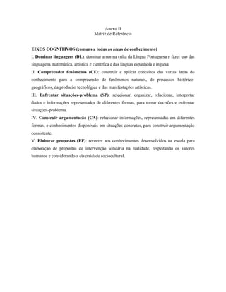 Anexo II
Matriz de Referência
EIXOS COGNITIVOS (comuns a todas as áreas de conhecimento)
I. Dominar linguagens (DL): dominar a norma culta da Língua Portuguesa e fazer uso das
linguagens matemática, artística e científica e das línguas espanhola e inglesa.
II. Compreender fenômenos (CF): construir e aplicar conceitos das várias áreas do
conhecimento para a compreensão de fenômenos naturais, de processos histórico-
geográficos, da produção tecnológica e das manifestações artísticas.
III. Enfrentar situações-problema (SP): selecionar, organizar, relacionar, interpretar
dados e informações representados de diferentes formas, para tomar decisões e enfrentar
situações-problema.
IV. Construir argumentação (CA): relacionar informações, representadas em diferentes
formas, e conhecimentos disponíveis em situações concretas, para construir argumentação
consistente.
V. Elaborar propostas (EP): recorrer aos conhecimentos desenvolvidos na escola para
elaboração de propostas de intervenção solidária na realidade, respeitando os valores
humanos e considerando a diversidade sociocultural.
 