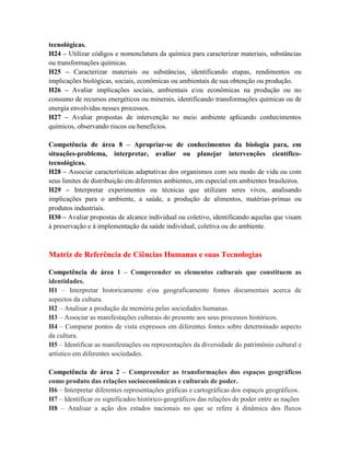 tecnológicas.
H24 – Utilizar códigos e nomenclatura da química para caracterizar materiais, substâncias
ou transformações químicas.
H25 – Caracterizar materiais ou substâncias, identificando etapas, rendimentos ou
implicações biológicas, sociais, econômicas ou ambientais de sua obtenção ou produção.
H26 – Avaliar implicações sociais, ambientais e/ou econômicas na produção ou no
consumo de recursos energéticos ou minerais, identificando transformações químicas ou de
energia envolvidas nesses processos.
H27 – Avaliar propostas de intervenção no meio ambiente aplicando conhecimentos
químicos, observando riscos ou benefícios.
Competência de área 8 – Apropriar-se de conhecimentos da biologia para, em
situações-problema, interpretar, avaliar ou planejar intervenções científico-
tecnológicas.
H28 – Associar características adaptativas dos organismos com seu modo de vida ou com
seus limites de distribuição em diferentes ambientes, em especial em ambientes brasileiros.
H29 – Interpretar experimentos ou técnicas que utilizam seres vivos, analisando
implicações para o ambiente, a saúde, a produção de alimentos, matérias-primas ou
produtos industriais.
H30 – Avaliar propostas de alcance individual ou coletivo, identificando aquelas que visam
à preservação e à implementação da saúde individual, coletiva ou do ambiente.
Matriz de Referência de Ciências Humanas e suas Tecnologias
Competência de área 1 – Compreender os elementos culturais que constituem as
identidades.
H1 – Interpretar historicamente e/ou geograficamente fontes documentais acerca de
aspectos da cultura.
H2 – Analisar a produção da memória pelas sociedades humanas.
H3 – Associar as manifestações culturais do presente aos seus processos históricos.
H4 – Comparar pontos de vista expressos em diferentes fontes sobre determinado aspecto
da cultura.
H5 – Identificar as manifestações ou representações da diversidade do patrimônio cultural e
artístico em diferentes sociedades.
Competência de área 2 – Compreender as transformações dos espaços geográficos
como produto das relações socioeconômicas e culturais de poder.
H6 – Interpretar diferentes representações gráficas e cartográficas dos espaços geográficos.
H7 – Identificar os significados histórico-geográficos das relações de poder entre as nações
H8 – Analisar a ação dos estados nacionais no que se refere à dinâmica dos fluxos
 
