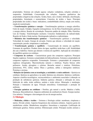 propriedades. Sistemas em solução aquosa: soluções verdadeiras, soluções coloidais e
suspensões. Solubilidade. Concentração das soluções. Aspectos qualitativos das
propriedades coligativas das soluções. Ácidos, bases, sais e óxidos: definição, classificação,
propriedades, formulação e nomenclatura. Conceitos de ácidos e bases. Principais
propriedades dos ácidos e bases: indicadores, condutibilidade elétrica, reação com metais,
reação de neutralização.
• Transformações químicas e energia – Transformações químicas e energia calorífica.
Calor de reação. Entalpia. Equações termoquímicas. Lei de Hess.Transformações químicas
e energia elétrica. Reação de oxirredução. Potenciais padrão de redução. Pilha. Eletrólise.
Leis de Faraday. Transformações nucleares. Conceitos fundamentais da radioatividade.
Reações de fissão e fusão nuclear. Desintegração radioativa e radioisótopos.
• Dinâmica das transformações químicas – Transformações químicas e velocidade.
Velocidade de reação. Energia de ativação. Fatores que alteram a velocidade de reação:
concentração, pressão, temperatura e catalisador.
• Transformação química e equilíbrio – Caracterização do sistema em equilíbrio.
Constante de equilíbrio. Produto iônico da água, equilíbrio ácido-base e pH. Solubilidade
dos sais e hidrólise. Fatores que alteram o sistema em equilíbrio. Aplicação da velocidade e
do equilíbrio químico no cotidiano.
• Compostos de carbono – Características gerais dos compostos orgânicos. Principais
funções orgânicas. Estrutura e propriedades de hidrocarbonetos. Estrutura e propriedades de
compostos orgânicos oxigenados. Fermentação. Estrutura e propriedades de compostos
orgânicos nitrogenados. Macromoléculas naturais e sintéticas. Noções básicas sobre
polímeros. Amido, glicogênio e celulose. Borracha natural e sintética. Polietileno,
poliestireno, PVC, teflon, náilon. Óleos e gorduras, sabões e detergentes sintéticos.
Proteínas e enzimas.
• Relações da Química com as tecnologias, a sociedade e o meio ambiente – Química no
cotidiano. Química na agricultura e na saúde. Química nos alimentos. Química e ambiente.
Aspectos científico-tecnológicos, socioeconômicos e ambientais associados à obtenção ou
produção de substâncias químicas. Indústria química: obtenção e utilização do cloro,
hidróxido de sódio, ácido sulfúrico, amônia e ácido nítrico. Mineração e metalurgia.
Poluição e tratamento de água. Poluição atmosférica. Contaminação e proteção do
ambiente.
• Energias químicas no cotidiano – Petróleo, gás natural e carvão. Madeira e hulha.
Biomassa. Biocombustíveis. Impactos ambientais de combustíveis fósseis. Energia nuclear.
Lixo atômico. Vantagens e desvantagens do uso de energia nuclear.
3.3 Biologia
• Moléculas, células e tecidos – Estrutura e fisiologia celular: membrana, citoplasma e
núcleo. Divisão celular. Aspectos bioquímicos das estruturas celulares. Aspectos gerais do
metabolismo celular. Metabolismo energético: fotossíntese e respiração. Codificação da
informação genética. Síntese protéica. Diferenciação celular. Principais tecidos animais e
 