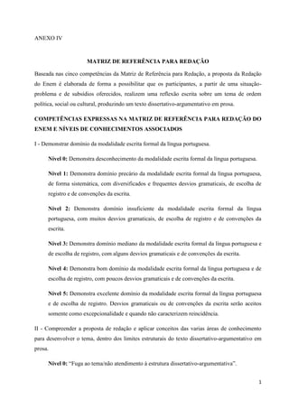 1
ANEXO IV
MATRIZ DE REFERÊNCIA PARA REDAÇÃO
Baseada nas cinco competências da Matriz de Referência para Redação, a proposta da Redação
do Enem é elaborada de forma a possibilitar que os participantes, a partir de uma situação-
problema e de subsídios oferecidos, realizem uma reflexão escrita sobre um tema de ordem
política, social ou cultural, produzindo um texto dissertativo-argumentativo em prosa.
COMPETÊNCIAS EXPRESSAS NA MATRIZ DE REFERÊNCIA PARA REDAÇÃO DO
ENEM E NÍVEIS DE CONHECIMENTOS ASSOCIADOS
I - Demonstrar domínio da modalidade escrita formal da língua portuguesa.
Nível 0: Demonstra desconhecimento da modalidade escrita formal da língua portuguesa.
Nível 1: Demonstra domínio precário da modalidade escrita formal da língua portuguesa,
de forma sistemática, com diversificados e frequentes desvios gramaticais, de escolha de
registro e de convenções da escrita.
Nível 2: Demonstra domínio insuficiente da modalidade escrita formal da língua
portuguesa, com muitos desvios gramaticais, de escolha de registro e de convenções da
escrita.
Nível 3: Demonstra domínio mediano da modalidade escrita formal da língua portuguesa e
de escolha de registro, com alguns desvios gramaticais e de convenções da escrita.
Nível 4: Demonstra bom domínio da modalidade escrita formal da língua portuguesa e de
escolha de registro, com poucos desvios gramaticais e de convenções da escrita.
Nível 5: Demonstra excelente domínio da modalidade escrita formal da língua portuguesa
e de escolha de registro. Desvios gramaticais ou de convenções da escrita serão aceitos
somente como excepcionalidade e quando não caracterizem reincidência.
II - Compreender a proposta de redação e aplicar conceitos das varias áreas de conhecimento
para desenvolver o tema, dentro dos limites estruturais do texto dissertativo-argumentativo em
prosa.
Nível 0: “Fuga ao tema/não atendimento à estrutura dissertativo-argumentativa”.
 