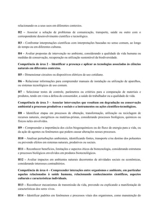 relacionando-os a seus usos em diferentes contextos.
H2 – Associar a solução de problemas de comunicação, transporte, saúde ou outro com o
correspondente desenvolvimento científico e tecnológico.
H3 – Confrontar interpretações científicas com interpretações baseadas no senso comum, ao longo
do tempo ou em diferentes culturas.
H4 – Avaliar propostas de intervenção no ambiente, considerando a qualidade da vida humana ou
medidas de conservação, recuperação ou utilização sustentável da biodiversidade.
Competência de área 2 – Identificar a presença e aplicar as tecnologias associadas às ciências
naturais em diferentes contextos.
H5 – Dimensionar circuitos ou dispositivos elétricos de uso cotidiano.
H6 – Relacionar informações para compreender manuais de instalação ou utilização de aparelhos,
ou sistemas tecnológicos de uso comum.
H7 – Selecionar testes de controle, parâmetros ou critérios para a comparação de materiais e
produtos, tendo em vista a defesa do consumidor, a saúde do trabalhador ou a qualidade de vida.
Competência de área 3 – Associar intervenções que resultam em degradação ou conservação
ambiental a processos produtivos e sociais e a instrumentos ou ações científico-tecnológicos.
H8 – Identificar etapas em processos de obtenção, transformação, utilização ou reciclagem de
recursos naturais, energéticos ou matérias-primas, considerando processos biológicos, químicos ou
físicos neles envolvidos.
H9 – Compreender a importância dos ciclos biogeoquímicos ou do fluxo de energia para a vida, ou
da ação de agentes ou fenômenos que podem causar alterações nesses processos.
H10 – Analisar perturbações ambientais, identificando fontes, transporte e/ou destino dos poluentes
ou prevendo efeitos em sistemas naturais, produtivos ou sociais.
H11 – Reconhecer benefícios, limitações e aspectos éticos da biotecnologia, considerando estruturas
e processos biológicos envolvidos em produtos biotecnológicos.
H12 – Avaliar impactos em ambientes naturais decorrentes de atividades sociais ou econômicas,
considerando interesses contraditórios.
Competência de área 4 – Compreender interações entre organismos e ambiente, em particular
aquelas relacionadas à saúde humana, relacionando conhecimentos científicos, aspectos
culturais e características individuais.
H13 – Reconhecer mecanismos de transmissão da vida, prevendo ou explicando a manifestação de
características dos seres vivos.
H14 – Identificar padrões em fenômenos e processos vitais dos organismos, como manutenção do
 
