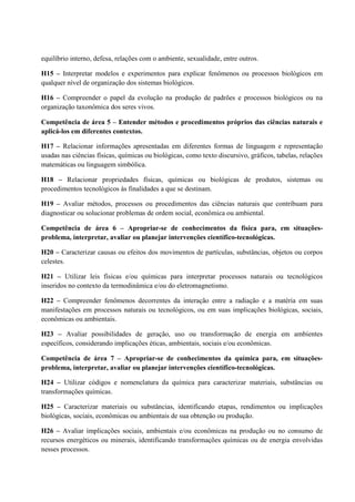 equilíbrio interno, defesa, relações com o ambiente, sexualidade, entre outros.
H15 – Interpretar modelos e experimentos para explicar fenômenos ou processos biológicos em
qualquer nível de organização dos sistemas biológicos.
H16 – Compreender o papel da evolução na produção de padrões e processos biológicos ou na
organização taxonômica dos seres vivos.
Competência de área 5 – Entender métodos e procedimentos próprios das ciências naturais e
aplicá-los em diferentes contextos.
H17 – Relacionar informações apresentadas em diferentes formas de linguagem e representação
usadas nas ciências físicas, químicas ou biológicas, como texto discursivo, gráficos, tabelas, relações
matemáticas ou linguagem simbólica.
H18 – Relacionar propriedades físicas, químicas ou biológicas de produtos, sistemas ou
procedimentos tecnológicos às finalidades a que se destinam.
H19 – Avaliar métodos, processos ou procedimentos das ciências naturais que contribuam para
diagnosticar ou solucionar problemas de ordem social, econômica ou ambiental.
Competência de área 6 – Apropriar-se de conhecimentos da física para, em situações-
problema, interpretar, avaliar ou planejar intervenções científico-tecnológicas.
H20 – Caracterizar causas ou efeitos dos movimentos de partículas, substâncias, objetos ou corpos
celestes.
H21 – Utilizar leis físicas e/ou químicas para interpretar processos naturais ou tecnológicos
inseridos no contexto da termodinâmica e/ou do eletromagnetismo.
H22 – Compreender fenômenos decorrentes da interação entre a radiação e a matéria em suas
manifestações em processos naturais ou tecnológicos, ou em suas implicações biológicas, sociais,
econômicas ou ambientais.
H23 – Avaliar possibilidades de geração, uso ou transformação de energia em ambientes
específicos, considerando implicações éticas, ambientais, sociais e/ou econômicas.
Competência de área 7 – Apropriar-se de conhecimentos da química para, em situações-
problema, interpretar, avaliar ou planejar intervenções científico-tecnológicas.
H24 – Utilizar códigos e nomenclatura da química para caracterizar materiais, substâncias ou
transformações químicas.
H25 – Caracterizar materiais ou substâncias, identificando etapas, rendimentos ou implicações
biológicas, sociais, econômicas ou ambientais de sua obtenção ou produção.
H26 – Avaliar implicações sociais, ambientais e/ou econômicas na produção ou no consumo de
recursos energéticos ou minerais, identificando transformações químicas ou de energia envolvidas
nesses processos.
 