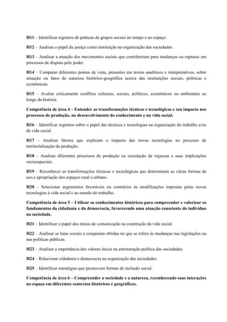 H11 – Identificar registros de práticas de grupos sociais no tempo e no espaço.
H12 – Analisar o papel da justiça como instituição na organização das sociedades.
H13 – Analisar a atuação dos movimentos sociais que contribuíram para mudanças ou rupturas em
processos de disputa pelo poder.
H14 – Comparar diferentes pontos de vista, presentes em textos analíticos e interpretativos, sobre
situação ou fatos de natureza histórico-geográfica acerca das instituições sociais, políticas e
econômicas.
H15 – Avaliar criticamente conflitos culturais, sociais, políticos, econômicos ou ambientais ao
longo da história.
Competência de área 4 – Entender as transformações técnicas e tecnológicas e seu impacto nos
processos de produção, no desenvolvimento do conhecimento e na vida social.
H16 – Identificar registros sobre o papel das técnicas e tecnologias na organização do trabalho e/ou
da vida social.
H17 – Analisar fatores que explicam o impacto das novas tecnologias no processo de
territorialização da produção.
H18 – Analisar diferentes processos de produção ou circulação de riquezas e suas implicações
socioespaciais.
H19 – Reconhecer as transformações técnicas e tecnológicas que determinam as várias formas de
uso e apropriação dos espaços rural e urbano.
H20 – Selecionar argumentos favoráveis ou contrários às modificações impostas pelas novas
tecnologias à vida social e ao mundo do trabalho.
Competência de área 5 – Utilizar os conhecimentos históricos para compreender e valorizar os
fundamentos da cidadania e da democracia, favorecendo uma atuação consciente do indivíduo
na sociedade.
H21 – Identificar o papel dos meios de comunicação na construção da vida social.
H22 – Analisar as lutas sociais e conquistas obtidas no que se refere às mudanças nas legislações ou
nas políticas públicas.
H23 – Analisar a importância dos valores éticos na estruturação política das sociedades.
H24 – Relacionar cidadania e democracia na organização das sociedades.
H25 – Identificar estratégias que promovam formas de inclusão social.
Competência de área 6 – Compreender a sociedade e a natureza, reconhecendo suas interações
no espaço em diferentes contextos históricos e geográficos.
 