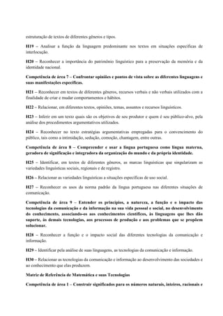 estruturação de textos de diferentes gêneros e tipos.
H19 – Analisar a função da linguagem predominante nos textos em situações específicas de
interlocução.
H20 – Reconhecer a importância do patrimônio linguístico para a preservação da memória e da
identidade nacional.
Competência de área 7 – Confrontar opiniões e pontos de vista sobre as diferentes linguagens e
suas manifestações específicas.
H21 – Reconhecer em textos de diferentes gêneros, recursos verbais e não verbais utilizados com a
finalidade de criar e mudar comportamentos e hábitos.
H22 – Relacionar, em diferentes textos, opiniões, temas, assuntos e recursos linguísticos.
H23 – Inferir em um texto quais são os objetivos de seu produtor e quem é seu público-alvo, pela
análise dos procedimentos argumentativos utilizados.
H24 – Reconhecer no texto estratégias argumentativas empregadas para o convencimento do
público, tais como a intimidação, sedução, comoção, chantagem, entre outras.
Competência de área 8 – Compreender e usar a língua portuguesa como língua materna,
geradora de significação e integradora da organização do mundo e da própria identidade.
H25 – Identificar, em textos de diferentes gêneros, as marcas linguísticas que singularizam as
variedades linguísticas sociais, regionais e de registro.
H26 – Relacionar as variedades linguísticas a situações específicas de uso social.
H27 – Reconhecer os usos da norma padrão da língua portuguesa nas diferentes situações de
comunicação.
Competência de área 9 – Entender os princípios, a natureza, a função e o impacto das
tecnologias da comunicação e da informação na sua vida pessoal e social, no desenvolvimento
do conhecimento, associando-os aos conhecimentos científicos, às linguagens que lhes dão
suporte, às demais tecnologias, aos processos de produção e aos problemas que se propõem
solucionar.
H28 – Reconhecer a função e o impacto social das diferentes tecnologias da comunicação e
informação.
H29 – Identificar pela análise de suas linguagens, as tecnologias da comunicação e informação.
H30 – Relacionar as tecnologias da comunicação e informação ao desenvolvimento das sociedades e
ao conhecimento que elas produzem.
Matriz de Referência de Matemática e suas Tecnologias
Competência de área 1 – Construir significados para os números naturais, inteiros, racionais e
 