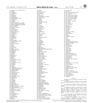 Nº 55, quarta-feira, 21 de março de 2018 63ISSN 1677-70693
Este documento pode ser verificado no endereço eletrônico http://www.in.gov.br/autenticidade.html,
pelo código 00032018032100063
Documento assinado digitalmente conforme MP nº 2.200-2 de 24/08/2001, que institui a
Infraestrutura de Chaves Públicas Brasileira - ICP-Brasil.
SE CANINDE DE SAO FRANCISCO
SE CAPELA
SE CARIRA
SE CARMOPOLIS
SE ESTANCIA
SE GARARU
SE INDIAROBA
SE ITABAIANA
SE ITABAIANINHA
SE ITAPORANGA D AJUDA
SE JAPARATUBA
SE LAGARTO
SE MARUIM
SE NEOPOLIS
SE NOSSA SENHORA DA GLORIA
SE NOSSA SENHORA DAS DORES
SE NOSSA SENHORA DO SOCORRO
SE POCO REDONDO
SE POCO VERDE
SE PORTO DA FOLHA
SE PROPRIA
SE RIACHUELO
SE SAO CRISTOVAO
SE SIMAO DIAS
SE TOBIAS BARRETO
SE UMBAUBA
SP ADAMANTINA
SP AGUDOS
SP AMERICANA
SP AMPARO
SP ANDRADINA
SP APARECIDA
SP APIAI
SP ARACATUBA
SP ARACOIABA DA SERRA
SP ARARAQUARA
SP ARARAS
SP ARTUR NOGUEIRA
SP ARUJA
SP ASSIS
SP ATIBAIA
SP AURIFLAMA
SP AVARE
SP BARRA BONITA
SP BARRA DO TURVO
SP BARRETOS
SP BARRINHA
SP BARUERI
SP BATATAIS
SP BAURU
SP BEBEDOURO
SP BERTIOGA
SP BIRIGUI
SP BOITUVA
SP BOTUCATU
SP BRAGANCA PAULISTA
SP CABREUVA
SP CACAPAVA
SP CACHOEIRA PAULISTA
SP CAIEIRAS
SP CAJAMAR
SP CAJATI
SP CAJURU
SP CAMPINAS
SP CAMPO LIMPO PAULISTA
SP CAMPOS DO JORDAO
SP CANDIDO MOTA
SP CAPAO BONITO
SP CAPIVARI
SP CARAGUATATUBA
SP CARAPICUIBA
SP CASA BRANCA
SP CATANDUVA
SP CERQUEIRA CESAR
SP CERQUILHO
SP COSMOPOLIS
SP COTIA
SP CRUZEIRO
SP CUBATAO
SP DIADEMA
SP DRACENA
SP ELDORADO
SP EMBU DAS ARTES
SP EMBU-GUACU
SP ESPIRITO SANTO DO PINHAL
SP FERNANDOPOLIS
SP FERRAZ DE VASCONCELOS
SP FRANCA
SP FRANCISCO MORATO
SP FRANCO DA ROCHA
SP GARCA
SP GUAIRA
SP GUARARAPES
SP GUARATINGUETA
SP GUARUJA
SP GUARULHOS
SP HORTOLANDIA
SP IBATE
SP IBITINGA
SP IBIUNA
SP IGUAPE
SP ILHA SOLTEIRA
SP ILHABELA
SP INDAIATUBA
SP ITAI
SP ITANHAEM
SP ITAPECERICA DA SERRA
SP ITAPETININGA
SP ITAPEVA
SP ITAPEVI
SP ITAPIRA
SP ITAPOLIS
SP ITAQUAQUECETUBA
SP ITARARE
SP ITATIBA
SP ITU
SP ITUPEVA
SP ITUVERAVA
SP JABOTICABAL
SP JACAREI
SP JAGUARIUNA
SP JALES
SP JANDIRA
SP JARDINOPOLIS
SP JAU
SP JOSE BONIFACIO
SP JUNDIAI
SP JUQUITIBA
SP LEME
SP LENCOIS PAULISTA
SP LIMEIRA
SP LINS
SP LORENA
SP LOUVEIRA
SP MAIRINQUE
SP MAIRIPORA
SP MARILIA
SP MARTINOPOLIS
SP MATAO
SP MAUA
SP MIRACATU
SP MIRANDOPOLIS
SP MIRANTE DO PARANAPANEMA
SP MIRASSOL
SP MOCOCA
SP MOGI DAS CRUZES
SP MOGI GUACU
SP MOJI MIRIM
SP MONGAGUA
SP MONTE ALTO
SP MONTE APRAZIVEL
SP MONTE MOR
SP NOVA ODESSA
SP NOVO HORIZONTE
SP OLIMPIA
SP ORLANDIA
SP OSASCO
SP OSVALDO CRUZ
SP OURINHOS
SP PARAGUACU PAULISTA
SP PAULINIA
SP PEDERNEIRAS
SP PEDREIRA
SP PENAPOLIS
SP PEREIRA BARRETO
SP PERUIBE
SP PIEDADE
SP PILAR DO SUL
SP PINDAMONHANGABA
SP PIRACICABA
SP PIRAJU
SP PIRAJUI
SP PIRASSUNUNGA
SP PITANGUEIRAS
SP POA
SP PONTAL
SP PORTO FELIZ
SP PORTO FERREIRA
SP PRAIA GRANDE
SP PRESIDENTE EPITACIO
SP PRESIDENTE PRUDENTE
SP PRESIDENTE VENCESLAU
SP PROMISSAO
SP RANCHARIA
SP REGISTRO
SP RIBEIRAO PIRES
SP RIBEIRAO PRETO
SP RIO CLARO
SP RIO GRANDE DA SERRA
SP ROSANA
SP SALTO
SP SALTO DE PIRAPORA
SP SANTA BARBARA D OESTE
SP SANTA CRUZ DO RIO PARDO
SP SANTA FE DO SUL
SP SANTA ISABEL
SP SANTA ROSA DE VITERBO
SP SANTANA DE PARNAIBA
SP SANTO ANDRE
SP SANTOS
SP SAO BERNARDO DO CAMPO
SP SAO CAETANO DO SUL
SP SAO CARLOS
SP SAO JOAO DA BOA VISTA
SP SAO JOAQUIM DA BARRA
SP SAO JOSE DO RIO PARDO
SP SAO JOSE DO RIO PRETO
SP SAO JOSE DOS CAMPOS
SP SAO MANUEL
SP SAO MIGUEL ARCANJO
SP SAO PAULO
SP SAO ROQUE
SP SAO SEBASTIAO
SP SAO VICENTE
SP SERRANA
SP SERTAOZINHO
SP SOCORRO
SP SOROCABA
SP SUMARE
SP SUZANO
SP TABOAO DA SERRA
SP TAPIRATIBA
SP TAQUARITINGA
SP TATUI
SP TAUBATE
SP TEODORO SAMPAIO
SP TIETE
SP TUPA
SP UBATUBA
SP VALINHOS
SP VARGEM GRANDE DO SUL
SP VARGEM GRANDE PAULISTA
SP VARZEA PAULISTA
SP VINHEDO
SP VOTORANTIM
SP VOTUPORANGA
TO ANANAS
TO ARAGUAINA
TO ARAGUANA
TO ARAGUATINS
TO ARAPOEMA
TO ARRAIAS
TO AUGUSTINOPOLIS
TO BREJINHO DE NAZARE
TO COLINAS DO TOCANTINS
TO CRISTALANDIA
TO DIANOPOLIS
TO ESPERANTINA
TO FORMOSO DO ARAGUAIA
TO GUARAI
TO GURUPI
TO ITACAJA
TO MIRACEMA DO TOCANTINS
TO NATIVIDADE
TO NOVO ACORDO
TO PALMAS
TO PALMEIROPOLIS
TO PARAISO DO TOCANTINS
TO PEDRO AFONSO
TO PEIXE
TO PORTO NACIONAL
TO SANTA FE DO ARAGUAIA
TO SITIO NOVO DO TOCANTINS
TO TAGUATINGA
TO TOCANTINOPOLIS
TO WANDERLANDIA
TO XAMBIOA
ANEXO II
Documentos aceitos nos recursos da solicitação de isenção
da taxa de inscrição
Documentos aceitos para solicitação de recurso de isenção
da taxa de inscrição pela Lei nº 12.799, de 10 de abril de
2013:
a. Documento de identificação (Cédula de Identidade) do
participante e dos demais membros que compõem o núcleo
familiar.
b. Declaração que comprove a realização de todo o ensino
médio em escola do sistema público de ensino do Brasil
(municipal, estadual ou federal) ou histórico escolar do ensino
médio, com assinatura e carimbo da escola; e, no caso de
participante bolsista, acrescentar a declaração da escola que
comprove a condição de bolsista integral em todo o ensino
médio.
c. Como comprovante da renda declarada, será aceito um
dos documentos relacionados a seguir, referente ao mês corrente
ou, no máximo, a três meses anteriores:
. Comprovante de pagamento, como holerite ou
contracheque, recibo de pagamento por serviços prestados,
envelope de pagamento ou declaração do empregador.
 