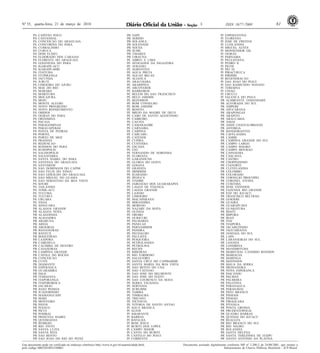 Nº 55, quarta-feira, 21 de março de 2018 61ISSN 1677-70693
Este documento pode ser verificado no endereço eletrônico http://www.in.gov.br/autenticidade.html,
pelo código 00032018032100061
Documento assinado digitalmente conforme MP nº 2.200-2 de 24/08/2001, que institui a
Infraestrutura de Chaves Públicas Brasileira - ICP-Brasil.
PA CAPITAO POCO
PA CASTANHAL
PA CONCEICAO DO ARAGUAIA
PA CONCORDIA DO PARA
PA CURRALINHO
PA CURUCA
PA DOM ELISEU
PA ELDORADO DOS CARAJAS
PA FLORESTA DO ARAGUAIA
PA GOIANESIA DO PARA
PA IGARAPE-ACU
PA IGARAPE-MIRI
PA ITAITUBA
PA ITUPIRANGA
PA JACUNDA
PA JURUTI
PA LIMOEIRO DO AJURU
PA MAE DO RIO
PA MARABA
PA MARITUBA
PA MOCAJUBA
PA MOJU
PA MONTE ALEGRE
PA NOVO PROGRESSO
PA NOVO REPARTIMENTO
PA OBIDOS
PA OEIRAS DO PARA
PA ORIXIMINA
PA PACAJA
PA PARAGOMINAS
PA PARAUAPEBAS
PA PONTA DE PEDRAS
PA PORTEL
PA PORTO DE MOZ
PA PRAINHA
PA REDENCAO
PA RONDON DO PARA
PA RUROPOLIS
PA SALINOPOLIS
PA SALVATERRA
PA SANTA ISABEL DO PARA
PA SANTANA DO ARAGUAIA
PA SANTAREM
PA SAO DOMINGOS DO CAPIM
PA SAO FELIX DO XINGU
PA SAO GERALDO DO ARAGUAIA
PA SAO MIGUEL DO GUAMA
PA SAO SEBASTIAO DA BOA VISTA
PA SOURE
PA TAILANDIA
PA TOME-ACU
PA TUCUMA
PA TUCURUI
PA URUARA
PA VIGIA
PA XINGUARA
PB ALAGOA GRANDE
PB ALAGOA NOVA
PB ALAGOINHA
PB ALHANDRA
PB ARARUNA
PB AREIA
PB AROEIRAS
PB BANANEIRAS
PB BAYEUX
PB BOQUEIRAO
PB CAAPORA
PB CABEDELO
PB CACIMBA DE DENTRO
PB CAJAZEIRAS
PB CAMPINA GRANDE
PB CATOLE DO ROCHA
PB CONCEICAO
PB CUITE
PB DIAMANTE
PB ESPERANCA
PB GUARABIRA
PB INGA
PB ITABAIANA
PB ITAPORANGA
PB ITAPOROROCA
PB JACARAU
PB JOAO PESSOA
PB JUAZEIRINHO
PB MAMANGUAPE
PB MARI
PB MONTEIRO
PB PATOS
PB PIANCO
PB PICUI
PB POMBAL
PB PRINCESA ISABEL
PB QUEIMADAS
PB REMIGIO
PB RIO TINTO
PB SANTA LUZIA
PB SANTA RITA
PB SAO BENTO
PB SAO JOAO DO RIO DO PEIXE
PB SAPE
PB SERIDO
PB SOLANEA
PB SOLEDADE
PB SOUSA
PB SUME
PB TAVARES
PB UIRAUNA
PE ABREU E LIMA
PE AFOGADOS DA INGAZEIRA
PE AFRANIO
PE AGRESTINA
PE AGUA PRETA
PE AGUAS BELAS
PE ALIANCA
PE ARACOIABA
PE ARARIPINA
PE ARCOVERDE
PE BARREIROS
PE BELEM DO SAO FRANCISCO
PE BELO JARDIM
PE BEZERROS
PE BOM CONSELHO
PE BOM JARDIM
PE BONITO
PE BREJO DA MADRE DE DEUS
PE CABO DE SANTO AGOSTINHO
PE CABROBO
PE CAETES
PE CAMARAGIBE
PE CARNAIBA
PE CARPINA
PE CARUARU
PE CATENDE
PE CUPIRA
PE CUSTODIA
PE ESCADA
PE EXU
PE FERNANDO DE NORONHA
PE FLORESTA
PE GARANHUNS
PE GLORIA DO GOITA
PE GOIANA
PE GRAVATA
PE IBIMIRIM
PE IGARASSU
PE IPOJUCA
PE ITAMBE
PE JABOATAO DOS GUARARAPES
PE LAGOA DE ITAENGA
PE LAGOA GRANDE
PE LAJEDO
PE LIMOEIRO
PE MACAPARANA
PE MIRANDIBA
PE MORENO
PE NAZARE DA MATA
PE OLINDA
PE OROBO
PE OURICURI
PE PALMARES
PE PANELAS
PE PARNAMIRIM
PE PASSIRA
PE PAUDALHO
PE PAULISTA
PE PESQUEIRA
PE PETROLANDIA
PE PETROLINA
PE RECIFE
PE RIBEIRAO
PE RIO FORMOSO
PE SALGUEIRO
PE SANTA CRUZ DO CAPIBARIBE
PE SANTA MARIA DA BOA VISTA
PE SAO BENTO DO UNA
PE SAO CAITANO
PE SAO JOSE DO BELMONTE
PE SAO JOSE DO EGITO
PE SAO LOURENCO DA MATA
PE SERRA TALHADA
PE SERTANIA
PE SURUBIM
PE TABIRA
PE TIMBAUBA
PE TRIUNFO
PE VICENCIA
PE VITORIA DE SANTO ANTAO
PI AGUA BRANCA
PI ALTOS
PI AMARANTE
PI BARRAS
PI BATALHA
PI BOM JESUS
PI BURITI DOS LOPES
PI CAMPO MAIOR
PI CANTO DO BURITI
PI CASTELO DO PIAUI
PI CORRENTE
PI ESPERANTINA
PI FLORIANO
PI JOSE DE FREITAS
PI LUZILANDIA
PI MIGUEL ALVES
PI MONSENHOR GIL
PI OEIRAS
PI PARNAIBA
PI PAULISTANA
PI PEDRO II
PI PICOS
PI PIO IX
PI PIRACURUCA
PI PIRIPIRI
PI REGENERACAO
PI SAO JOAO DO PIAUI
PI SAO RAIMUNDO NONATO
PI TERESINA
PI UNIAO
PI URUCUI
PI VALENCA DO PIAUI
PR ALMIRANTE TAMANDARE
PR ALVORADA DO SUL
PR AMPERE
PR APUCARANA
PR ARAPONGAS
PR ARAPOTI
PR ARAUCARIA
PR ASSAI
PR ASSIS CHATEAUBRIAND
PR ASTORGA
PR BANDEIRANTES
PR CAFELANDIA
PR CAMBE
PR CAMPINA GRANDE DO SUL
PR CAMPO LARGO
PR CAMPO MAGRO
PR CAMPO MOURAO
PR CAPANEMA
PR CASCAVEL
PR CASTRO
PR CHOPINZINHO
PR CIANORTE
PR CLEVELANDIA
PR COLOMBO
PR COLORADO
PR CORNELIO PROCOPIO
PR CORONEL VIVIDA
PR CURITIBA
PR DOIS VIZINHOS
PR FAZENDA RIO GRANDE
PR FOZ DO IGUACU
PR FRANCISCO BELTRAO
PR GOIOERE
PR GUAIRA
PR GUARAPUAVA
PR GUARATUBA
PR IBAITI
PR IBIPORA
PR IRATI
PR IVAI
PR IVAIPORA
PR JACAREZINHO
PR JAGUARIAIVA
PR JANDAIA DO SUL
PR LAPA
PR LARANJEIRAS DO SUL
PR LOANDA
PR LONDRINA
PR MANDIRITUBA
PR MARECHAL CANDIDO RONDON
PR MARIALVA
PR MARINGA
PR MATINHOS
PR MAUA DA SERRA
PR MEDIANEIRA
PR NOVA ESPERANCA
PR PAICANDU
PR PALMAS
PR PALMEIRA
PR PALOTINA
PR PARANAGUA
PR PARANAVAI
PR PATO BRANCO
PR PINHAIS
PR PINHAO
PR PIRAQUARA
PR PITANGA
PR PONTA GROSSA
PR PRUDENTOPOLIS
PR QUATRO BARRAS
PR QUEDAS DO IGUACU
PR REALEZA
PR RIO BRANCO DO SUL
PR RIO NEGRO
PR ROLANDIA
PR SANTA HELENA
PR SANTA TEREZINHA DE ITAIPU
PR SANTO ANTONIO DA PLATINA
 