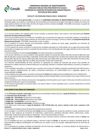 EDITAL No
1 - CONCURSO PÚBLICO 1/2014 – CONAB - NORMATIVO Página 1 de 14
COMPANHIA NACIONAL DE ABASTECIMENTO
CONCURSO PÚBLICO PARA PROVIMENTO DE VAGAS E
FORMAÇÃO DE CADASTRO DE RESERVA EM CARGOS PÚBLICOS
EFETIVOS DE NÍVEL MÉDIO
EDITAL N
o
1 DO CONCURSO PÚBLICO 1/2014 - NORMATIVO
Na presente data de 11 de abril de 2014, o Presidente da COMPANHIA NACIONAL DE ABASTECIMENTO (Conab), no uso de suas
atribuições legais, torna pública a realização de concurso público para provimento de vagas e formação de cadastro de reserva em
cargos públicos efetivos de nível médio, do Plano de Cargos, Carreiras e Salários da Conab – PCCS 2009, relacionados no quadro de
vagas constantes do Anexo I deste edital.
1 DAS DISPOSIÇÕES PRELIMINARES
1.1 O concurso público será regulado pelas normas contidas no presente edital e seus anexos e será executado pelo Instituto
Americano de Desenvolvimento (IADES).
1.2 O concurso público destina-se a selecionar candidatos para o provimento de vagas para contratação imediata e à formação de
cadastro de reserva em cargos públicos efetivos de nível médio, do Plano de Cargos, Carreiras e Salários da Companhia Nacional de
Abastecimento (Conab) – PCCS 2009, relacionados no item 2 a seguir.
1.2.1 O cadastro de reserva somente será aproveitado mediante a abertura de novas vagas, atendendo aos interesses de
conveniência e de oportunidade da Conab.
1.2.2 Por cadastro de reserva, entenda-se o conjunto dos candidatos aprovados em conformidade com as regras do presente edital,
relacionados na listagem que contém o resultado final do certame e com classificação além das vagas indicadas no item 2 para cada
área de formação.
1.3 O concurso público consistirá de prova objetiva, de caráter eliminatório e classificatório.
1.4 As provas referentes ao concurso público serão aplicadas cidades de Aracajú (SE), Belém (PA), Belo Horizonte (MG), Boa Vista
(RR), Brasília (DF), Campo Grande (MS), Cuiabá (MT), Curitiba (PR), Florianópolis (SC), Fortaleza (CE), Goiânia (GO), João Pessoa (PB),
Macapá (AP), Maceió (AL), Manaus (AM), Natal (RN), Palmas (TO), Porto Alegre (RS), Porto Velho (RO), Recife (PE), Rio Branco (AC),
Rio de Janeiro (RJ), Salvador (BA), São Luís (MA), São Paulo (SP), Teresina (PI) e Vitória (ES).
1.4.1 Havendo indisponibilidade de locais suficientes ou adequados nas cidades de realização das provas, estas poderão ser
realizadas em cidades próximas às determinadas para sua aplicação, devendo o candidato responsabilizar-se quanto a transporte e
alojamento.
1.5 Os candidatos aprovados e convocados para a assinatura do contrato de trabalho realizarão procedimentos pré-admissionais e
exames médicos complementares, de caráter unicamente eliminatório, em conformidade com a legislação vigente e de
responsabilidade da Conab.
1.6 Os candidatos que ingressarem nos quadros de pessoal da Conab serão regidos pela Consolidação das Leis do Trabalho (CLT).
1.6.1 A cessão/requisição do empregado para outros órgãos da Administração Pública somente poderá ocorrer após 3 (três) anos de
efetivo exercício.
1.6.2 A transferência por interesse exclusivo do empregado(a) somente poderá ocorrer após 3 (três) anos de efetivo exercício da
unidade de lotação para a qual foi contratado(a).
1.7 Os horários mencionados no presente edital e nos demais editais a serem publicados para o certame obedecerão ao horário
oficial de Brasília/DF.
2 DO CARGO E DAS ÁREAS DE FORMAÇÃO
2.1 As 177 (cento e setenta e sete) vagas disponíveis para contratação imediata são para o cargo de Assistente e estão distribuídas
em 4 (quatro) áreas de formação, a saber:
a) Código 201 – Nível Médio: 62 (sessenta e duas) vagas;
b) Código 202 – Técnico Agrícola: 86 (oitenta e seis) vagas;
c) Código 203 - Contabilidade: 15 (quinze) vagas; e
d) Código 204 - Tecnologia da Informação: 14 (quatorze) vagas.
2.2 O salário base mensal para o cargo de Assistente é R$ 2.172,63 (dois mil, cento e setenta e dois reais e sessenta e três
centavos).
2.3 A jornada de trabalho é de até 44 (quarenta e quatro) horas semanais.
2.4 As vantagens e os benefícios oferecidos pela Conab aos seus empregados são: serviço de assistência à saúde, assistência social,
seguro de vida, programa de transporte do trabalhador, auxílio-funeral, assistência educação infantil, auxílio-escola, auxílio-
alimentação, Programa de Alimentação do Trabalhador – PAT e Plano de Previdência Cibrius.
2.5 As vagas são para lotação nas unidades da Conab em todo o território nacional, conforme informação contida no Anexo I do
presente edital.
2.5.1 O candidato que vier a ser admitido poderá, a exclusivo critério da Conab, ser alocado em qualquer localidade dentro da
Superintendência Regional (SUREG)/pólo de trabalho de sua escolha no ato da inscrição, independentemente do domicílio do
candidato.
2.5.2 A admissão em qualquer localidade da Federação não terá ônus para a Conab, e as eventuais despesas de deslocamento e
 