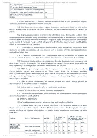 02. Língua Inglesa
03. Noções de Administração Pública
04. Conhecimentos Gerais do Setor Energético
MÓDULO II - CONHECIMENTOS ESPECÍFICOS 45
01. Conhecimentos Específicos
TOTAL 70
9.10 Será atribuída nota 0 (zero) ao item que apresentar mais de uma ou nenhuma resposta
assinalada, ou ao item que apresentar emenda ou rasura.
9.11 O candidato deverá assinalar a resposta da questão objetiva, usando caneta esferográfica
de tinta azul ou preta, no cartão de respostas, que será o único documento válido para a correção das
provas.
9.12 Os prejuízos advindos do preenchimento indevido do cartão de respostas serão de inteira
responsabilidade do candidato. Serão consideradas marcações indevidas as que estiverem em desacordo
com este Edital ou com as instruções do cartão de respostas, como marcação rasurada, emendada ou
com o campo de marcação não preenchido integralmente. Em hipótese alguma, haverá substituição do
cartão de respostas por erro do candidato.
9.13 O candidato não deverá amassar, molhar, dobrar, rasgar, manchar ou, de qualquer modo,
danificar o seu cartão de respostas, sob pena de arcar com os prejuízos advindos da impossibilidade de
realização da leitura ótica.
9.14 O candidato é responsável pela conferência de seus dados pessoais, em especial seu
nome, seu número de inscrição, sua data de nascimento e o número de seu documento de identidade.
9.15 Todos os candidatos, ao terminarem as provas, deverão, obrigatoriamente, entregar ao fiscal
de aplicação o cartão de respostas que será utilizado para a correção de sua prova. O candidato que
descumprir a regra de entrega desse documento será eliminado do Concurso.
9.16 A FGV divulgará a imagem do cartão de respostas dos candidatos que realizarem a Prova
Escrita Objetiva, exceto dos eliminados na forma deste Edital, no endereço eletrônico
https:/
/conhecimento.fgv.br/concursos/epe24, após a data de divulgação do resultado da Prova Objetiva.
A imagem ficará disponível por até 15 (quinze) dias corridos a contar da data de publicação do resultado
final do Concurso Público.
9.17 Após o prazo determinado no subitem anterior, não serão aceitos pedidos de
disponibilização da imagem do cartão de respostas.
9.18 Será considerado aprovado na Prova Objetiva o candidato que:
a) obtiver, no mínimo, 35 (trinta e cinco) pontos do total da prova;
9.19 Os candidatos não eliminados serão ordenados de acordo com os valores decrescentes
das notas finais na Prova Escrita Objetiva.
10. DA PROVA DISCURSIVA
10.1 A Prova Discursiva acontecerá no mesmo dia e horário da Prova Objetiva.
10.2 Somente serão corrigidas as Provas Discursivas dos candidatos habilitados na Prova
Objetiva dentro do quantitativo correspondente a 3 (três) vezes o número total de vagas do cadastro de
reserva, conforme os critérios estabelecidos no quadro abaixo, respeitados os empates na última
colocação:
CARGO ÁREAS DE ATUAÇÃO VAGAS
CADASTRO DE
RESERVA
QUANTITATIVO DE
PROVAS DISCURSIVAS A
SEREM CORRIGIDAS
AC PPP PCD AC PPP PCD AC PPP PCD
ANALISTA DE
PESQUISA
ENERGÉTICA
Economia de Energia 5 1 1 49 14 7 147 42 21
Recursos Energéticos 3 1 0 28 8 4 84 24 12
Transmissão de Energia 13 4 2 133 38 19 399 114 57
07/06/2024, 07:09 EDITAL Nº 3, DE 6 DE JUNHO DE 2024 - EDITAL Nº 3, DE 6 DE JUNHO DE 2024 - DOU - Imprensa Nacional
https://www.in.gov.br/en/web/dou/-/edital-n-3-de-6-de-junho-de-2024-564194987 12/30
 
