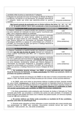 26
candidato militar da ativa ou reservista de 1ª categoria.
f) Registro de conclusão de Curso de Formação de Oficiais da Reserva
da Marinha, do Exército ou da Aeronáutica, do candidato reservista de
1a
categoria, desde que ainda seja aspirante-a-oficial ou guarda-
marinha.
0,50
(cinquenta centésimos)
- Não haverá acúmulo de pontuação para os títulos militares das letras “a)”, “b)”, “c)”, “d)”,
e “e)” do quadro anterior; isto é, será considerado o título de pontuação de maior valor.
2) TÍTULOS CIVIS (exceto para a área Saúde) PONTUAÇÃO
a) Diploma, certificado ou histórico escolar que comprove a conclusão
de curso realizado em instituição de ensino superior reconhecido pelo
MEC, com o respectivo diploma ou certificado.
0,50
(cinquenta centésimos)
b) Diploma, certificado ou histórico escolar que comprove a conclusão
de curso ministrado em escola técnica, pública ou particular, com
indicação de carga horária do curso realizado, devidamente validado
pelo Sistema Nacional de Informações da Educação Profissional e
Tecnológica (SISTEC) ou apenas em conformidade com a Portaria nº
870-MEC, de 16 de julho de 2008, que aprovou o Catálogo Nacional de
Cursos e Estágios de Nível Médio.
0,30
(trinta centésimos)
3) TÍTULOS CIVIS (somente para a área Saúde) PONTUAÇÃO
a) Diploma, certificado ou histórico escolar que comprove a conclusão
de curso que não seja da área de saúde realizado em instituição de
ensino superior reconhecido pelo MEC, com o respectivo diploma ou
certificado.
0,60
(sessenta centésimos)
b) Diploma, certificado ou histórico escolar que comprove a conclusão
de curso qualificação técnica/profissional da área de saúde ministrado
em escola técnica, pública ou particular, com indicação de carga horária
do curso realizado, devidamente validado pelo Sistema Nacional de
Informações da Educação Profissional e Tecnológica (SISTEC) ou
apenas em conformidade com a Portaria nº 870-MEC, de 16 de julho de
2008, que aprovou o Catálogo Nacional de Cursos e Estágios de Nível
Médio.
0,20
(vinte centésimos)
c. Os candidatos deverão entregar, nas OMSE, no prazo estabelecido pelo Calendário
Anual do Concurso de Admissão, as cópias autenticadas dos títulos que possuam, dentre os
previstos nos quadros anteriores.
d. Os títulos deverão ser entregues nas OMSE em dias úteis no horário compreendido entre às
0800h e 1700h, não sendo aceitos os títulos enviados por dos correios, via fax oucorreio eletrônico.
e. As OMSE, após reunir todos os documentos relativos à análise de títulos, deverão remetê-
los, para a EsSA, imediatamente, ou dentro do prazo previsto no Calendário Anual do Concurso de
Admissão. Não deverão ser remetidos diplomas ou certificados que não estejam previstos nestas Ins-
truções e no Manual do Candidato. Não serão aceitos títulos (diplomas ou certificados ou histó-
rico escolar) apresentados pelo candidato na OMSE fora do prazo estabelecido.
f. Os títulos apresentados serão analisados pela Comissão de Análise e Valoração de Títulos
nomeada pela EsSA, que procederá o somatório dos pontos de cada candidato. O somatório de
pontos atribuídos pela análise dos títulos civis e militares não poderá exceder, em nenhuma hipótese,
o total de 1,00 (cem centésimos).
g. Os pontos relativos aos títulos serão acrescidos ao resultado do EI dos candidatos,
servindo como fator de classificação final.
h. Somente serão valorados os títulos referentes a cursos concluídos até o prazo previsto para
sua apresentação na OMSE pelo candidato. Documentos contendo termos tais como “está
realizando”, “está cursando”, etc., não serão considerados.
 