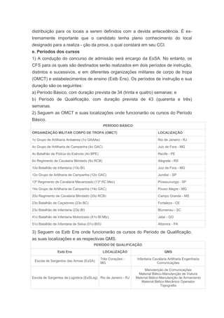 distribuição para os locais a serem definidos com a devida antecedência. É ex-
tremamente importante que o candidato tenha pleno conhecimento do local
designado para a realiza - ção da prova, o qual constará em seu CCI.
e. Períodos dos cursos
1) A condução do concurso de admissão será encargo da EsSA. No entanto, os
CFS para os quais são destinados serão realizados em dois períodos de instrução,
distintos e sucessivos, e em diferentes organizações militares de corpo de tropa
(OMCT) e estabelecimentos de ensino (Estb Ens). Os períodos de instrução e sua
duração são os seguintes:
a) Período Básico, com duração prevista de 34 (trinta e quatro) semanas; e
b) Período de Qualificação, com duração prevista de 43 (quarenta e três)
semanas.
2) Seguem as OMCT e suas localizações onde funcionarão os cursos do Período
Básico.
                                                PERÍODO BÁSICO

ORGANIZAÇÃO MILITAR CORPO DE TROPA (OMCT)                                      LOCALIZAÇÃO

1o Grupo de Artilharia Antiaérea (1o GAAAe)                                    Rio de Janeiro - RJ

4o Grupo de Artilharia de Campanha (4o GAC)                                    Juiz de Fora - MG

4o Batalhão de Polícia do Exército (4o BPE)                                    Recife - PE

6o Regimento de Cavalaria Blindado (6o RCB)                                    Alegrete - RS

10o Batalhão de Infantaria (10o BI)                                            Juiz de Fora - MG

12o Grupo de Artilharia de Campanha (12o GAC)                                  Jundiaí - SP

13º Regimento de Cavalaria Mecanizado (13º RC Mec)                             Pirassununga - SP

14o Grupo de Artilharia de Campanha (14o GAC)                                  Pouso Alegre - MG

20o Regimento de Cavalaria Blindado (20o RCB)                                  Campo Grande - MS

23o Batalhão de Caçadores (23o BC)                                             Fortaleza - CE

23o Batalhão de Infantaria (23o BI)                                            Blumenau - SC

41o Batalhão de Infantaria Motorizado (41o BI Mtz)                             Jataí - GO

51o Batalhão de Infantaria de Selva (51o BIS)                                  Altamira - PA

3) Seguem os Estb Ens onde funcionarão os cursos do Período de Qualificação,
as suas localizações e as respectivas QMS.
                                        PERÍODO DE QUALIFICAÇÃO

                Estb Ens                        LOCALIZAÇÃO                        QMS

                                              Três Corações -    Infantaria Cavalaria Artilharia Engenharia
 Escola de Sargentos das Armas (EsSA)
                                              MG                              Comunicações

                                                                       Manutenção de Comunicações
                                                                  Material Bélico-Manutenção de Viatura
Escola de Sargentos de Logística (EsSLog) Rio de Janeiro - RJ    Material Bélico-Manutenção de Armamento
                                                                    Material Bélico-Mecânico Operador
                                                                                 Topografia
 