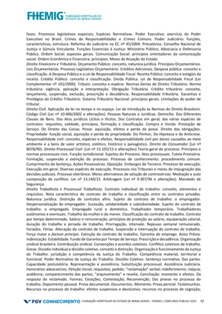 FUNDAÇÃO HOSPITALAR DO ESTADO DE MINAS GERAIS - FHEMIG | CONCURSO PÚBLICO 2023 42
fases; Processos legislativos especiais; Espécies Normativas. Poder Executivo: exercício do Poder
Executivo no Brasil. Crimes de Responsabilidades e Crimes Comuns. Poder Judiciário: funções,
características, estrutura. Reforma do Judiciário na EC nº 45/2004. Precatórios. Conselho Nacional de
Justiça e Súmula Vinculante. Funções Essenciais à Justiça: Ministério Público, Advocacia e Defensoria
Pública. Ordem Social: aspectos gerais. Comunicação Social: princípios orientadores da comunicação
social. Ordem Econômica e Financeira: princípios. Meios de Atuação do Estado.
Direito Financeiro e Tributário. Orçamento Público: conceito, natureza jurídica. Princípios Orçamentários.
Leis Orçamentárias. Processo Legislativo Orçamentário. Créditos Adicionais. Despesa pública: conceito e
classificação. A Despesa Pública e a Lei de Responsabilidade Fiscal. Receita Pública: conceito e estágios da
receita. Crédito Público: conceito e classificação. Dívida Pública. Lei de Responsabilidade Fiscal (Lei
Complementar nº 101/2000). Tributo: conceito e espécie. Normas Gerias de Direito Tributário. Norma
tributária: vigência, aplicação e interpretação. Obrigação Tributária. Crédito tributário: conceito,
lançamento, suspensão, exclusão, prescrição e decadência. Responsabilidade tributária. Garantias e
Privilégios do Crédito Tributário. Sistema Tributário Nacional: princípios gerais. Limitações do poder de
tributar.
Direito Civil. Aplicação da lei no tempo e no espaço. Lei de Introdução às Normas do Direito Brasileiro.
Código Civil (Lei nº 10.406/2002 e alterações). Pessoas Naturais e Jurídicas. Domicílio. Das Diferentes
Classes de Bens. Dos Atos jurídicos Lícitos e Ilícitos. Dos Contratos em geral; das várias espécies de
contratos: requisitos, validade, princípios, formação e classificação. Compra e Venda. Prestação de
Serviço. Do Direito das Coisas. Posse: aquisição, efeitos e perda da posse. Direito das obrigações.
Propriedade: função social, aquisição e perda da propriedade. Do Penhor, Da Hipoteca e da Anticrese.
Responsabilidade civil: conceito, espécies e efeitos. Responsabilidade civil por danos causados ao meio
ambiente e a bens de valor artístico, estético, histórico e paisagístico. Direito do Consumidor (Lei nº
8078/90). Direito Processual Civil: (Lei nº 13.105/15 e alterações) Teoria geral do processo. Princípios e
normas processuais civis. Função Jurisdicional. Sujeitos do Processo. Atos processuais. Tutela Provisória.
Formação, suspensão e extinção do processo. Processo de conhecimento: procedimento comum.
Cumprimento da Sentença. Ações Possessórias. Oposição. Embargos de Terceiro. Processo de execução:
Execução em geral. Diversas espécies de execução. Processos nos Tribunais e meios de impugnação das
decisões judiciais. Processo eletrônico. Meios alternativos de solução de controvérsias. Mediação e auto
composição de conflitos. Lei nº 13.140/15. Arbitragem (Lei nº 9.307/96 e alterações). Mandado de
Segurança.
Direito Trabalhista e Processual Trabalhista. Contrato individual de trabalho: conceito, elementos e
requisitos. Nota característica do contrato de trabalho e classificação entre os contratos privados.
Natureza jurídica. Distinção de contratos afins. Sujeito do contrato de trabalho: o empregador.
Despersonalização do empregador. Sucessão, solidariedade e subsidiariedade. Sujeito do contrato de
trabalho: o empregado. Empregado rural e doméstico. Trabalhador temporário. Trabalhadores
autônomos e eventuais. Trabalho da mulher e do menor. Classificação do contrato de trabalho. Contrato
por tempo determinado. Salário e remuneração: princípios de proteção ao salário, equiparação salarial,
duração do trabalho e jornada de trabalho. Prorrogação. Intervalo. Repouso semanal remunerado.
Feriados. Férias. Alteração do contrato de trabalho. Suspensão e interrupção do contrato de trabalho.
Força maior e factum principis. Extinção do contrato de trabalho. Garantia de emprego. Aviso Prévio.
Indenização. Estabilidade. Fundo de Garantia por Tempo de Serviço. Prescrição e decadência. Organização
sindical brasileira. Contribuição sindical. Convenções e acordos coletivos. Conflitos coletivos de trabalho.
Greve. Dissídio individual e dissídio coletivo: conceito e distinção. Organização e funcionamento da Justiça
do Trabalho: jurisdição e competência da Justiça do Trabalho. Competência material, territorial e
funcional. Poder Normativo da Justiça do Trabalho. Dissídio Coletivo. Sentença normativa. Das partes.
Capacidade postulatória. Representação e assistência. Substituição processual. Assistência Judiciária.
Honorários advocatícios. Petição inicial; requisitos; pedido; “reclamação” verbal; indeferimento; inépcia;
audiência; comparecimento das partes; “arquivamento” e revelia. Conciliação: momento e efeitos. Da
resposta do reclamado. Formas; Exceções; Contestação; Reconvenção; Das provas no processo do
trabalho. Depoimento pessoal. Prova documental. Documentos. Momento. Prova pericial. Testemunhas.
Recursos no processo do trabalho: efeitos suspensivo e devolutivo; recursos no processo de cognição;
 