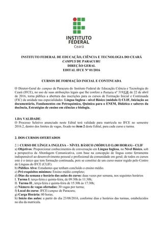 EDITAL IFCE 01/2016 CURSOS DE FORMAÇÃO INICIAL E CONTINUADA-2016.2